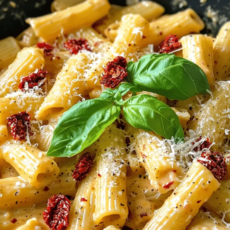 For this creamy sun-dried tomato pasta, you will need: - 8 oz (225g) pasta (penne or fettuccine) - 1 cup sun-dried tomatoes (in oil), drained and chopped - 2 cloves garlic, minced - 1 cup heavy cream - 1/2 cup grated Parmesan cheese - 1/2 teaspoon red pepper flakes (adjust to taste) - Salt and black pepper, to taste - 2 tablespoons olive oil - Fresh basil leaves, for garnish You can make some easy swaps if you want. Here are a few ideas: - Pasta: You can use any pasta shape you like. Bowties or spaghetti work well too. - Sun-Dried Tomatoes: If you don't have jarred ones, you can use fresh tomatoes. Just roast them first. - Heavy Cream: For a lighter option, try using half-and-half or a plant-based cream. - Parmesan Cheese: Any grated hard cheese can stand in, like Pecorino Romano. Choosing the best ingredients makes a big difference. Here are my tips: - Pasta: Look for high-quality pasta made with durum wheat. It holds sauces better. - Sun-Dried Tomatoes: Select ones packed in oil. They add flavor and moisture. - Garlic: Fresh garlic bulbs should feel firm. Avoid soft ones. - Heavy Cream: Go for pure cream without additives for the best flavor. - Basil: Choose fresh basil with bright green leaves. It should smell fragrant. These tips will help you create a delightful and tasty dish! Start by filling a large pot with water. Add enough salt to make the water taste like the sea. Bring this water to a boil. Once boiling, add your pasta. You can use penne or fettuccine. Cook according to the package directions until it is al dente. This means it should be firm but not hard. When done, drain the pasta. Save about 1/2 cup of pasta water to help later. Now, grab a large skillet and heat two tablespoons of olive oil over medium heat. Add two cloves of minced garlic and stir for about one minute. You want it to smell great, but don't let it burn. Next, add one cup of chopped sun-dried tomatoes and 1/2 teaspoon of red pepper flakes. Cook for two to three minutes. This helps blend all the flavors. Lower the heat and pour in one cup of heavy cream. Stir it in well and let it simmer for about three to four minutes. You want the sauce to get a bit thick. Then, add 1/2 cup of grated Parmesan cheese. Stir until it melts into the sauce. If it gets too thick, use some of that reserved pasta water to make it just right. Finally, add the cooked pasta to your skillet. Toss it well to coat every piece with the creamy sauce. Season with salt and black pepper to taste. Make sure it's just how you like it! Serve the pasta on plates. You can top it with fresh basil leaves and an extra sprinkle of Parmesan if you want. Enjoy your creamy sun-dried tomato pasta! To get that smooth and creamy sauce, use heavy cream. It makes a rich base. Heat it over low heat after adding to the pan. Stir often to mix well. This helps the cream blend with the sun-dried tomatoes and garlic. If the sauce is too thick, add some pasta water. This will help loosen it up without losing flavor. Red pepper flakes can change the heat level in your dish. Start with 1/2 teaspoon. Taste the sauce, then adjust as needed. If you enjoy spicy food, add more. If you prefer mild, stick to the smaller amount. Remember, the heat builds, so add slowly for the best results. Fresh herbs can brighten the flavors in your pasta. Basil is a classic choice. Add it right before serving for the best taste. You can also try parsley or chives for a different twist. Just chop them finely and sprinkle on top. This will add color and freshness to your dish. {{image_2}} You can add protein to your creamy sun-dried tomato pasta. Grilled chicken adds a nice flavor and texture. Simply slice cooked chicken and mix it in with the pasta. If you love seafood, shrimp works great too. Sauté shrimp in olive oil until pink, then toss it with the pasta. Both options make this dish more filling and tasty. If you prefer a vegetarian option, skip the meat and boost the veggies. Spinach, zucchini, or mushrooms blend well with the creamy sauce. For a vegan dish, use coconut cream instead of heavy cream. Nutritional yeast can replace Parmesan cheese for a cheesy flavor without dairy. These swaps keep the dish delicious and plant-based. Feel free to switch up the pasta type. Penne and fettuccine are great choices, but you can use spaghetti or even gluten-free pasta. Each type changes the dish's feel but keeps the flavor intact. Just follow the cooking instructions on the package for the best results. With these variations, you can make this creamy sun-dried tomato pasta your own! To keep your creamy sun-dried tomato pasta fresh, store it in an airtight container. Make sure it cools down before sealing. This helps prevent moisture build-up, which can lead to soggy pasta. You can refrigerate it for up to three days. If you want to enjoy it later, freezing is a good option. Yes, you can freeze creamy sun-dried tomato pasta. First, let it cool completely. Then, place the pasta in a freezer-safe container or bag. Squeeze out any extra air to avoid freezer burn. Label it with the date. It will stay good for up to three months. When you are ready to eat, simply thaw it in the fridge overnight. Reheating pasta can be tricky. To keep it creamy, use low heat. Start by adding a splash of water or cream to the pasta in a skillet. Heat it slowly, stirring often. This helps to bring back the creamy texture. You can also microwave it, but cover it loosely to avoid drying out. Stir halfway through for even heating. Enjoy your delicious pasta just as if it were freshly made! Yes, you can use fresh sun-dried tomatoes. However, they need extra care. Fresh sun-dried tomatoes may lack oil. You should add olive oil to your dish. This helps with flavor and moisture. Also, chop them finely for better texture. This pasta pairs well with many sides. Here are some great options: - Garlic bread for a crunchy bite - A fresh green salad for a light touch - Grilled chicken or shrimp for protein - Steamed vegetables like broccoli or asparagus These sides enhance your meal and add variety. To make Creamy Sun-Dried Tomato Pasta lighter, you can try these tips: - Use whole wheat pasta for more fiber - Swap heavy cream for Greek yogurt or low-fat milk - Reduce the amount of cheese or replace it with nutritional yeast - Add more veggies, like spinach or zucchini, to boost nutrition These changes keep the dish tasty while making it healthier. This article covers the key ingredients and instructions to make delicious Creamy Sun-Dried Tomato Pasta. You learned how to select quality ingredients, substitute when needed, and achieve the perfect creamy texture. We also touched on variations for different tastes and protein options. Finally, we discussed proper storage and reheating to keep your dish fresh. Embrace your cooking skills and enjoy your tasty pasta dish. It's all about fun and flavor in the kitchen!