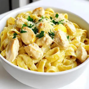 - 2 boneless, skinless chicken breasts, diced - 8 oz (225 g) pasta (fettuccine or penne) - 2 tablespoons olive oil The main ingredients form the base of this dish. The diced chicken gives protein and flavor. You can choose fettuccine or penne, both are great. Olive oil adds richness and helps cook the chicken. - 1 cup heavy cream - 1/2 cup grated Parmesan cheese - Juice and zest of 1 large lemon Heavy cream creates a rich, creamy sauce. Grated Parmesan adds a salty and nutty taste. The lemon juice and zest brighten the dish with fresh flavor. - 1 cup chicken broth - 3 cloves garlic, minced - 1 teaspoon dried thyme - 1/2 teaspoon red pepper flakes (optional) Chicken broth adds depth to the sauce. Garlic gives a sweet, savory note. Dried thyme adds an earthy touch. Red pepper flakes can spice things up, if you like. To start, heat 2 tablespoons of olive oil in a large pot over medium heat. Add 2 diced chicken breasts. Sprinkle with salt and pepper. Cook until the chicken is brown, about 5 to 7 minutes. Once done, remove the chicken and set it aside. This step keeps the chicken juicy and flavorful. In the same pot, add 3 minced garlic cloves. Sauté them for about 1 minute. Be careful not to burn the garlic. Next, pour in 1 cup of chicken broth and scrape any tasty bits from the pot. This adds great flavor. Now, mix in 8 ounces of pasta, 1 cup of heavy cream, the juice, and zest of 1 large lemon. Stir well to combine everything. Bring the mixture to a gentle boil. Then, reduce the heat to low and cover the pot. Cook for about 10 to 12 minutes. Stir occasionally to prevent sticking. You want the pasta to be al dente, which means firm but cooked. The sauce will thicken as it cooks. Once the pasta is ready, stir in the cooked chicken. Add 1/2 cup of grated Parmesan cheese, 1 teaspoon of dried thyme, and 1/2 teaspoon of red pepper flakes if you want some heat. Mix everything well. Taste it and adjust the salt and pepper if needed. Let the pot sit for a couple of minutes. This helps the pasta soak up more sauce. Finally, garnish with fresh chopped parsley before serving. Enjoy your creamy lemon chicken pasta! To make great pasta, cook it until it is al dente. This means it should be firm but not hard. You can test it by biting into a piece. If it feels slightly soft in the center, it is ready. Always taste a piece before draining it. Seasoning your water is key. Add salt to the boiling water before you cook your pasta. This helps the pasta soak up flavor as it cooks. A good rule is to use about one tablespoon of salt per gallon of water. To boost the flavor, consider adding lemon zest. The zest adds a bright, fresh taste. You can also mix in extra herbs. Fresh parsley or basil can work wonders. Just chop them finely and stir them in right before serving. If you want a creamier sauce, add more heavy cream. This will make your dish richer. You can also mix in a splash of pasta water to help blend the sauce better. For serving, use individual bowls. This makes each portion look nice. You can sprinkle extra Parmesan cheese on top for a tasty touch. Garnish with chopped parsley and a bit of lemon zest. This adds color and freshness to the dish. It makes your creamy lemon chicken pasta not only delicious but also beautiful! {{image_2}} You can switch up the pasta types in this dish. Fettuccine and penne work great, but you can try others too. Whole wheat pasta adds a nice texture and flavor. If you're looking for gluten-free options, consider brown rice pasta or chickpea pasta. These alternatives keep the dish tasty while meeting dietary needs. If you want to change the protein, shrimp is a fantastic option. Just cook shrimp until pink and add it to the dish. Tofu is another great choice for a vegetarian meal. It soaks up flavors well and adds protein. You can also skip the protein altogether for a lighter, veggie-focused dish. Adding vegetables can really boost the dish. Spinach or broccoli not only adds color but also nutrients. Just toss them in when you mix the sauce. For cheese lovers, try different cheese varieties like goat cheese or feta. They can add unique flavors that make this pasta even more delightful. To keep your creamy lemon chicken pasta fresh, store it in the fridge. Use an airtight container for the best results. Make sure to cool the pasta before sealing the container. This helps avoid extra moisture. You can keep leftovers for up to three days. When it’s time to enjoy your leftovers, you have two options: the microwave or the stovetop. - Microwave: Place a serving in a microwave-safe dish. Cover it loosely. Heat in short bursts, stirring in between, until warm. - Stovetop: Warm on low heat in a pan. Add a splash of chicken broth or cream to keep it creamy. Stir often to avoid sticking. To maintain that rich creaminess, always add a bit of liquid when reheating. Enjoy your delicious pasta again! This recipe takes about 30 minutes to make. You’ll need 10 minutes to prep the ingredients. The cooking time is around 20 minutes. This quick meal is perfect for busy nights! Yes, you can use whole wheat pasta. It adds a nutty flavor and makes the dish a bit healthier. Just keep an eye on the cooking time, as whole wheat pasta may take longer to cook. You can make this recipe dairy-free. Use coconut milk or a dairy-free cream substitute. You can also skip the cheese or use a dairy-free cheese option to maintain flavor. Serve this pasta with a fresh salad or garlic bread. A light green salad pairs well, adding crunch and color. You can also enjoy it with steamed vegetables for added nutrition. This blog post covered how to make creamy lemon chicken pasta. We detailed the main ingredients, like chicken and pasta, and how to create a rich sauce. I shared cooking tips and suggested variations to fit your taste. You can even store leftovers for a tasty meal later. With these steps, you can enjoy this dish any day. Embrace your kitchen skills and have fun!