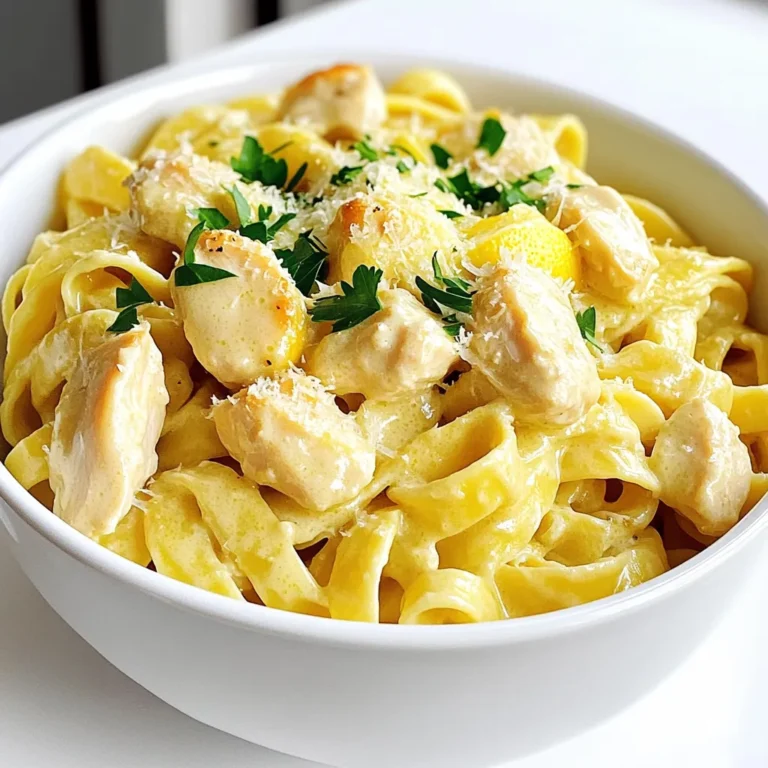 - 2 boneless, skinless chicken breasts, diced - 8 oz (225 g) pasta (fettuccine or penne) - 2 tablespoons olive oil The main ingredients form the base of this dish. The diced chicken gives protein and flavor. You can choose fettuccine or penne, both are great. Olive oil adds richness and helps cook the chicken. - 1 cup heavy cream - 1/2 cup grated Parmesan cheese - Juice and zest of 1 large lemon Heavy cream creates a rich, creamy sauce. Grated Parmesan adds a salty and nutty taste. The lemon juice and zest brighten the dish with fresh flavor. - 1 cup chicken broth - 3 cloves garlic, minced - 1 teaspoon dried thyme - 1/2 teaspoon red pepper flakes (optional) Chicken broth adds depth to the sauce. Garlic gives a sweet, savory note. Dried thyme adds an earthy touch. Red pepper flakes can spice things up, if you like. To start, heat 2 tablespoons of olive oil in a large pot over medium heat. Add 2 diced chicken breasts. Sprinkle with salt and pepper. Cook until the chicken is brown, about 5 to 7 minutes. Once done, remove the chicken and set it aside. This step keeps the chicken juicy and flavorful. In the same pot, add 3 minced garlic cloves. Sauté them for about 1 minute. Be careful not to burn the garlic. Next, pour in 1 cup of chicken broth and scrape any tasty bits from the pot. This adds great flavor. Now, mix in 8 ounces of pasta, 1 cup of heavy cream, the juice, and zest of 1 large lemon. Stir well to combine everything. Bring the mixture to a gentle boil. Then, reduce the heat to low and cover the pot. Cook for about 10 to 12 minutes. Stir occasionally to prevent sticking. You want the pasta to be al dente, which means firm but cooked. The sauce will thicken as it cooks. Once the pasta is ready, stir in the cooked chicken. Add 1/2 cup of grated Parmesan cheese, 1 teaspoon of dried thyme, and 1/2 teaspoon of red pepper flakes if you want some heat. Mix everything well. Taste it and adjust the salt and pepper if needed. Let the pot sit for a couple of minutes. This helps the pasta soak up more sauce. Finally, garnish with fresh chopped parsley before serving. Enjoy your creamy lemon chicken pasta! To make great pasta, cook it until it is al dente. This means it should be firm but not hard. You can test it by biting into a piece. If it feels slightly soft in the center, it is ready. Always taste a piece before draining it. Seasoning your water is key. Add salt to the boiling water before you cook your pasta. This helps the pasta soak up flavor as it cooks. A good rule is to use about one tablespoon of salt per gallon of water. To boost the flavor, consider adding lemon zest. The zest adds a bright, fresh taste. You can also mix in extra herbs. Fresh parsley or basil can work wonders. Just chop them finely and stir them in right before serving. If you want a creamier sauce, add more heavy cream. This will make your dish richer. You can also mix in a splash of pasta water to help blend the sauce better. For serving, use individual bowls. This makes each portion look nice. You can sprinkle extra Parmesan cheese on top for a tasty touch. Garnish with chopped parsley and a bit of lemon zest. This adds color and freshness to the dish. It makes your creamy lemon chicken pasta not only delicious but also beautiful! {{image_2}} You can switch up the pasta types in this dish. Fettuccine and penne work great, but you can try others too. Whole wheat pasta adds a nice texture and flavor. If you're looking for gluten-free options, consider brown rice pasta or chickpea pasta. These alternatives keep the dish tasty while meeting dietary needs. If you want to change the protein, shrimp is a fantastic option. Just cook shrimp until pink and add it to the dish. Tofu is another great choice for a vegetarian meal. It soaks up flavors well and adds protein. You can also skip the protein altogether for a lighter, veggie-focused dish. Adding vegetables can really boost the dish. Spinach or broccoli not only adds color but also nutrients. Just toss them in when you mix the sauce. For cheese lovers, try different cheese varieties like goat cheese or feta. They can add unique flavors that make this pasta even more delightful. To keep your creamy lemon chicken pasta fresh, store it in the fridge. Use an airtight container for the best results. Make sure to cool the pasta before sealing the container. This helps avoid extra moisture. You can keep leftovers for up to three days. When it’s time to enjoy your leftovers, you have two options: the microwave or the stovetop. - Microwave: Place a serving in a microwave-safe dish. Cover it loosely. Heat in short bursts, stirring in between, until warm. - Stovetop: Warm on low heat in a pan. Add a splash of chicken broth or cream to keep it creamy. Stir often to avoid sticking. To maintain that rich creaminess, always add a bit of liquid when reheating. Enjoy your delicious pasta again! This recipe takes about 30 minutes to make. You’ll need 10 minutes to prep the ingredients. The cooking time is around 20 minutes. This quick meal is perfect for busy nights! Yes, you can use whole wheat pasta. It adds a nutty flavor and makes the dish a bit healthier. Just keep an eye on the cooking time, as whole wheat pasta may take longer to cook. You can make this recipe dairy-free. Use coconut milk or a dairy-free cream substitute. You can also skip the cheese or use a dairy-free cheese option to maintain flavor. Serve this pasta with a fresh salad or garlic bread. A light green salad pairs well, adding crunch and color. You can also enjoy it with steamed vegetables for added nutrition. This blog post covered how to make creamy lemon chicken pasta. We detailed the main ingredients, like chicken and pasta, and how to create a rich sauce. I shared cooking tips and suggested variations to fit your taste. You can even store leftovers for a tasty meal later. With these steps, you can enjoy this dish any day. Embrace your kitchen skills and have fun!