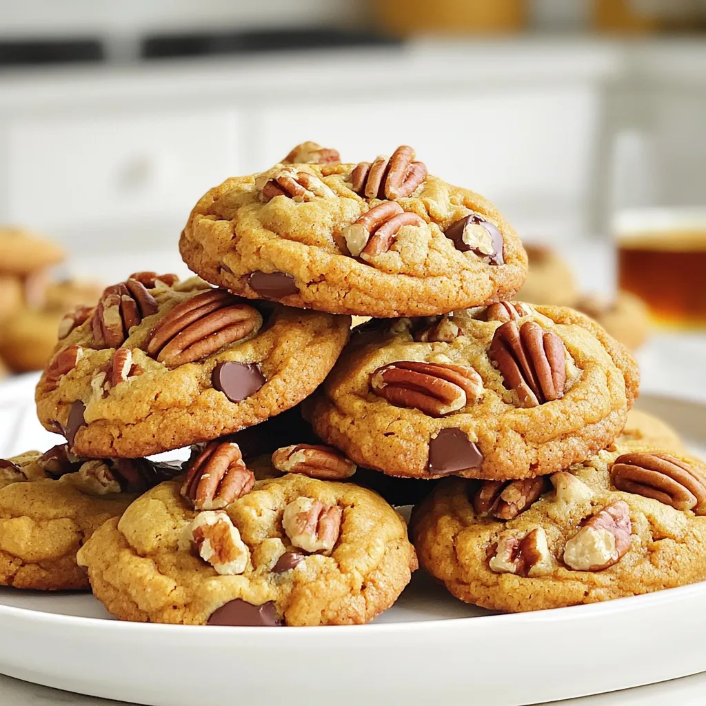 To make these pumpkin pecan cookies, gather these ingredients: - 1 cup pumpkin puree - 1/2 cup brown sugar - 1/2 cup granulated sugar - 1/2 cup unsalted butter, softened - 1 large egg - 1 teaspoon vanilla extract - 2 cups all-purpose flour - 1 teaspoon baking soda - 1 teaspoon baking powder - 1 teaspoon ground cinnamon - 1/2 teaspoon ground nutmeg - 1/2 teaspoon salt - 1 cup chopped pecans - 1/2 cup chocolate chips (optional) You can swap some ingredients if needed. For the butter, try using coconut oil or margarine. If you want a sweeter taste, use maple syrup instead of granulated sugar. If you don’t have pecans, walnuts work well too. You can also use gluten-free flour for a gluten-free version. Want to mix it up? Add chocolate chips for a sweet surprise. You can also throw in dried cranberries or raisins for extra texture. A pinch of sea salt on top after baking adds a nice touch. These options make your cookies unique and fun! Start by preheating your oven to 350°F (175°C). This will get it hot and ready for baking. Next, grab a baking sheet and line it with parchment paper. This helps the cookies not stick. If you don’t have parchment, you can lightly grease the sheet. Make sure you leave some space on the sheet for the cookies to spread. In a large mixing bowl, add 1/2 cup of softened unsalted butter, 1/2 cup of brown sugar, and 1/2 cup of granulated sugar. Use a mixer to cream them together until the mixture is light and fluffy. This step adds air, making your cookies soft. Next, mix in 1 cup of pumpkin puree, 1 large egg, and 1 teaspoon of vanilla extract. Stir these ingredients until everything is well combined. In a separate bowl, whisk together 2 cups of all-purpose flour, 1 teaspoon of baking soda, 1 teaspoon of baking powder, 1 teaspoon of ground cinnamon, 1/2 teaspoon of ground nutmeg, and 1/2 teaspoon of salt. This is your dry mix. Gradually add this dry mix to your wet mixture. Stir until just combined; be careful not to overmix. Finally, fold in 1 cup of chopped pecans and 1/2 cup of chocolate chips if you like. You’re ready to drop tablespoon-sized balls of dough onto your prepared baking sheet. Leave enough space between each cookie so they have room to spread. Bake them for 12–15 minutes, or until the edges are golden brown but the centers still look soft. Let cookies cool on the sheet for a few minutes before moving them to a wire rack. To get soft and chewy cookies, use fresh pumpkin puree. This keeps the dough moist. Mix the butter and sugars until they are light and fluffy. This step adds air, making your cookies rise. When mixing dry and wet ingredients, stir gently. Overmixing can make cookies tough. Letting your dough chill for 30 minutes helps too. It firms up the dough and improves the flavor. To stop cookies from spreading too much, use cold butter. Softened butter works, but cold butter gives more shape. Make sure to space the dough balls well on the baking sheet. Leave about two inches apart. This gives them room to spread without merging. Don’t skip the baking powder. It helps them rise and set. You can also chill the dough before baking for better results. Serve your cookies on a fun plate for a pop of color. Stack them high and drizzle with maple syrup or caramel sauce. This adds sweetness and makes them look fancy. You can also sprinkle extra pecans on top for crunch. For a cozy touch, pair cookies with hot cider or coffee. This makes for a delightful treat on a chilly day. {{image_2}} You can add fun flavors to your pumpkin pecan cookies. Try mixing in spices like ginger or allspice for a warm kick. You can also add dried fruits like cranberries or raisins for a chewy texture. If you want a sweeter touch, stir in white chocolate chips. These flavors can make your cookies feel festive. You can easily make these cookies gluten-free. Just swap the all-purpose flour for a gluten-free blend. Make sure it has a one-to-one ratio for best results. For a vegan version, replace the egg with a flaxseed mixture. Mix one tablespoon of ground flaxseed with three tablespoons of water. Let it sit until it thickens, then add it to your mix. Use vegan butter or coconut oil instead of regular butter. Pecans are great, but feel free to change the nuts. Walnuts, almonds, or hazelnuts work well, too. Just chop them up like you do the pecans. Each nut brings a unique taste and crunch. If you want a nut-free recipe, just leave them out. Your cookies will still be tasty and soft! To keep your pumpkin pecan cookies fresh, store them in an airtight container. This keeps them soft and tasty. Layer the cookies with parchment paper to avoid sticking. Keep the container at room temperature for up to a week. If you want to enjoy them longer, consider freezing. You can freeze both cookie dough and baked cookies. For cookie dough, scoop the dough into balls and place them on a baking sheet. Freeze until solid, then transfer to a zip-top bag. Dough can last for up to three months. When you want fresh cookies, bake them straight from the freezer by adding a few extra minutes to the baking time. For baked cookies, allow them to cool completely. Then, place them in an airtight container or a freezer bag. They can last for up to three months as well. Just thaw them at room temperature before enjoying. If your cookies get a bit hard, don’t worry! You can bring them back to life. Place a slice of bread in the container with the cookies. The cookies will absorb moisture from the bread and soften up. You can also microwave them for a few seconds to warm them up. Just be careful not to overdo it, or they will get too soft. The cookies are done when the edges turn golden brown. The centers should stay soft. You can gently press the center with your finger. If it springs back, the cookies are ready. Remember, they will continue to cook as they cool. Keep an eye on them during baking to avoid overcooking. Yes, you can use canned pumpkin. Canned pumpkin is great for saving time. Just make sure it is pure pumpkin puree, not pumpkin pie filling. This ensures you get the right flavor and texture. Pumpkin adds moisture and a lovely flavor to the cookies. If you want to skip chocolate chips, try dried cranberries or raisins. Both add sweetness and texture. You could use butterscotch chips for a different twist. Feel free to get creative with your favorite mix-ins. Just make sure to keep the balance of flavors. This blog post covered all key aspects of baking your cookies. We explored ingredient options, detailed step-by-step instructions, and useful tips for texture and storage. Remember, small tweaks can make a big difference in flavor. Consider personalizing your cookies with seasonal additions or nut swaps. Follow these tips for delicious results every time. Happy baking!