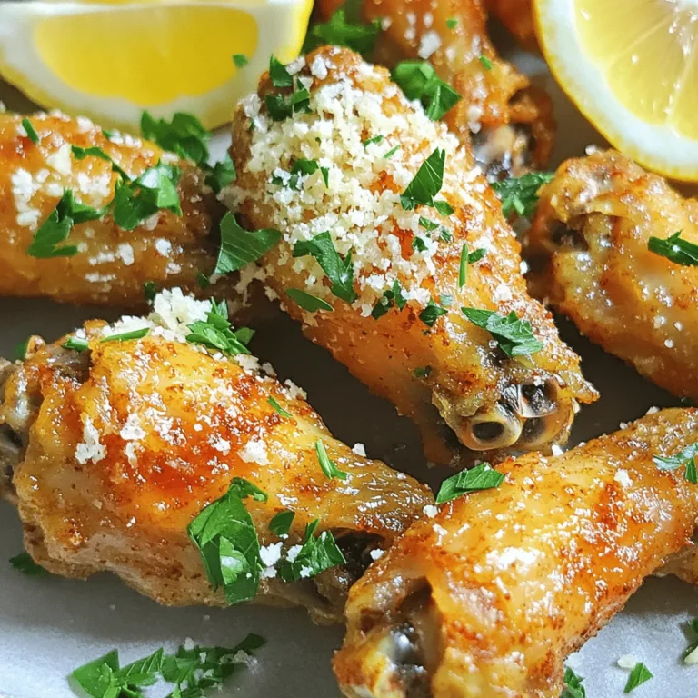 - 2 lbs chicken wings - 2 tablespoons olive oil - 4 cloves garlic, minced - 1/2 cup grated Parmesan cheese - 1 teaspoon garlic powder - 1 teaspoon onion powder - 1 teaspoon paprika - 1/2 teaspoon salt - 1/2 teaspoon pepper - Fresh parsley, chopped (for garnish) - Lemon wedges (for serving) Gathering the right ingredients sets the stage for success. Start with fresh chicken wings. They are the star of the dish. I love using 2 lbs for a hearty serving. Next, grab 2 tablespoons of olive oil. This helps the wings crisp up nicely. Don’t forget the flavor! You need 4 cloves of garlic, minced. Fresh garlic adds a punch. Sprinkle in 1/2 cup of grated Parmesan cheese. It brings richness and depth to every bite. To enhance the taste, use 1 teaspoon each of garlic powder, onion powder, and paprika. These spices create a flavorful blend. Add 1/2 teaspoon of salt and 1/2 teaspoon of pepper. These balance the flavors. For a fresh finish, chop some parsley for garnish. Lastly, have lemon wedges ready. They add a bright zing when served. With these ingredients, you are set for a tasty treat! Set your air fryer to 400°F (200°C). Preheating takes about 5 minutes. This step ensures even cooking and crispy wings. In a large bowl, mix 2 lbs of chicken wings with 2 tablespoons of olive oil. Add 4 minced cloves of garlic, 1 teaspoon of garlic powder, 1 teaspoon of onion powder, 1 teaspoon of paprika, 1/2 teaspoon of salt, and 1/2 teaspoon of pepper. Stir well to coat each wing. Next, sprinkle half of the 1/2 cup of grated Parmesan cheese on top. Toss the wings again to mix everything evenly. Place the prepared chicken wings in a single layer in the air fryer basket. Make sure not to overcrowd them; cook in batches if needed. Air fry for 25-30 minutes. Shake the basket halfway through cooking. This helps them cook evenly. When done, the wings should look golden brown and crispy. In the last 5 minutes, add the remaining Parmesan cheese on top for added flavor. Once cooked, let the wings rest for a few minutes before serving. To make crispy wings, shake the basket halfway through cooking. This step helps the heat circulate better. When you shake, the wings will not stick together. I recommend doing this at around 15 minutes into the cooking time. Doing so gives them that perfect crunch. Want to kick up the flavor? Try adding cayenne pepper for heat or smoked paprika for a deeper taste. You can also use a mix of Italian herbs, like oregano or thyme. If you enjoy dipping sauces, ranch or blue cheese pairs well. A squeeze of lemon juice can brighten the flavors too. Serve your wings with crunchy veggies like carrot and celery sticks. They add a nice texture. You can also plate them with a side of fries or a fresh salad. For garnishing, sprinkle fresh parsley on top for color. Lemon wedges are a great touch. They add a zesty flavor and look nice on the plate. {{image_2}} To make spicy garlic Parmesan wings, simply add heat to your mix. Use cayenne pepper or red pepper flakes. Start with a pinch and adjust to your taste. This heat blends well with the garlic and cheese. You will enjoy a nice kick with each bite. You can cook wings in different ways. The air fryer is fast and gives a crispy outside. The oven takes longer but cooks many wings at once. Both methods can yield great taste. If you love crispy skin, the air fryer is the way to go. You can mix garlic Parmesan with other flavors too. Try BBQ for a sweet twist. Buffalo sauce gives a tangy kick. Teriyaki brings a sweet and savory blend. Each choice gives a fresh taste to this classic recipe. Experiment with your favorite flavors. You’ll find a new family favorite! To keep your wings fresh, place them in an airtight container. Make sure they cool down first. Store the wings in the fridge for up to three days. If you want, you can separate the wings to help them cool faster. This way, they stay tasty and safe to eat. To freeze your chicken wings, let them cool completely. Place them in a freezer-safe bag or container. Remove as much air as possible. Label the bag with the date. You can freeze them for up to three months. When you're ready to eat, thaw them in the fridge overnight before reheating. To reheat the wings, use your air fryer again. Preheat it to 375°F (190°C). Place the wings in a single layer. Heat them for about 10-15 minutes. This keeps them crispy. You can also use an oven. Bake at 350°F (175°C) for 15-20 minutes. Always check that they are hot inside before eating. You should cook chicken wings for 25 to 30 minutes at 400°F (200°C). Factors like wing size and air fryer model can change the cooking time. Always check for a golden brown color and crispy texture. Shaking the basket halfway helps them cook evenly. Yes, you can cook frozen chicken wings in the air fryer. Increase the cooking time to about 30 to 35 minutes. Make sure to shake the basket halfway through for even cooking. This method gives you tasty wings without thawing first. If you need a substitute for Parmesan cheese, try nutritional yeast for a dairy-free option. Grated Pecorino Romano is a great alternative for a similar taste. You can also use crumbled feta cheese for a tangy twist. Choose based on your dietary needs and flavor preferences. In summary, we covered how to make crispy chicken wings in the air fryer. You learned about the key ingredients, step-by-step cooking instructions, and tips for perfecting the recipe. Explore variations like spicy wings or different cooking methods to keep things exciting. Don’t forget storage tips for leftovers and answers to common questions. Enjoy your wings hot, flavorful, and perfectly cooked!