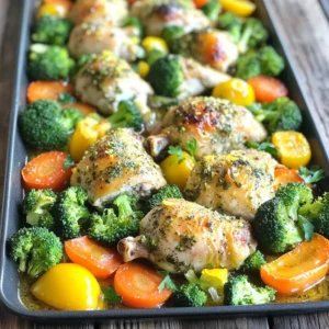 - 4 boneless, skinless chicken breasts - 2 cups broccoli florets - 1 cup carrots, sliced - 1 bell pepper, sliced (any color) - 4 cloves garlic, minced - 1 tablespoon fresh rosemary, minced - 1 tablespoon fresh thyme, minced - 2 tablespoons olive oil - Zest of 1 lemon - Juice of 1 lemon - Salt and pepper to taste - 1 teaspoon paprika (optional for extra flavor) For this easy dinner, I love using fresh and simple ingredients. The chicken breasts serve as a great base. They soak up the marinade and cook nicely. Broccoli, carrots, and bell pepper add color and crunch to the dish. Each veggie brings its own taste and texture. I use garlic to add a strong flavor. Rosemary and thyme give a lovely herb note. Olive oil keeps everything moist and adds richness. The lemon zest and juice brighten the dish with a fresh kick. Salt and pepper are key for seasoning. Paprika is optional but adds a nice touch of warmth. This mix of ingredients makes a meal that is both tasty and healthy. You can swap in your favorite veggies too! - Preheat your oven to 400°F (200°C). Line a large sheet pan with parchment paper. - In a small bowl, mix minced garlic, rosemary, thyme, olive oil, lemon zest, lemon juice, salt, pepper, and paprika. This is your marinade. - Place the chicken breasts in a bowl or a zip-top bag. Pour half of the marinade over the chicken. Let it marinate in the fridge for at least 15 minutes. You can marinate longer for more flavor. - While the chicken marinates, prepare the veggies. Toss broccoli, carrots, and bell peppers in the remaining marinade until they are well coated. - After marinating, arrange the chicken in the center of the sheet pan. Place the marinated veggies around the chicken. Make sure everything is in a single layer. This helps with even cooking. - Bake in the oven for 25-30 minutes. The chicken should reach an internal temperature of 165°F (74°C). The veggies should be tender. If you want a crispy finish, broil for an extra 2-3 minutes. - When done, take the pan out of the oven. Let it rest for 5 minutes before serving. - Serve the chicken and veggies on a large platter. Drizzle any remaining juice from the pan over the top for added flavor. Garnish with fresh herbs and lemon slices for a vibrant look. - Recommended marination time for maximum flavor: Marinate the chicken for at least 15 minutes. For more flavor, try up to 3 hours. - How to enhance the marinade: Add a splash of balsamic vinegar or a dash of honey. These will add a sweet tang that lifts the dish. - Ensuring even cooking: Make sure to spread the chicken and veggies out in a single layer. This helps them cook evenly. - Adjustments for crispy veggies or chicken: Broil the dish for an extra 2-3 minutes at the end. This step adds a nice crisp to the chicken and veggies. - Presentation suggestions for serving: Serve on a large platter for a colorful display. Drizzle the pan juices over the top for extra flavor. - Best garnishes to use: Fresh herbs like parsley or thyme work well. Lemon slices also add a bright touch to the dish. {{image_2}} You can change the veggies to fit the season or your taste. Think about using: - Zucchini - Asparagus - Cauliflower - Cherry tomatoes These choices add a fun twist. You can also boost flavor by adding herbs like basil or parsley. Adding a sprinkle of feta cheese can give it a tasty kick. If you want to switch chicken, try these options: - Turkey breasts - Firm tofu - Salmon fillets Each protein cooks differently. If you use fish, it may need less time. Check the cooking time: - Salmon: 15-20 minutes - Turkey: 30-35 minutes - Tofu: 25-30 minutes Make sure to check the doneness to keep it safe to eat. You can adapt this dish for various diets: - Gluten-free: Use gluten-free soy sauce in the marinade. - Low-carb: Add more non-starchy veggies like spinach or mushrooms. - Dairy-free: This recipe is already dairy-free, which is great! These changes keep the meal healthy while still being delicious. To keep your leftovers fresh, place them in an airtight container. Make sure to cool the dish to room temperature first. This helps prevent moisture buildup, which can make your food soggy. Store the container in the fridge. You can enjoy your leftovers for up to 3 days. If you want to save some for later, freezing is a great option. Allow the dish to cool completely. Then, transfer it to a freezer-safe container or bag. Squeeze out as much air as possible to prevent freezer burn. You can freeze it for up to 3 months. When you're ready to eat, thaw it overnight in the fridge. For reheating, place it in the oven at 350°F (175°C) until hot. You can also use the microwave, but be sure to stir it well to heat evenly. Enjoy your meal without wasting any! Yes, you can use frozen chicken. Just remember to adjust your cooking time. - Thawing Tips: Thaw the chicken overnight in the fridge. This helps keep it safe. - Cooking Tips: If you cook it from frozen, add 10-15 minutes to the baking time. Check for the right temperature. - Even Cooking: Cut the chicken into smaller pieces for faster cooking. You can tell by checking the internal temperature. - Use a Meat Thermometer: Insert the thermometer into the thickest part of the chicken. It should read 165°F (74°C). This ensures it's safe to eat. - Visual Cues: The chicken should not be pink inside. Juices should run clear when you cut into it. - Cook Time: Generally, it takes 25-30 minutes at 400°F (200°C) for the chicken to cook through. Yes, this dish works great for meal prep. - Marinate Ahead: You can marinate the chicken the night before. This adds more flavor. - Prep Veggies: Chop the vegetables a day in advance. Store them in the fridge in a sealed bag. - Reheat Options: You can cook the chicken and veggies ahead. Store them in the fridge for up to 3 days. Reheat in the oven or microwave before serving. This blog post covered a simple, tasty sheet pan meal with chicken and veggies. You learned about the right ingredients, step-by-step prep, and useful cooking tips. I shared some fun variations and storage advice too. Experiment with flavors to suit your taste! You can easily make this dish healthier or fit your diet. With these ideas, you can create delicious meals that are fun and easy. Enjoy making your next sheet pan dinner!