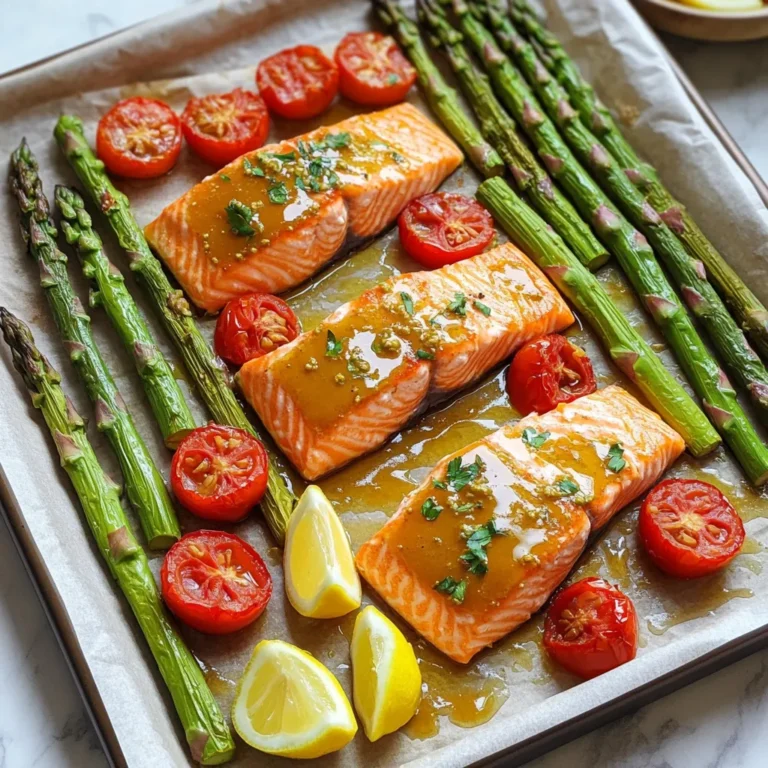 - 4 salmon fillets (about 6 oz each) - 1/4 cup honey - 2 tablespoons Dijon mustard - 1 tablespoon olive oil - 1 tablespoon apple cider vinegar - 2 cloves garlic, minced - 1 teaspoon dried thyme - Salt and pepper to taste - 1 bunch asparagus, trimmed - 1 cup cherry tomatoes, halved - Lemon wedges for serving To make the Sheet-Pan Honey Mustard Salmon Bake, you need fresh salmon fillets. I prefer wild-caught salmon for its taste and health benefits. Honey adds sweetness and a sticky glaze, while Dijon mustard gives a sharp kick. Olive oil helps everything cook evenly. Apple cider vinegar adds brightness to the dish. Don’t forget garlic; it adds great flavor. Dried thyme gives an herby touch. Salt and pepper bring out all the flavors. For veggies, I use asparagus and cherry tomatoes because they roast nicely. They add color and nutrition. Lemon wedges are key for serving. A squeeze of lemon brightens the dish and makes it pop. Together, these ingredients create a delicious meal that is both healthy and pleasing to the eye. 1. Preheating the oven First, set your oven to 400°F (200°C). This step is key for even cooking. 2. Whisking the honey mustard mixture In a small bowl, combine the honey, Dijon mustard, olive oil, apple cider vinegar, garlic, thyme, salt, and pepper. Use a whisk to blend all the ingredients well. This mix will give the salmon a sweet and tangy flavor. 3. Lining the sheet pan Grab a large sheet pan and line it with parchment paper. This makes cleanup a breeze. The paper also helps the food not to stick. 4. Arranging the salmon and vegetables Place the salmon fillets in the center of the lined sheet pan. Make sure to leave space around them. On one side, arrange the trimmed asparagus. On the other, scatter the halved cherry tomatoes. 5. Baking the salmon and vegetables Brush the honey mustard mixture generously over the salmon. Drizzle any leftover mix over the veggies. Sprinkle salt and pepper on the asparagus and tomatoes. Bake everything in the preheated oven for 15-20 minutes. The salmon should flake easily with a fork, and the veggies should be tender. This simple method makes a tasty meal for you and your family. The prep time for this dish is just 10 minutes. You’ll spend this time gathering your ingredients and mixing the honey mustard sauce. The cook time is 15 to 20 minutes. Bake the salmon and veggies at 400°F (200°C) until they are ready to eat. This recipe serves four people. It’s perfect for a family feast or a cozy dinner with friends. Each person will enjoy a salmon fillet, asparagus, and cherry tomatoes, all baked to perfection. {{image_2}} To make the best sheet-pan honey mustard salmon, keep an eye on the time. Salmon cooks quickly at 400°F. Bake it for 15 to 20 minutes. Check if it flakes easily with a fork. If you use thicker fillets, add a few more minutes. This ensures your salmon stays moist and tender. I recommend using fresh or frozen salmon fillets. Look for ones that are bright in color. The skin should be shiny and tight. Wild-caught salmon has a richer flavor. Farmed salmon is also good and often more affordable. Both options work great for this recipe. Want to mix it up? Add different herbs to the honey mustard mix. Fresh dill or parsley can add a nice touch. You can also toss in some lemon zest for extra brightness. If you like heat, try adding a pinch of cayenne pepper. The flavors can be as bold as you like! You can switch up the veggies to match your taste. Broccoli, bell peppers, or green beans work well. For a sweeter touch, try carrots or zucchini. Each choice brings a unique flavor and texture. Just make sure to cut them into similar sizes. This helps all the veggies cook evenly. While honey mustard makes a great base, you can explore other flavors. Try teriyaki sauce for a sweet and savory mix. A lemon-dill blend adds a fresh twist. You can also use a spicy sriracha mix for heat. Each marinade changes the taste of the salmon. This keeps meals exciting and fun. If you have a big family, just double the recipe. Use eight salmon fillets and double the marinade. This way, everyone enjoys a hearty meal. For a smaller group, you can halve the recipe. Just use two salmon fillets and cut the veggies. Adjusting serving sizes is simple and helps reduce waste. Yes, you can use other fish. Try trout or cod. Both have a mild taste and cook well. Adjust the cooking time if you use thicker fish. The flavor of the honey mustard will still shine through. Check the salmon after 15 minutes in the oven. It should flake easily with a fork. The color should change from bright pink to a lighter shade. If you have a meat thermometer, the thickest part should reach 145°F. If you don't have honey mustard, mix equal parts Dijon mustard and honey. You can also try a mix of yellow mustard and maple syrup. Both will give you a sweet and tangy flavor. In this post, we explored how to make a tasty salmon dish using simple ingredients. We covered the steps for prepping and baking your meal, along with tips for perfecting your dish. I shared ideas for variations and answered common questions. Cooking can be fun and easy with this recipe. Enjoy your delicious salmon with fresh veggies. You can impress anyone with this quick meal. Remember to add your favorite twists to make it your own. Happy cooking!
