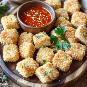 - 14 oz firm tofu, pressed and cut into bite-sized cubes - 1 cup breadcrumbs (use panko for extra crispiness) - 1/2 cup all-purpose flour - 1 teaspoon garlic powder - 1 teaspoon onion powder - 1/2 teaspoon smoked paprika - 1/2 teaspoon salt - 1/4 teaspoon black pepper - 1/2 cup unsweetened plant milk (such as almond or soy) - 1 tablespoon nutritional yeast (optional for added flavor) - Cooking spray The main ingredients are crucial for making these crispy tofu nuggets. Firm tofu gives the right texture. Pressing it removes water, so it gets crispy. Panko breadcrumbs provide a crunchy coating. All-purpose flour binds everything together. For seasoning, I use garlic powder and onion powder for aroma and flavor. Smoked paprika adds a little warmth and depth. Salt and black pepper enhance all the flavors. The plant milk helps the coating stick. Almond or soy works best. Nutritional yeast is optional but adds a cheesy taste. Lastly, cooking spray helps achieve that crispy finish in the air fryer. Pressing Tofu Start by pressing the tofu. This step removes extra water. Wrap the tofu in a clean kitchen towel. Place a heavy object on top, like a cast-iron skillet. Let it sit for at least 30 minutes. This makes the tofu firm and helps it absorb flavors. Cutting into Cubes After pressing, cut the tofu into 1-inch cubes. Use a sharp knife for clean cuts. Even cubes ensure they cook evenly. This size is perfect for dipping and snacking. Mixing Dry Ingredients In a medium bowl, combine the dry ingredients. Mix 1/2 cup all-purpose flour, 1/4 cup cornstarch, 1 teaspoon garlic powder, 1 teaspoon onion powder, 1/2 teaspoon smoked paprika, 1/2 teaspoon salt, and 1/4 teaspoon black pepper. Stir well to blend all flavors. This mix gives the nuggets a tasty crust. Dipping in Plant Milk Pour 1/2 cup of unsweetened plant milk into another bowl. You can use almond or soy milk. Dip each tofu cube into the plant milk. Make sure it’s fully coated. This step helps the dry mix stick to the tofu. Coating with Breadcrumbs In a third bowl, place 1 cup of breadcrumbs. If you want extra crunch, use panko breadcrumbs. Take each tofu cube from the plant milk. Roll it in the breadcrumbs, pressing gently to coat well. This creates a crispy layer. Preheating the Air Fryer Now, preheat your air fryer to 400°F (200°C). This is key for getting crispy nuggets. A hot fryer cooks them evenly. Cooking Time and Temperature Place the coated tofu nuggets in a single layer in the air fryer basket. Lightly spray them with cooking spray to help them crisp up. Cook at 400°F for 12-15 minutes. They should turn golden brown when done. Flipping for Even Cooking Halfway through cooking, flip the nuggets. This helps them brown evenly on both sides. Use tongs to avoid burning your fingers. Once they’re crispy and golden, carefully take them out to cool for a minute. To make your tofu nuggets super crispy, start by pressing the tofu. This step removes excess water, letting the tofu soak up more flavor. Press the tofu for at least 30 minutes. Use a heavy object, like a cast iron skillet, to help. Next, use panko breadcrumbs instead of regular ones. Panko breadcrumbs are light and airy. They create a crunchier texture. Combine them with nutritional yeast for an extra flavor boost if you want. Using cooking spray is key for even cooking. It helps the nuggets turn golden brown on all sides. Lightly spray the nuggets before cooking. This step improves texture without adding too much fat. If you don’t have cooking spray, use olive oil. Just brush a small amount over the nuggets. This method also works well for crispiness. You can even use an oil mister for a fine coat. For the best dipping sauces, try sweet chili sauce or tahini dressing. Both add a tasty contrast to the crispy nuggets. You can also mix soy sauce with a bit of sesame oil for a simple dip. Garnish your nuggets with fresh parsley or sesame seeds. These add color and make your dish look fancy. Serve them on a nice platter for a fun snack or appetizer! {{image_2}} You can boost your tofu nuggets with different flavors. One fun option is spicy tofu nuggets. To make them spicy, simply add cayenne pepper or chili powder to your flour mix. You can adjust the heat to your liking. This gives the nuggets a kick and makes them exciting to eat. Another option is herb-infused nuggets. Add dried herbs like oregano, thyme, or basil to the breadcrumb mix. This adds freshness and flavor. You can even use fresh herbs if you have them. Both variations will keep your snacks interesting. If you need gluten-free options, you can easily swap ingredients. Use gluten-free breadcrumbs instead of regular ones. They still give a great crunch. For the flour, try almond flour or coconut flour. These options make the nuggets crispy without gluten. You can also make your tofu nuggets more nutritious by adding vegetables. Chopped spinach, grated carrots, or bell peppers mix well. Just make sure to chop them small so they cook evenly. This adds color and extra taste to your nuggets. Finally, consider using different types of tofu. Firm tofu works best, but silken tofu can be fun too. It gives a creamy texture. Just make sure to adjust the cooking time. Each type of tofu brings its unique flavor and texture, making your nuggets even better. To keep your tofu nuggets fresh, store them in an air-tight container. This helps seal in moisture and flavor. I recommend using a glass or plastic container with a lid. The nuggets stay good in the fridge for about 3 to 5 days. When reheating, the air fryer works best. Set it to 350°F (175°C) and heat for about 5 minutes. This keeps the nuggets crispy. If you use a microwave, place them on a plate. Heat on high for 30 seconds to 1 minute. This method may make them softer. You can freeze tofu nuggets before or after cooking. If freezing uncooked, arrange them in a single layer on a baking sheet. Once frozen, transfer them to a freezer bag. If you freeze cooked nuggets, let them cool first. Store them in an air-tight container. For thawing, place frozen nuggets in the fridge overnight. This method helps maintain texture. You can also reheat from frozen in the air fryer, adding a few extra minutes to the cook time. To make crispy tofu, start with firm tofu. Press it for at least 30 minutes to remove moisture. Cut it into 1-inch cubes. In a bowl, mix flour, cornstarch, garlic powder, onion powder, smoked paprika, salt, and black pepper. Dip each tofu cube in the flour mix, then in plant milk, and finally coat with breadcrumbs. Place them in your air fryer basket. Cook at 400°F for 12-15 minutes, flipping halfway through. This method gives you crispy, golden nuggets. Yes, you can use frozen tofu! Freezing changes the texture, making it spongier. Thaw the tofu first, then press it to remove excess moisture. The process is similar, but it may absorb more flavor. This can enhance your crispy tofu nuggets. Some excellent sauces to pair with crispy tofu include sweet chili sauce, tahini dressing, and soy sauce. You can also try spicy sriracha or a creamy peanut sauce. These dips add flavor and complement the crispy texture perfectly. Air fryer crispy tofu nuggets can last about 3-5 days in the fridge. Store them in an airtight container to keep them fresh. They are best enjoyed right after cooking, but you can save leftovers for later. Absolutely! You can use any unsweetened plant milk, like almond, soy, or oat milk. Each type of milk adds a slightly different taste, so feel free to experiment. This flexibility helps you customize the flavor of your crispy tofu nuggets. Tofu nuggets are simple to make and taste great. You learned about key ingredients, like firm tofu and Panko breadcrumbs, and how to prepare them step by step. Tips on crispiness and storage will help you make the best nuggets. Don't forget the fun variations and serving ideas. Enjoy creating tasty, healthy meals that everyone will love!