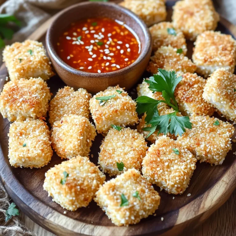 - 14 oz firm tofu, pressed and cut into bite-sized cubes - 1 cup breadcrumbs (use panko for extra crispiness) - 1/2 cup all-purpose flour - 1 teaspoon garlic powder - 1 teaspoon onion powder - 1/2 teaspoon smoked paprika - 1/2 teaspoon salt - 1/4 teaspoon black pepper - 1/2 cup unsweetened plant milk (such as almond or soy) - 1 tablespoon nutritional yeast (optional for added flavor) - Cooking spray The main ingredients are crucial for making these crispy tofu nuggets. Firm tofu gives the right texture. Pressing it removes water, so it gets crispy. Panko breadcrumbs provide a crunchy coating. All-purpose flour binds everything together. For seasoning, I use garlic powder and onion powder for aroma and flavor. Smoked paprika adds a little warmth and depth. Salt and black pepper enhance all the flavors. The plant milk helps the coating stick. Almond or soy works best. Nutritional yeast is optional but adds a cheesy taste. Lastly, cooking spray helps achieve that crispy finish in the air fryer. Pressing Tofu Start by pressing the tofu. This step removes extra water. Wrap the tofu in a clean kitchen towel. Place a heavy object on top, like a cast-iron skillet. Let it sit for at least 30 minutes. This makes the tofu firm and helps it absorb flavors. Cutting into Cubes After pressing, cut the tofu into 1-inch cubes. Use a sharp knife for clean cuts. Even cubes ensure they cook evenly. This size is perfect for dipping and snacking. Mixing Dry Ingredients In a medium bowl, combine the dry ingredients. Mix 1/2 cup all-purpose flour, 1/4 cup cornstarch, 1 teaspoon garlic powder, 1 teaspoon onion powder, 1/2 teaspoon smoked paprika, 1/2 teaspoon salt, and 1/4 teaspoon black pepper. Stir well to blend all flavors. This mix gives the nuggets a tasty crust. Dipping in Plant Milk Pour 1/2 cup of unsweetened plant milk into another bowl. You can use almond or soy milk. Dip each tofu cube into the plant milk. Make sure it’s fully coated. This step helps the dry mix stick to the tofu. Coating with Breadcrumbs In a third bowl, place 1 cup of breadcrumbs. If you want extra crunch, use panko breadcrumbs. Take each tofu cube from the plant milk. Roll it in the breadcrumbs, pressing gently to coat well. This creates a crispy layer. Preheating the Air Fryer Now, preheat your air fryer to 400°F (200°C). This is key for getting crispy nuggets. A hot fryer cooks them evenly. Cooking Time and Temperature Place the coated tofu nuggets in a single layer in the air fryer basket. Lightly spray them with cooking spray to help them crisp up. Cook at 400°F for 12-15 minutes. They should turn golden brown when done. Flipping for Even Cooking Halfway through cooking, flip the nuggets. This helps them brown evenly on both sides. Use tongs to avoid burning your fingers. Once they’re crispy and golden, carefully take them out to cool for a minute. To make your tofu nuggets super crispy, start by pressing the tofu. This step removes excess water, letting the tofu soak up more flavor. Press the tofu for at least 30 minutes. Use a heavy object, like a cast iron skillet, to help. Next, use panko breadcrumbs instead of regular ones. Panko breadcrumbs are light and airy. They create a crunchier texture. Combine them with nutritional yeast for an extra flavor boost if you want. Using cooking spray is key for even cooking. It helps the nuggets turn golden brown on all sides. Lightly spray the nuggets before cooking. This step improves texture without adding too much fat. If you don’t have cooking spray, use olive oil. Just brush a small amount over the nuggets. This method also works well for crispiness. You can even use an oil mister for a fine coat. For the best dipping sauces, try sweet chili sauce or tahini dressing. Both add a tasty contrast to the crispy nuggets. You can also mix soy sauce with a bit of sesame oil for a simple dip. Garnish your nuggets with fresh parsley or sesame seeds. These add color and make your dish look fancy. Serve them on a nice platter for a fun snack or appetizer! {{image_2}} You can boost your tofu nuggets with different flavors. One fun option is spicy tofu nuggets. To make them spicy, simply add cayenne pepper or chili powder to your flour mix. You can adjust the heat to your liking. This gives the nuggets a kick and makes them exciting to eat. Another option is herb-infused nuggets. Add dried herbs like oregano, thyme, or basil to the breadcrumb mix. This adds freshness and flavor. You can even use fresh herbs if you have them. Both variations will keep your snacks interesting. If you need gluten-free options, you can easily swap ingredients. Use gluten-free breadcrumbs instead of regular ones. They still give a great crunch. For the flour, try almond flour or coconut flour. These options make the nuggets crispy without gluten. You can also make your tofu nuggets more nutritious by adding vegetables. Chopped spinach, grated carrots, or bell peppers mix well. Just make sure to chop them small so they cook evenly. This adds color and extra taste to your nuggets. Finally, consider using different types of tofu. Firm tofu works best, but silken tofu can be fun too. It gives a creamy texture. Just make sure to adjust the cooking time. Each type of tofu brings its unique flavor and texture, making your nuggets even better. To keep your tofu nuggets fresh, store them in an air-tight container. This helps seal in moisture and flavor. I recommend using a glass or plastic container with a lid. The nuggets stay good in the fridge for about 3 to 5 days. When reheating, the air fryer works best. Set it to 350°F (175°C) and heat for about 5 minutes. This keeps the nuggets crispy. If you use a microwave, place them on a plate. Heat on high for 30 seconds to 1 minute. This method may make them softer. You can freeze tofu nuggets before or after cooking. If freezing uncooked, arrange them in a single layer on a baking sheet. Once frozen, transfer them to a freezer bag. If you freeze cooked nuggets, let them cool first. Store them in an air-tight container. For thawing, place frozen nuggets in the fridge overnight. This method helps maintain texture. You can also reheat from frozen in the air fryer, adding a few extra minutes to the cook time. To make crispy tofu, start with firm tofu. Press it for at least 30 minutes to remove moisture. Cut it into 1-inch cubes. In a bowl, mix flour, cornstarch, garlic powder, onion powder, smoked paprika, salt, and black pepper. Dip each tofu cube in the flour mix, then in plant milk, and finally coat with breadcrumbs. Place them in your air fryer basket. Cook at 400°F for 12-15 minutes, flipping halfway through. This method gives you crispy, golden nuggets. Yes, you can use frozen tofu! Freezing changes the texture, making it spongier. Thaw the tofu first, then press it to remove excess moisture. The process is similar, but it may absorb more flavor. This can enhance your crispy tofu nuggets. Some excellent sauces to pair with crispy tofu include sweet chili sauce, tahini dressing, and soy sauce. You can also try spicy sriracha or a creamy peanut sauce. These dips add flavor and complement the crispy texture perfectly. Air fryer crispy tofu nuggets can last about 3-5 days in the fridge. Store them in an airtight container to keep them fresh. They are best enjoyed right after cooking, but you can save leftovers for later. Absolutely! You can use any unsweetened plant milk, like almond, soy, or oat milk. Each type of milk adds a slightly different taste, so feel free to experiment. This flexibility helps you customize the flavor of your crispy tofu nuggets. Tofu nuggets are simple to make and taste great. You learned about key ingredients, like firm tofu and Panko breadcrumbs, and how to prepare them step by step. Tips on crispiness and storage will help you make the best nuggets. Don't forget the fun variations and serving ideas. Enjoy creating tasty, healthy meals that everyone will love!