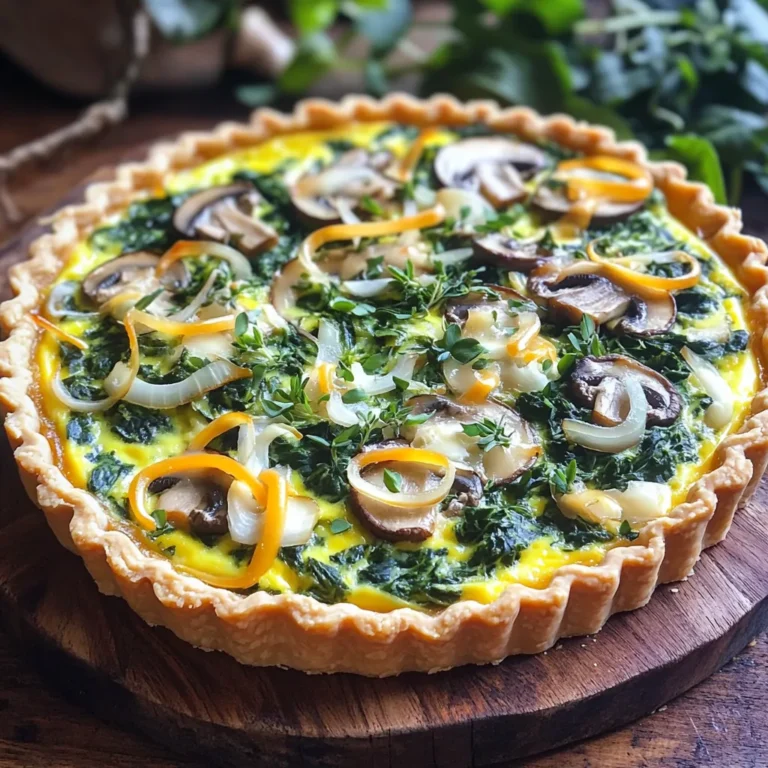 - 1 pre-made pie crust (or homemade if preferred) - 2 cups fresh spinach, chopped - 1 cup mushrooms, sliced - 1 small onion, finely chopped - 3 large eggs - 1 cup heavy cream (or half-and-half for a lighter version) - 1 cup shredded cheese (such as Gruyère or cheddar) - 1 teaspoon garlic powder - Salt and pepper to taste - 1 tablespoon olive oil - Fresh herbs (such as thyme or parsley) for garnish To make a great Mushroom Spinach Quiche, you need fresh ingredients. The pie crust is the base. You can use a pre-made crust for ease. If you're feeling adventurous, make a homemade crust. Fresh spinach adds color and nutrition. Choose vibrant green spinach for the best flavor. Mushrooms give the quiche a nice earthiness. Use any variety you like, but button or cremini work well. Onions add sweetness when cooked. They pair well with garlic powder, which brings a nice depth of flavor. Eggs and heavy cream create a creamy filling. The eggs set the quiche, while the cream makes it rich. Cheese is essential for that gooey, melty goodness. Gruyère has a nutty taste, while cheddar is always a favorite. Season with salt and pepper to enhance all the flavors. Finally, olive oil helps sauté the veggies and adds healthy fats. Fresh herbs like thyme or parsley make a lovely garnish. They also add a fresh touch to each slice. 1. Preheat the oven and prepare the pie crust Start by setting your oven to 375°F (190°C). If you use a frozen pie crust, it’s best to let it thaw. You want the crust ready for the filling. 2. Sautéing the onion, mushrooms, and spinach In a skillet, add 1 tablespoon of olive oil and heat over medium heat. Once hot, add 1 small, finely chopped onion. Cook for about 3-4 minutes until it turns translucent. Next, add 1 cup of sliced mushrooms. Sauté these for another 3-4 minutes until soft. Finally, stir in 2 cups of chopped spinach. Cook until it wilts, then set aside to cool a bit. 3. Mixing the egg and cream filling In a mixing bowl, whisk together 3 large eggs and 1 cup of heavy cream. Add in 1 teaspoon of garlic powder, salt, and pepper to taste. Mix until well combined. Fold in the sautéed onion, mushrooms, and spinach mixture. Lastly, add in 1 cup of shredded cheese, like Gruyère or cheddar. Ensure everything is mixed evenly. 1. Pouring the filling into the crust Take your prepared pie crust and pour the filling into it. Use a spatula to spread the filling evenly across the crust. 2. Baking time and temperature details Place the quiche in the oven and bake for 25-30 minutes. The top should look golden brown. To check if it’s done, insert a toothpick in the center. If it comes out clean, your quiche is ready. 3. Cooling and slicing the quiche Once baked, let the quiche cool for a few minutes. This helps it set. After cooling, slice it into wedges. You can garnish each slice with fresh herbs for a nice touch. To make a great quiche, start with the crust. A flaky crust holds the filling well. If you use a pre-made crust, look for one that is all-butter for the best taste. If you make your own, chill the dough before rolling it out. This keeps it flaky. Next, sauté your vegetables properly. Heat olive oil over medium heat. Add onion and cook until soft. This takes about 3-4 minutes. Then add sliced mushrooms and cook until they are tender. Finally, stir in the spinach and cook until it wilts. This step brings out their flavors. For the custard, beat eggs and mix them with cream. Whisk them until they blend well. The mixture should be smooth but not too airy. Add garlic powder, salt, and pepper for seasoning. This will give your quiche a rich taste. Pair your quiche with a fresh salad. A simple green salad works well. It adds crunch and color to your meal. You can also serve it with roasted vegetables for a heartier side. For garnishing, sprinkle fresh herbs like thyme or parsley on top. This adds a pop of color and flavor. You can use a sharp knife to cut the slices. A pie server helps to lift them out cleanly. Try serving the quiche on a pretty platter. It makes your meal look inviting. Additionally, you can add a dollop of sour cream or yogurt on the side. This adds creaminess and a nice tang. {{image_2}} You can easily make this quiche fit your diet. For a gluten-free crust, use almond flour or a store-bought gluten-free pie crust. These options give you a great base without gluten. If you want a dairy-free filling, try using almond milk or coconut cream instead of heavy cream. You can also use dairy-free cheese for a tasty twist. These swaps make the quiche light but still creamy. To boost flavor, consider adding fresh herbs like basil, oregano, or dill. These herbs add depth and freshness. You can also try spices like paprika or nutmeg for a warm, rich taste. If you want to mix it up, add other veggies. Bell peppers, zucchini, or tomatoes work well. For protein, try cooked bacon or diced ham. These additions will make your quiche even more filling and delicious. To keep your mushroom spinach quiche fresh, follow these steps: - Refrigeration: Let the quiche cool to room temperature. Wrap it tightly in plastic wrap or cover it with aluminum foil. Store it in the fridge for up to 3 days. Proper sealing helps keep the quiche moist and tasty. - Freezing: If you want to store the quiche longer, freezing is a great option. Slice the quiche into individual portions. Wrap each slice in plastic wrap and then in aluminum foil. Place the wrapped slices in a freezer-safe bag. You can freeze them for up to 2 months. This way, you have a quick meal ready anytime. When you’re ready to enjoy your quiche again, here's how to reheat it: - Oven Method: Preheat your oven to 350°F (175°C). Place the quiche on a baking sheet. Cover it loosely with foil to prevent burning. Heat for about 15-20 minutes, or until it is warm all the way through. This method keeps the crust crispy. - Microwave Method: For a faster option, you can use the microwave. Place a slice on a microwave-safe plate. Heat it on medium for 1-2 minutes. Check if it's warm enough. If not, heat in 30-second intervals. This method may soften the crust, but it’s quick. - Serving Temperature: Quiche is best enjoyed warm. Aim for an internal temperature of about 165°F (74°C). This ensures it's safe and delicious. How do I ensure my quiche doesn’t get soggy? To prevent a soggy quiche, bake the crust first. Pre-baking it for about 10 minutes helps. Use a fork to poke holes in the crust. This allows steam to escape. Also, make sure to drain any extra moisture from the mushrooms and spinach after cooking. This keeps the filling firm. Can I make quiche ahead of time? Yes, you can make quiche ahead of time. You can prepare it the night before and store it in the fridge. Just cover it well to keep it fresh. You can also freeze it. Wrap it tightly and store it for up to three months. When ready to eat, bake it straight from the fridge or thaw it overnight. What are great side dishes to serve with quiche? Quiche pairs well with several side dishes. A fresh green salad adds crunch and color. You can also serve it with roasted vegetables for a hearty meal. For something light, try sliced tomatoes or a fruit salad. Each of these sides adds balance to your meal. Calorie count and serving size considerations Each slice of this quiche has about 300 calories. The total recipe serves six, so it’s great for a family meal. Keep in mind that the calorie count can change based on the cheese and cream you use. Key nutritional benefits of the ingredients used This quiche is packed with nutrients. Spinach provides iron and vitamins A and C. Mushrooms add fiber and antioxidants. Eggs are a great source of protein, and cheese gives calcium. Together, these ingredients create a tasty and nutritious dish. In this blog post, we explored how to make a delicious mushroom and spinach quiche. You learned about essential ingredients like fresh veggies and eggs. I shared step-by-step instructions for preparation and baking, along with tips to perfect your quiche. You also discovered variations for dietary needs and proper storage methods. Quiche is great for any meal and easy to customize. Try it out and enjoy a tasty dish that fits your style!