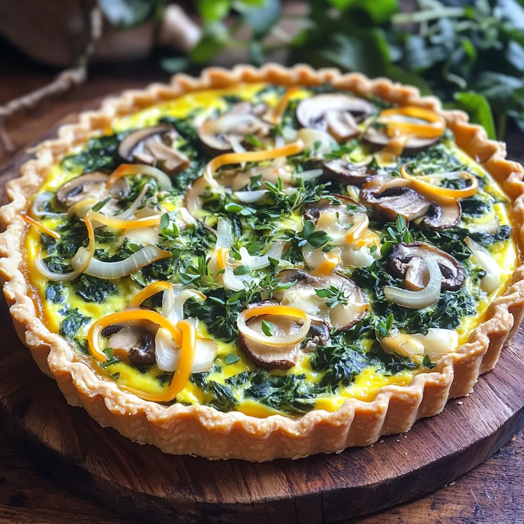 - 1 pre-made pie crust (or homemade if preferred) - 2 cups fresh spinach, chopped - 1 cup mushrooms, sliced - 1 small onion, finely chopped - 3 large eggs - 1 cup heavy cream (or half-and-half for a lighter version) - 1 cup shredded cheese (such as Gruyère or cheddar) - 1 teaspoon garlic powder - Salt and pepper to taste - 1 tablespoon olive oil - Fresh herbs (such as thyme or parsley) for garnish To make a great Mushroom Spinach Quiche, you need fresh ingredients. The pie crust is the base. You can use a pre-made crust for ease. If you're feeling adventurous, make a homemade crust. Fresh spinach adds color and nutrition. Choose vibrant green spinach for the best flavor. Mushrooms give the quiche a nice earthiness. Use any variety you like, but button or cremini work well. Onions add sweetness when cooked. They pair well with garlic powder, which brings a nice depth of flavor. Eggs and heavy cream create a creamy filling. The eggs set the quiche, while the cream makes it rich. Cheese is essential for that gooey, melty goodness. Gruyère has a nutty taste, while cheddar is always a favorite. Season with salt and pepper to enhance all the flavors. Finally, olive oil helps sauté the veggies and adds healthy fats. Fresh herbs like thyme or parsley make a lovely garnish. They also add a fresh touch to each slice. 1. Preheat the oven and prepare the pie crust Start by setting your oven to 375°F (190°C). If you use a frozen pie crust, it’s best to let it thaw. You want the crust ready for the filling. 2. Sautéing the onion, mushrooms, and spinach In a skillet, add 1 tablespoon of olive oil and heat over medium heat. Once hot, add 1 small, finely chopped onion. Cook for about 3-4 minutes until it turns translucent. Next, add 1 cup of sliced mushrooms. Sauté these for another 3-4 minutes until soft. Finally, stir in 2 cups of chopped spinach. Cook until it wilts, then set aside to cool a bit. 3. Mixing the egg and cream filling In a mixing bowl, whisk together 3 large eggs and 1 cup of heavy cream. Add in 1 teaspoon of garlic powder, salt, and pepper to taste. Mix until well combined. Fold in the sautéed onion, mushrooms, and spinach mixture. Lastly, add in 1 cup of shredded cheese, like Gruyère or cheddar. Ensure everything is mixed evenly. 1. Pouring the filling into the crust Take your prepared pie crust and pour the filling into it. Use a spatula to spread the filling evenly across the crust. 2. Baking time and temperature details Place the quiche in the oven and bake for 25-30 minutes. The top should look golden brown. To check if it’s done, insert a toothpick in the center. If it comes out clean, your quiche is ready. 3. Cooling and slicing the quiche Once baked, let the quiche cool for a few minutes. This helps it set. After cooling, slice it into wedges. You can garnish each slice with fresh herbs for a nice touch. To make a great quiche, start with the crust. A flaky crust holds the filling well. If you use a pre-made crust, look for one that is all-butter for the best taste. If you make your own, chill the dough before rolling it out. This keeps it flaky. Next, sauté your vegetables properly. Heat olive oil over medium heat. Add onion and cook until soft. This takes about 3-4 minutes. Then add sliced mushrooms and cook until they are tender. Finally, stir in the spinach and cook until it wilts. This step brings out their flavors. For the custard, beat eggs and mix them with cream. Whisk them until they blend well. The mixture should be smooth but not too airy. Add garlic powder, salt, and pepper for seasoning. This will give your quiche a rich taste. Pair your quiche with a fresh salad. A simple green salad works well. It adds crunch and color to your meal. You can also serve it with roasted vegetables for a heartier side. For garnishing, sprinkle fresh herbs like thyme or parsley on top. This adds a pop of color and flavor. You can use a sharp knife to cut the slices. A pie server helps to lift them out cleanly. Try serving the quiche on a pretty platter. It makes your meal look inviting. Additionally, you can add a dollop of sour cream or yogurt on the side. This adds creaminess and a nice tang. {{image_2}} You can easily make this quiche fit your diet. For a gluten-free crust, use almond flour or a store-bought gluten-free pie crust. These options give you a great base without gluten. If you want a dairy-free filling, try using almond milk or coconut cream instead of heavy cream. You can also use dairy-free cheese for a tasty twist. These swaps make the quiche light but still creamy. To boost flavor, consider adding fresh herbs like basil, oregano, or dill. These herbs add depth and freshness. You can also try spices like paprika or nutmeg for a warm, rich taste. If you want to mix it up, add other veggies. Bell peppers, zucchini, or tomatoes work well. For protein, try cooked bacon or diced ham. These additions will make your quiche even more filling and delicious. To keep your mushroom spinach quiche fresh, follow these steps: - Refrigeration: Let the quiche cool to room temperature. Wrap it tightly in plastic wrap or cover it with aluminum foil. Store it in the fridge for up to 3 days. Proper sealing helps keep the quiche moist and tasty. - Freezing: If you want to store the quiche longer, freezing is a great option. Slice the quiche into individual portions. Wrap each slice in plastic wrap and then in aluminum foil. Place the wrapped slices in a freezer-safe bag. You can freeze them for up to 2 months. This way, you have a quick meal ready anytime. When you’re ready to enjoy your quiche again, here's how to reheat it: - Oven Method: Preheat your oven to 350°F (175°C). Place the quiche on a baking sheet. Cover it loosely with foil to prevent burning. Heat for about 15-20 minutes, or until it is warm all the way through. This method keeps the crust crispy. - Microwave Method: For a faster option, you can use the microwave. Place a slice on a microwave-safe plate. Heat it on medium for 1-2 minutes. Check if it's warm enough. If not, heat in 30-second intervals. This method may soften the crust, but it’s quick. - Serving Temperature: Quiche is best enjoyed warm. Aim for an internal temperature of about 165°F (74°C). This ensures it's safe and delicious. How do I ensure my quiche doesn’t get soggy? To prevent a soggy quiche, bake the crust first. Pre-baking it for about 10 minutes helps. Use a fork to poke holes in the crust. This allows steam to escape. Also, make sure to drain any extra moisture from the mushrooms and spinach after cooking. This keeps the filling firm. Can I make quiche ahead of time? Yes, you can make quiche ahead of time. You can prepare it the night before and store it in the fridge. Just cover it well to keep it fresh. You can also freeze it. Wrap it tightly and store it for up to three months. When ready to eat, bake it straight from the fridge or thaw it overnight. What are great side dishes to serve with quiche? Quiche pairs well with several side dishes. A fresh green salad adds crunch and color. You can also serve it with roasted vegetables for a hearty meal. For something light, try sliced tomatoes or a fruit salad. Each of these sides adds balance to your meal. Calorie count and serving size considerations Each slice of this quiche has about 300 calories. The total recipe serves six, so it’s great for a family meal. Keep in mind that the calorie count can change based on the cheese and cream you use. Key nutritional benefits of the ingredients used This quiche is packed with nutrients. Spinach provides iron and vitamins A and C. Mushrooms add fiber and antioxidants. Eggs are a great source of protein, and cheese gives calcium. Together, these ingredients create a tasty and nutritious dish. In this blog post, we explored how to make a delicious mushroom and spinach quiche. You learned about essential ingredients like fresh veggies and eggs. I shared step-by-step instructions for preparation and baking, along with tips to perfect your quiche. You also discovered variations for dietary needs and proper storage methods. Quiche is great for any meal and easy to customize. Try it out and enjoy a tasty dish that fits your style!