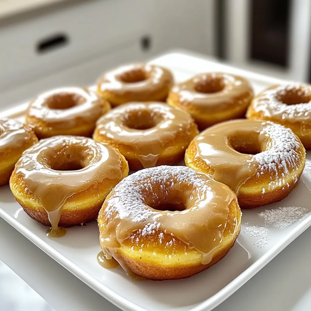 - 1 cup all-purpose flour - 1/2 cup brown sugar - 1/4 cup granulated sugar - 1 teaspoon baking powder - 1/2 teaspoon baking soda - 1 teaspoon ground cinnamon - 1/4 teaspoon nutmeg - 1/4 teaspoon salt I love starting with the dry ingredients. All-purpose flour is the base for our donuts. It gives them structure and a soft bite. Brown sugar adds moisture and a deep sweetness. Granulated sugar brings a touch of brightness. Baking powder and baking soda help the donuts rise. Spices like cinnamon and nutmeg add warmth and flavor. Salt is key; it balances the sweetness. - 1 cup apple cider - 1 large egg - 1/4 cup unsweetened applesauce - 2 tablespoons vegetable oil - 1 teaspoon vanilla extract Next, we move to the wet ingredients. Apple cider and applesauce bring natural sweetness and moisture. The egg binds everything together. Vegetable oil helps keep the donuts tender. Don’t forget the vanilla extract; it adds a lovely aroma. - 1 cup powdered sugar - 2 tablespoons pure maple syrup - 1-2 tablespoons milk (adjust for desired consistency) The maple glaze is where the magic happens. Powdered sugar gives it that sweet, smooth texture. Pure maple syrup adds a rich, sweet flavor. Use milk to make the glaze the right thickness. You want it thick enough to coat but thin enough to drizzle. 1. Preheat the oven to 350°F (175°C). Grease your donut pan with cooking spray or oil. This helps the donuts come out easily. 2. Reduce the apple cider. Pour 1 cup of apple cider into a saucepan. Heat it over medium heat. Stir occasionally until it reduces to about 1/2 cup. This takes around 10-15 minutes. Let it cool slightly before using. 1. Combine the dry ingredients. In a large bowl, mix 1 cup of all-purpose flour, 1/2 cup of brown sugar, 1/4 cup of granulated sugar, 1 teaspoon of baking powder, 1/2 teaspoon of baking soda, 1 teaspoon of ground cinnamon, 1/4 teaspoon of nutmeg, and 1/4 teaspoon of salt. Whisk them together until well mixed. 2. Whisk the wet ingredients separately. In another bowl, beat 1 large egg. Add 1/4 cup of unsweetened applesauce, 2 tablespoons of vegetable oil, 1 teaspoon of vanilla extract, and the slightly cooled reduced apple cider. Mix well. 1. Incorporate the mixtures. Pour the wet mixture into the bowl with the dry ingredients. Stir gently just until combined. Avoid overmixing to keep the donuts fluffy. 2. Fill the donut pan and bake. Transfer the batter into a piping bag or a zip-top bag and snip the corner. Fill each donut cavity about halfway. Bake for 10-12 minutes. Check with a toothpick; it should come out clean. Let the donuts cool in the pan for about 5 minutes before moving them to a wire rack. To make soft and fluffy donuts, avoid overmixing the batter. When you combine the wet and dry ingredients, mix just until you see no dry flour. If you mix too much, the donuts can become tough. Use a gentle folding motion when mixing to keep the batter light. For measuring ingredients, use dry measuring cups for flour and sugars. Spoon flour into the cup, then level it off with a knife. This method prevents packing too much flour, which can make the donuts dense. Use a liquid measuring cup for the apple cider and oils to ensure accuracy. Set your oven to 350°F (175°C) before you start. An oven thermometer can help check the exact temperature. If your oven runs hot, your donuts may brown too quickly. You can tell the donuts are done when a toothpick inserted in the center comes out clean. They should spring back when lightly touched. If they look wet or sticky, they need more time. To make these donuts even tastier, try adding extra spices. A pinch of ground ginger or cloves can add depth. You can also add lemon or orange zest for a fresh twist. If you want to switch up the glaze, use melted chocolate or a simple icing with lemon juice. These options can give a fun flavor twist and change the look of your donuts. {{image_2}} You can change the flavor of your donuts easily. Try adding ginger or cloves to the spice mix. These spices add warmth and depth. You can also switch the glaze. Instead of maple, try chocolate or vanilla. Each glaze brings a unique taste to the donuts. If you need gluten-free donuts, use a gluten-free flour blend. Many blends work well for this recipe. For an egg substitute, consider using ground flaxseed or mashed banana. This keeps the donuts moist and tasty. You can give these donuts a seasonal spin. Adding pumpkin puree is perfect for fall. It gives a rich flavor and pairs well with spices. You can also try different fruits in the glaze. Use berries or citrus for a fresh twist. This makes the donuts fun and unique for any season. To keep your apple cider baked donuts fresh, follow these tips: - Cool completely: Let the donuts cool on a wire rack before storing. - Use airtight containers: Store them in a sealed container or a zip-top bag. - Add a paper towel: Place a paper towel inside to absorb any moisture. These steps help keep your donuts soft and tasty. When you want to enjoy your donuts again, here’s how to reheat them: - Microwave: Heat each donut for about 10-15 seconds. This keeps them moist. - Oven: Preheat the oven to 350°F (175°C). Warm the donuts for 5-7 minutes. These methods help maintain the texture and flavor of the donuts. How long can you keep these donuts? - Room temperature: They last for about 1-2 days. - Refrigerator: Store them for up to a week. - Freezer: They can be frozen for up to 3 months. Just remember to wrap them well to prevent freezer burn. Yes, you can prepare these donuts ahead of time. Bake them and let them cool completely. Once cool, place them in a freezer-safe bag. Store them in the freezer for up to three months. When you want to enjoy them, just thaw and glaze. This way, you have a sweet treat ready to go! If you don't have apple cider, use apple juice instead. Apple juice gives a sweet flavor that works well. You can also mix apple juice with a bit of vinegar to mimic cider’s tangy taste. This swap keeps your donuts tasty and delightful! Yes, you can bake these donuts in a muffin tin. Just fill each muffin cup halfway with the batter. Bake at the same temperature for 15-18 minutes. Check with a toothpick to see if they are done. Muffins will have a different shape, but they will still be delicious! You now have all the steps to make delicious apple cider donuts. Start with fresh ingredients and follow the easy instructions. Remember to avoid overmixing and keep an eye on the baking time. With a few fun variations, you can make these donuts suit any season or preference. Proper storage keeps them fresh, and reheating revives their soft texture. Enjoy making and sharing your tasty donuts with friends and family! Your kitchen will smell amazing, and you'll impress everyone with your baking skills. Happy baking!