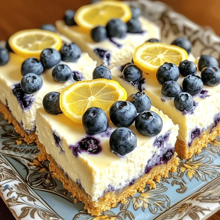 - 1 ½ cups graham cracker crumbs - ½ cup unsalted butter, melted - 2 tablespoons granulated sugar - 16 oz cream cheese, softened - ¾ cup granulated sugar - 2 large eggs - 1 teaspoon vanilla extract - Zest of 1 lemon - ¼ cup fresh lemon juice - 1 cup fresh blueberries - 2 tablespoons cornstarch When making Lemon Blueberry Cheesecake Bars, choose high-quality cream cheese for the best flavor. Softened cream cheese mixes well, creating a creamy texture. Fresh blueberries bring vibrant color and taste. Use ripe, sweet fruits for the best result. Fresh lemon juice and zest add bright flavor and aroma. Opt for unsalted butter to control the saltiness in your crust. If you need gluten-free options, use gluten-free graham crackers. You can crush them just like regular ones. For dairy-free bars, try using vegan cream cheese. This swap still gives a creamy texture. If eggs are an issue, you can use flaxseed meal mixed with water as a binder. Mix 1 tablespoon of flaxseed meal with 2.5 tablespoons of water to replace one egg. Start by preheating your oven to 350°F (175°C). This ensures the bars bake evenly. Next, grease a 9x9-inch baking pan. Line it with parchment paper, leaving some paper hanging over the sides. This will help you lift the bars out later. In a medium bowl, mix the graham cracker crumbs, melted butter, and 2 tablespoons of sugar. Stir until the crumbs are fully coated. Press this mixture into the bottom of your pan. Make sure it’s packed tightly to form a solid crust. Bake it for 10 minutes, then take it out and let it cool. In a large bowl, beat the softened cream cheese using a mixer. Mix for about 2-3 minutes until it’s smooth and creamy. Gradually add ¾ cup of sugar while mixing. Then, add the eggs one at a time. Mix until everything is well combined. Stir in the vanilla extract, lemon zest, and lemon juice until the mixture is smooth. In another bowl, toss the fresh blueberries with cornstarch. This helps the blueberries stay intact. Gently fold the blueberries into the cheesecake mixture. Pour the cheesecake mixture over the cooled crust. Spread it out evenly. Bake in the oven for 35-40 minutes. Check if the center is set but still slightly jiggly. Once you remove the bars from the oven, let them cool to room temperature. After cooling, refrigerate them for at least 4 hours or overnight. This allows the bars to set completely. When ready to serve, lift the cheesecake out using the parchment paper. Cut into bars and enjoy them chilled. To get the best texture, always use room-temperature cream cheese. This helps blend it smoothly. Mix slowly to avoid air bubbles. Air bubbles can cause cracks. For flavor, fresh lemon juice and zest are key. They give a bright taste. Always measure your ingredients accurately for best results. One common mistake is overmixing the batter. This can make your bars too airy. Also, avoid baking the bars too long. They should be slightly jiggly in the center when done. Don’t skip chilling time. Chilling helps them set perfectly. Lastly, be careful when folding in the blueberries. Gently mix to keep them whole. When serving, lift the bars using the parchment paper. Cut them into even squares for a nice look. For a pretty touch, add lemon slices on top. You can also sprinkle fresh blueberries around the bars. A drizzle of lemon glaze can add extra flavor and style. Serve on a colorful platter for a fun presentation. {{image_2}} You can change the flavor of these cheesecake bars by using different fruits. Try raspberries, strawberries, or peaches for a fun twist. If you want a stronger citrus taste, add more lemon zest or a splash of orange juice. Each fruit brings its own unique taste, making every batch a new delight! To make these bars gluten-free, swap graham crackers for gluten-free crumbs. You can find these at most grocery stores. For a vegan option, use plant-based cream cheese and replace the eggs with flaxseed meal mixed with water. This keeps the texture while making it friendly for all diets. If you want smaller treats, use a muffin tin instead of a baking pan. Line each cup with paper liners for easy removal. Fill each liner with your cheesecake mix and bake for about 25 minutes. Once cooled, these mini bars make perfect snacks or party treats! To keep your Lemon Blueberry Cheesecake Bars fresh, store them in the fridge. First, make sure the bars are completely cool. Then, cover them with plastic wrap or foil. You can also place them in an airtight container. This helps prevent them from drying out. If you want to serve them later, keep them chilled until ready to enjoy. When stored properly, these cheesecake bars last about 5 days in the refrigerator. After that, they may lose some flavor and texture. If you’re unsure, always check for any signs of spoilage before eating. Trust your senses; if it smells or looks off, it’s best to discard it. You can freeze Lemon Blueberry Cheesecake Bars for longer storage. Slice the bars first, then wrap each piece tightly in plastic wrap. Place the wrapped bars in a freezer-safe bag or container. They can last up to 3 months in the freezer. When you’re ready to enjoy them, take out the bars and thaw them in the fridge overnight. This helps keep their texture creamy. If you’re in a hurry, you can also let them sit at room temperature for about an hour. Enjoy your bars chilled for the best taste! It takes about 4 hours for the cheesecake bars to set in the fridge. For the best results, I recommend letting them chill overnight. This longer time helps the flavors blend well and gives a firmer texture. Yes, you can use frozen blueberries. They work well in this recipe. Just toss them in cornstarch before adding them to the mixture. This will help absorb extra moisture and keep your bars from becoming soggy. To avoid cracks, make sure to mix the cream cheese until smooth. Don’t overbeat the eggs; add them slowly. Bake at a lower temperature and avoid sudden changes in heat. If you see cracks forming, don’t panic! You can cover them with a layer of whipped cream or fresh fruit. If your bars are too soft, they may need more time in the oven. Check them after the recommended baking time. The center should jiggle slightly but not be liquid. If they are still soft after cooling, return them to the oven for a few more minutes. This article covered everything you need for Lemon Blueberry Cheesecake Bars. We reviewed the ingredients, including notes on selecting fresh items and allergen substitutions. Clear instructions guided you through preparation, mixing, and baking. I also shared tips to enhance texture and flavor and discussed fun variations and storage advice. Now you can confidently make these delicious treats. Enjoy making them and impress everyone with your new skills!