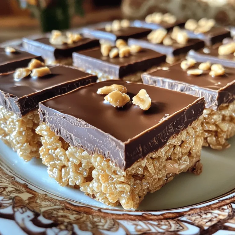 To make these tasty no-bake chocolate peanut butter rice krispie bars, gather these main ingredients: - 3 cups Rice Krispies cereal - 1 cup creamy peanut butter - 1 cup chocolate chips - ½ cup honey or maple syrup - ½ teaspoon vanilla extract - Pinch of salt These ingredients blend perfectly to create a sweet and crunchy treat. You can add a few fun extras to enhance your bars. Consider adding: - ¼ cup chopped nuts (like almonds or walnuts) for extra crunch These add-ins give your bars some texture and flavor. If you need to swap some ingredients, here are a few easy ideas: - Use almond butter or sun butter instead of peanut butter. - Replace honey with agave syrup for a vegan option. - Dark chocolate chips can replace regular chocolate chips for a richer taste. These substitutions keep the recipe flexible while still delicious. Start by gathering your ingredients. You will need creamy peanut butter, honey or maple syrup, and a pinch of salt. In a medium saucepan, heat these ingredients over low heat. Stir them well until the mixture is smooth and melted. This step takes only a few minutes. Once it is ready, remove it from the heat and add the vanilla extract. Stir again to blend the flavors. Next, take a large mixing bowl and add the Rice Krispies cereal. Pour your warm peanut butter mixture over the cereal. Make sure to mix it well. You want every piece of cereal to be coated evenly. If you like a bit of crunch, now is the time to fold in chopped nuts. Mix them in gently. Now, let’s melt the chocolate chips. Use a microwave-safe bowl and heat the chips in 20-second bursts. Stir in between each burst to avoid burning. When the chocolate is smooth, pour it over the pressed Rice Krispies mixture. Use a spatula to spread it evenly over the top. Finally, refrigerate the bars for at least 1 hour. This helps the chocolate set nicely. To get the best texture for your bars, mix the peanut butter and honey until smooth. Heat it over low heat. This step melts the mix, making it easy to coat the Rice Krispies. Make sure to stir well. You want each Rice Krispies piece covered. Press the mixture firmly into the baking dish. This helps keep the bars together. If they are too loose, they may crumble when you cut them. Store the bars in an airtight container. Place parchment paper between layers to keep them from sticking. They stay fresh in the fridge for up to a week. If you want to keep them longer, freeze them. Wrap each bar in plastic wrap and place them in a freezer bag. They will last for up to three months. Just thaw before enjoying. You can add fun flavors to your bars. Try using crunchy peanut butter for extra texture. Adding chopped nuts boosts the flavor too. Almonds or walnuts work great. For a twist, mix in a splash of coconut or a sprinkle of cinnamon. You can even use flavored chocolate chips, like mint or caramel. These simple changes can make your bars even more tasty! {{image_2}} You can easily make these bars gluten-free. Just ensure you use certified gluten-free Rice Krispies. Some brands offer gluten-free versions. This small change lets everyone enjoy these treats without worry. To make vegan bars, swap regular chocolate chips for dairy-free ones. Also, use maple syrup instead of honey. Both changes keep the bars plant-based and just as tasty. You can have fun with chocolate. Try dark chocolate for a rich taste. Or use milk chocolate for a sweeter bite. You could even mix in white chocolate for a creamy twist. Each choice adds a unique flavor to your bars. To keep your No-Bake Chocolate Peanut Butter Rice Krispie Bars fresh, store them in an airtight container. Layer the bars with parchment paper to avoid sticking. Place the container in a cool, dry place. If you live in a warm area, the fridge is a better choice. You can freeze these bars for longer storage. Wrap each bar in plastic wrap. Then, place them in a freezer-safe bag or container. This way, they stay fresh for up to three months. When you want to eat them, thaw them in the fridge overnight. These bars can last up to one week at room temperature. If stored in the fridge, they can last up to two weeks. The bars may lose some crunchiness over time, but they will still taste great. Enjoy your delicious treats while they are fresh! Yes, you can. If you want to skip peanut butter, try almond butter or sun butter. These options give a nice flavor too. Just make sure they are smooth and creamy. These bars will last about one week when stored in the fridge. You can keep them in an airtight container. If you want them to last longer, freeze them. They can stay good for up to three months in the freezer. You can use agave syrup or brown rice syrup as good swaps. Both have a similar sweetness and texture. Choose one that fits your taste and diet. No-bake bars are simple and fun to make. We covered main ingredients, optional add-ins, and common swaps. I shared clear steps for mixing, coating, and melting chocolate. You learned tips for texture, storage, and flavor boosts. Variations include options for gluten-free and vegan diets. Finally, I explained how to store bars and answered common questions. Making these bars can be an easy treat. Enjoy your delicious creations!