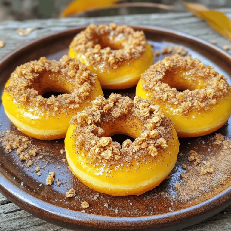 To make Snickerdoodle Crumble Donuts, you need these key ingredients: - 2 cups all-purpose flour - 1 cup granulated sugar - 1 tablespoon baking powder - 1/2 teaspoon salt - 1 tablespoon ground cinnamon - 1/2 cup unsalted butter, melted - 2 large eggs - 1 cup milk - 1 teaspoon vanilla extract - 1/2 cup brown sugar, packed - 1/3 cup rolled oats - 1/4 cup flour (for topping) - 1/4 cup sugar mixed with 1 tablespoon cinnamon (for topping) Each ingredient plays a role. The flour gives structure. Sugar adds sweetness. Butter lends moisture and flavor. Eggs help bind it all together. Milk keeps the batter smooth. Cinnamon brings that classic snickerdoodle taste. You can switch things up with these optional ingredients: - Chocolate chips for a sweet twist - Nuts for added crunch - Different spices like nutmeg for variation Feel free to get creative. These options let you personalize your donuts to your taste. Choosing the best ingredients makes a big difference. Here’s what to look for: - Flour: Use fresh all-purpose flour, ideally stored in a cool, dry place. - Butter: Choose unsalted butter for better control over salt levels. - Sugar: Granulated sugar should be fine and dry. Brown sugar must be packed and soft. - Spices: Use fresh ground cinnamon for the best flavor. Old spices lose their punch. Always check the expiration dates to ensure freshness. Quality ingredients lead to tastier donuts. Start by preheating your oven to 350°F (175°C). This helps the donuts bake evenly. Next, take your donut pan and grease it with cooking spray. This step prevents the donuts from sticking. In a large bowl, whisk together the following dry ingredients: - 2 cups all-purpose flour - 1 cup granulated sugar - 1 tablespoon baking powder - 1/2 teaspoon salt - 1 tablespoon ground cinnamon Make sure these ingredients are well mixed. In another bowl, combine the wet ingredients: - 1/2 cup unsalted butter, melted - 2 large eggs - 1 cup milk - 1 teaspoon vanilla extract Stir until smooth. This keeps the flavors balanced. Now, pour the wet mixture into the dry ingredients. Stir gently until just combined. It’s okay if a few lumps remain. In a separate bowl, prepare the crumble topping by mixing: - 1/2 cup brown sugar, packed - 1/3 cup rolled oats - 1/4 cup flour (for topping) Add the remaining melted butter and mix until crumbly. Next, spoon the donut batter into the prepared donut pan, filling each cavity halfway. Then, sprinkle a generous amount of the crumble topping on each donut. This adds flavor and texture. Place the donut pan in the preheated oven and bake for about 12-15 minutes. You’ll know they are ready when a toothpick comes out clean from the center. Once baked, let the donuts cool in the pan for 5 minutes. After that, transfer them to a wire rack. When cooled, toss the donuts in a mixture of 1/4 cup sugar and 1 tablespoon cinnamon to coat. Enjoy your delightful treats warm or at room temperature! Overmixing can make your donuts tough. When you mix the wet and dry ingredients, stir gently. You want a few lumps in your batter. This helps keep the donuts light and fluffy. If you mix too long, the donuts may not rise well. The crumble topping is key to these donuts. To make it right, mix brown sugar, oats, and flour in a bowl. Then, add melted butter until it looks crumbly. It should not be too wet or too dry. Aim for a texture that holds together but breaks apart easily. This will give your donuts a crunchy topping. Store your Snickerdoodle Crumble Donuts in an airtight container. This keeps them fresh for longer. If you want to enjoy them later, place parchment paper between layers. This prevents sticking. For best taste, eat them within a few days. If they last longer, you can freeze them. Just wrap each donut tightly. When you want one, thaw it at room temperature. {{image_2}} Want to make your Snickerdoodle Crumble Donuts even more fun? Try adding cocoa powder. Replace 1/2 cup of flour with 1/2 cup of cocoa powder. This change gives your donuts a rich chocolate taste. Mix the cocoa with the dry ingredients before combining with the wet. Then, follow the same steps for the crumble topping. The chocolate flavor pairs well with cinnamon sugar, making each bite a treat. If you need gluten-free donuts, it is easy to adapt this recipe. Use a gluten-free flour blend instead of regular flour. Make sure your baking powder is gluten-free as well. The rest of the ingredients can stay the same. This way, you can enjoy delicious donuts without gluten. The texture will still be soft and tasty, perfect for any occasion. To make vegan Snickerdoodle Crumble Donuts, swap a few key ingredients. Replace the eggs with flax eggs. Mix 1 tablespoon of flaxseed meal with 2.5 tablespoons of water for each egg. Use plant-based milk, like almond or oat milk, instead of regular milk. For butter, use coconut oil or vegan butter. These swaps keep the donuts fluffy and moist while being fully vegan. Enjoy them warm with your favorite drink. To keep your Snickerdoodle Crumble Donuts fresh, store them in an airtight container. Use a container that fits the donuts well so they don’t get squished. You can also wrap them in plastic wrap before putting them in the container. This method helps keep moisture in and stops them from drying out. If you want to enjoy warm donuts, reheating is simple. Place a donut on a microwave-safe plate. Heat it in the microwave for about 10-15 seconds. This will make it warm and soft again. For a crispier texture, try reheating in an oven. Preheat the oven to 350°F (175°C) and bake the donut for about 5 minutes. When stored correctly, these donuts last for about 3 days at room temperature. If you keep them in the fridge, they can last up to a week. For longer storage, freeze the donuts. They can stay fresh in the freezer for up to 2 months. Just remember to wrap them well to prevent freezer burn! Snickerdoodle Crumble Donuts stand out with their unique flavor. They combine sweet cinnamon with a crumbly topping. This topping adds texture and a delightful crunch. Regular donuts may not have this extra layer of taste. The mix of cinnamon and sugar gives a warm, cozy feel. Each bite is a blend of soft donut and crunchy crumble. This is what makes them special and hard to resist. Yes, you can freeze Snickerdoodle Crumble Donuts! To freeze, place them in an airtight container. Make sure to separate layers with parchment paper. They can last up to three months in the freezer. When you're ready to enjoy them, simply thaw them at room temperature. You can also reheat them in the oven for a few minutes. This warms them up and restores their texture. The best way to serve Snickerdoodle Crumble Donuts is warm. You can enjoy them right after baking for a soft texture. If they cool, dust them again with cinnamon sugar. This adds extra flavor and a nice touch. Pair them with a cup of coffee or milk. This makes for a perfect snack. For a fun twist, serve them with a scoop of ice cream! In this post, we explored how to make delicious Snickerdoodle Crumble Donuts. We covered essential and optional ingredients and shared tips for quality selection. You learned the step-by-step process, from prepping your oven to baking the donuts. Plus, we discussed variations, storage tips, and answered common questions. Remember, your choice of ingredients and technique matters. Enjoy making these treats, and share them with friends!
