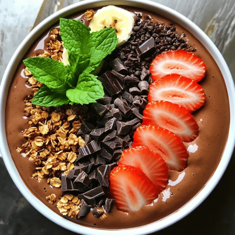 For a delicious Protein Chocolate Mint Smoothie Bowl, you will need a few key ingredients. Each plays an important role in taste and nutrition. Here’s what you need: - 1 ripe banana (frozen) - 1 cup fresh spinach - 1 cup almond milk (or any milk of your choice) - 1 scoop chocolate protein powder - ½ teaspoon peppermint extract - 2 tablespoons cocoa powder - 1 tablespoon chia seeds - Suggested toppings: granola, fresh mint leaves, dark chocolate shavings, sliced strawberries The frozen banana gives your bowl a creamy texture. Fresh spinach adds nutrients without being too noticeable. Almond milk keeps it light and smooth. Chocolate protein powder helps pack in protein. Peppermint extract adds a refreshing kick. Cocoa powder brings rich chocolate flavor. Chia seeds give extra fiber and healthy fats. For toppings, granola adds crunch. Fresh mint leaves enhance the minty taste. Dark chocolate shavings add a touch of indulgence. Sliced strawberries bring color and sweetness. Each ingredient combines to make a delightful and fresh smoothie bowl that’s a treat for your taste buds! Step 1: Combine Ingredients in Blender Start by adding all the ingredients into your blender. Use one frozen ripe banana, one cup of fresh spinach, one cup of almond milk, one scoop of chocolate protein powder, half a teaspoon of peppermint extract, two tablespoons of cocoa powder, and one tablespoon of chia seeds. Step 2: Blend Until Smooth Turn on the blender and blend the mixture on high speed. Blend until the mixture is smooth and creamy. This step is key for a great texture. Step 3: Adjust Flavor and Consistency After blending, taste the smoothie. If you want a stronger mint flavor, add a bit more peppermint extract. If the mixture is too thick, pour in more almond milk. Blend again briefly to mix. Adjusting flavors makes it just right for you. Step 4: Pour Into Serving Bowl Once you have the perfect blend, pour the smoothie mixture into a bowl. This is where your creation starts to shine. Step 5: Artistic Topping Arrangement Now, the fun part! Arrange your toppings. Place granola on one side, fresh mint leaves on another, and sprinkle dark chocolate shavings across the top. Finish with a few sliced strawberries for vibrant color and taste. Enjoy your beautiful protein chocolate mint smoothie bowl! To get that creamy texture, use a high-powered blender. It breaks down the ingredients well. Start with the frozen banana and spinach. These add great bulk and smoothness. Blend on high for about a minute. If it still feels chunky, blend a bit longer. If your smoothie bowl is too thick, just add more almond milk. Pour in a little at a time. Blend it again to see if it reaches your desired thickness. This way, you keep control over the texture. For mint lovers, I suggest using fresh mint leaves as a topping. They add a bright taste and a nice pop of color. If you want a stronger mint flavor, add more peppermint extract. Blend again briefly to mix it well. You can also introduce other flavors to your smoothie bowl. For example, mix in a bit of vanilla extract or some nut butter. These flavors pair well with chocolate and mint. You can even try adding a pinch of sea salt for balance. {{image_2}} You may want to switch some ingredients to fit your taste or diet. Here are some ideas: - Dairy-free options: Use coconut milk or oat milk instead of almond milk. Both choices add flavor and creaminess. - Protein powder alternatives: Try vanilla or unflavored protein powder for a different taste. You can also use plant-based protein powder if you prefer. - Sweetener alternatives: Instead of sweeteners like honey, use maple syrup or agave for a different sweetness. You can also skip sweeteners if your fruit is ripe enough. Toppings can change your smoothie bowl's look and taste. Here are some fun ideas: - Seasonal fruits: Add blueberries, raspberries, or peaches for a fresh twist. You can use whatever fruits are in season. - Nut and seed options: Sprinkle almonds, walnuts, or pumpkin seeds on top. They add crunch and boost nutrition. To keep your Protein Chocolate Mint Smoothie Bowl fresh, store leftovers in the fridge. Use an airtight container to prevent air from getting in. This helps keep the flavor and texture nice. It’s best to eat leftovers within 24 hours for the best taste. If you want to store your smoothie bowl for longer, you can freeze it. Pour the mixture into an ice cube tray or freezer-safe container. When you’re ready to eat, just blend the frozen cubes with a bit of almond milk. This keeps the minty chocolate flavor intact. To re-blend your smoothie bowl, you can use a blender. Add a splash of almond milk to help it blend smoothly. This brings back the creaminess. You can also use a food processor if that’s what you have. Blend until smooth and creamy again. If you don’t have a blender, you can stir it well by hand. This won’t make it as creamy, but it still works. Just remember to enjoy it cold for the best experience! To make this smoothie bowl vegan, use plant-based protein powder. You can also choose almond milk or any other non-dairy milk. Make sure the chocolate and toppings are vegan-friendly too. Yes, you can use various protein powders. Plant-based, whey, or casein protein all work well. Just pick one that suits your taste and dietary needs. Add healthy fats for more staying power. Consider adding nut butter or avocado. You can also increase the chia seeds or add oats for extra fiber. Yes, you can prep it ahead. Blend the smoothie and store it in the fridge for up to a day. Just remember to stir it well before serving. You learned how to make a tasty smoothie bowl. We covered all the steps, from blending ripe bananas and spinach to adding flavors like cocoa and peppermint. Remember to play with your ingredients and toppings to suit your taste. Keep your smoothie bowl fresh by storing it properly. With a few simple swaps, you can create endless variations. Enjoy mixing and matching to discover your favorite version of this nutritious treat!