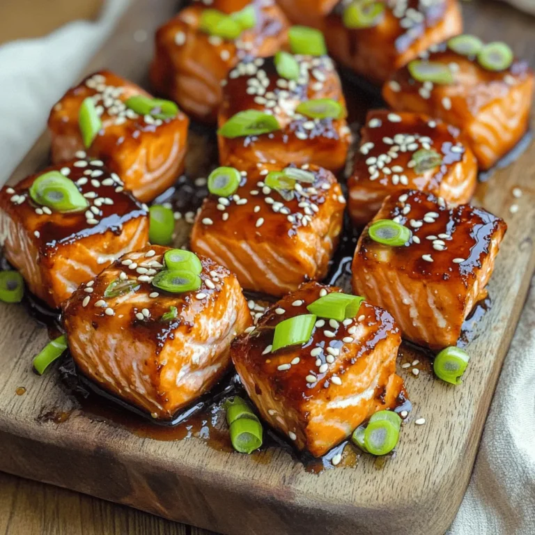 - 1 lb salmon fillet, skin removed and cut into bite-sized cubes - 1/4 cup teriyaki sauce - 1 tablespoon sesame oil - 1 teaspoon grated fresh ginger - 1 clove garlic, minced - Salt and pepper to taste - 1 tablespoon green onions, sliced - 1 tablespoon sesame seeds Gather these ingredients for a fun and tasty snack. The salmon fillet is the star here. Use fresh salmon for the best flavor and texture. The teriyaki sauce adds a sweet and savory touch. Sesame oil brings a nutty flavor, which makes this dish special. Fresh ginger and garlic enhance the taste. A sprinkle of salt and pepper is all you need to season the salmon bites. For a lovely finish, we will garnish with green onions and sesame seeds. This step is simple but makes your dish look great! First, grab a bowl. Combine the teriyaki sauce, sesame oil, grated ginger, and minced garlic. Mix it well by whisking until everything combines. This step makes your salmon bites tasty and aromatic. A good marinade brings all the flavors together. Next, take your salmon cubes and add them to the marinade. Use a spoon to gently toss the salmon. Coat each piece well. Now, let it sit and marinate for about 15 to 30 minutes. This wait helps the salmon soak up all the yummy flavors. Now it's time to cook! Preheat your air fryer to 400°F (200°C). While that's heating, season the marinated salmon with a pinch of salt and pepper. This adds extra flavor. Place the salmon bites in the air fryer basket. Make sure they are in a single layer for even cooking. Air fry the salmon bites for 8 to 10 minutes. Remember to shake the basket halfway through. This ensures they cook evenly. When done, the salmon will be tender and slightly crispy. Remove the salmon bites and let them rest for a minute before serving. Enjoy your flavorful snack! To get the best results, always place the salmon in a single layer in your air fryer basket. This step ensures even cooking and a great texture. If you want your bites crispier, adjust the cooking time. For a soft texture, cook for 8 minutes. For a crunchier bite, go for 10 minutes. You can boost the taste of your teriyaki salmon bites. Try adding spices like chili powder or a splash of rice vinegar to the marinade. This small change adds new layers of flavor. Marinating longer gives a deeper taste. Aim for 30 minutes if you have the time. It makes a big difference. Serve your salmon bites with extra teriyaki sauce drizzled on top. This adds flavor and makes it look nice. A side of steamed rice pairs well, making it a full meal. For a pop of color, garnish with sliced green onions and sesame seeds. It makes your dish look and taste even better. {{image_2}} You can change the protein to suit your taste. Substitute salmon with chicken or tofu. Both options work well with teriyaki sauce. Chicken will give you a heartier bite. Tofu will add a nice, soft texture. Each choice brings a new flavor. You can still follow the same cooking steps. Want to kick up the taste? Add pineapple chunks for a fruity twist. They add sweetness and a fun texture. You can also mix in chili flakes for some heat. This will make your bites extra exciting. Adjust the amount based on your spice level. How you serve these bites can change the whole meal. Serve them in lettuce cups for a low-carb option. This adds a nice crunch and freshness. You can also pair them with quinoa or a fresh salad. Both options make for a balanced meal. They add fiber and nutrients to your plate. To keep your air fryer teriyaki salmon bites fresh, refrigerate them in an airtight container. They will stay good for up to 3 days. Make sure the container is sealed well to prevent any air from getting in. This keeps the flavors intact and your bites tasty. When you're ready to enjoy the leftovers, reheat them in the air fryer or microwave. The air fryer works best. It helps to keep the salmon crispy. If you use the microwave, heat them in short bursts. This prevents overcooking and keeps the texture nice. If you want to store them longer, freeze the salmon bites. Place them in a single layer on a baking sheet. This prevents them from sticking together. After they freeze, transfer them to a freezer bag. This way, you can enjoy your teriyaki salmon bites later. Just remember to label the bag with the date! You should marinate the salmon for 15 to 30 minutes. This time allows the flavors to soak in well. If you marinate too long, the salmon can become too soft. A shorter time gives a light flavor, while a longer time provides a deeper taste. Find a balance that works for you. Set your air fryer to 400°F (200°C). This high temperature cooks the salmon quickly and helps it get a nice crisp on the outside. It ensures even cooking without drying out the fish. Always preheat the air fryer for best results. Yes, you can use frozen salmon. Just make sure to thaw it first. You can place it in the fridge overnight or use the microwave. If using frozen salmon, increase the cooking time by a few minutes. Check for doneness to ensure it's cooked through. This blog post detailed a simple and tasty salmon bites recipe. We covered the main ingredients like salmon, teriyaki sauce, and sesame oil. You learned how to prepare the marinade, marinate the salmon, and properly cook it in an air fryer. Final thoughts: Don’t hesitate to try alternatives and adjust flavors. Enjoy experimenting and make this dish your own. Happy cooking!