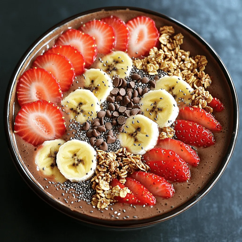 To make this tasty smoothie bowl, you need simple, fresh ingredients. Here’s what you will use: - 1 ripe banana, frozen - 1 cup strawberries, frozen - 2 tablespoons cocoa powder - 1 scoop chocolate protein powder - 1 cup almond milk (or milk of choice) - 1 tablespoon almond butter (or nut butter of choice) These main ingredients give the smoothie its creamy texture and rich flavor. The frozen banana and strawberries create a thick base, while cocoa powder and chocolate protein powder add chocolaty goodness. If you like a sweeter bowl, you can add these options: - 1 tablespoon honey - 1 tablespoon maple syrup For toppings, consider: - Fresh strawberries, sliced - Sliced banana - Granola - Chia seeds - Cacao nibs These toppings not only add flavor but also make your bowl look beautiful. Fresh fruits and crunchy granola make every bite exciting. If you want to mix things up, try these alternatives: - Swap almond milk for oat milk, coconut milk, or regular milk. - Use peanut butter or cashew butter instead of almond butter. - Change the fruits! Try blueberries or raspberries for a new taste. These swaps keep the recipe fun and allow you to use what you have at home. To make the smoothie base, gather your ingredients first. You will need: - 1 ripe banana, frozen - 1 cup strawberries, frozen - 2 tablespoons cocoa powder - 1 scoop chocolate protein powder - 1 cup almond milk (or milk of choice) - 1 tablespoon almond butter (or nut butter of choice) - 1 tablespoon honey or maple syrup (optional for sweetness) Start by adding the frozen banana and strawberries to your blender. Next, add the cocoa powder and chocolate protein powder. Pour in the almond milk and add the almond butter. If you want it sweeter, add honey or maple syrup. Blend everything on high until it is completely smooth. To achieve the best texture, blend in short bursts. Stop to scrape the sides as needed. This will help mix all the ingredients well. Make sure you blend until the mixture is thick and creamy. This thickness is key for holding toppings later on. If your mix is too thin, add a bit more frozen fruit or protein powder. Once your smoothie is ready, pour it into a bowl. Now, it’s time to make it look amazing! You can top it with fresh strawberry slices and banana slices. Add a sprinkle of granola for crunch, chia seeds for health, and cacao nibs for extra chocolate flavor. Feel free to be creative! Use a shallow bowl to show off those toppings. You can even add some edible flowers for a pretty touch. Enjoy your delightful creation right away! To make your smoothie bowl even better, try these tips. First, use ripe bananas. They add natural sweetness and creaminess. Frozen strawberries give a nice chill and smooth texture. You can also add a pinch of salt. This small touch brings out the rich chocolate taste. If you want a thicker bowl, add more frozen fruit. Blend well to keep it creamy. This smoothie bowl is easy to tailor. For a vegan option, use plant-based protein powder and almond milk. If you need it nut-free, swap almond butter for sunflower seed butter. You can skip the sweetener too. Use ripe fruit for natural sweetness. This way, everyone can enjoy it! A colorful bowl makes your smoothie look great. Use a shallow bowl to spread out your toppings. Arrange fresh strawberry and banana slices in a fan shape. Sprinkle granola and chia seeds for crunch. For a fancy touch, add edible flowers. They make your bowl pop! Serve immediately for the best taste. {{image_2}} You can change up this smoothie bowl easily. Try adding peanut butter for a nutty taste. Swap strawberries for raspberries to add a tart twist. For a tropical vibe, use mango instead. Each fruit brings unique flavors and makes your bowl fun. If you want to switch protein powders, that’s simple too. Use vanilla protein powder for a sweet taste. Plant-based protein powders work well for a vegan option. Just remember that this will change the flavor a bit. Experiment to find what you like best. Seasonal fruits are a great way to mix things up. In spring, add fresh blueberries for a burst of color. Summer is perfect for peaches or cherries. In fall, you can add diced apples or pears. Winter calls for citrus fruits like oranges or grapefruits to brighten your bowl. If you have leftover smoothie, pour it into a sealable container. Store it in the fridge. It will stay fresh for one day. Before eating, stir it well. If it seems thick, add a little milk and mix again. You can freeze extra smoothie or its ingredients. Pour the smoothie into ice cube trays. This makes great smoothie pops. For fruit, slice and freeze them in a single layer. Once frozen, store them in bags. This keeps them fresh for months. You do not need to reheat the smoothie bowl. Enjoy it cold for the best taste. If you want to warm up the smoothie, do it gently. Use a microwave and heat for a few seconds. Stir well and check the temperature before enjoying. Yes, you can make this smoothie bowl vegan. To do this, simply use plant-based protein powder. Also, opt for maple syrup instead of honey. Choose almond milk or coconut milk as your base. All these swaps ensure your bowl stays delicious and vegan-friendly. You have several choices to replace almond milk. Soy milk, oat milk, or coconut milk are great alternatives. Each option adds its own unique flavor. They all work well in this smoothie bowl without changing the taste too much. To thicken your smoothie bowl, add more frozen fruit. Frozen bananas or strawberries work best. You can also add a bit of rolled oats or chia seeds. Both options will help achieve that thick, creamy texture you want. Yes, this smoothie bowl is great for meal prep! You can prepare the smoothie base ahead of time. Store it in an airtight container in the fridge. Just keep toppings separate until you're ready to eat. This way, your bowl stays fresh and tasty! You learned how to make a delicious chocolate strawberry protein smoothie bowl. We covered key ingredients and ways to customize it. You also got tips for blending and serving. Options for flavors and seasonal fruits keep it fresh. Remember to store leftovers properly for later. Experiment with different ingredients that fit your needs. Enjoy this tasty treat as part of your routine!