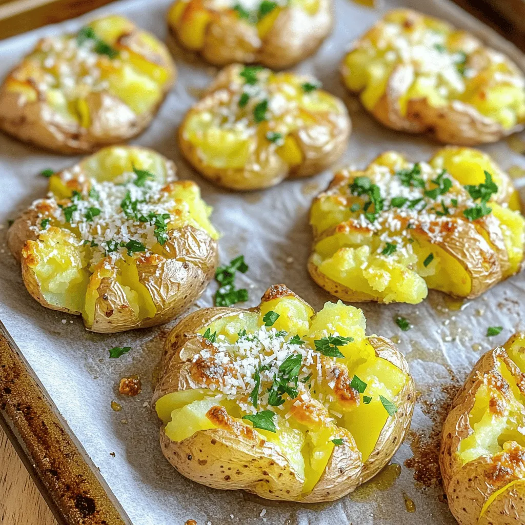 - 1.5 lbs baby potatoes - 4 tablespoons olive oil - 4 cloves garlic, minced - 1 cup grated Parmesan cheese - 1 teaspoon dried oregano - Salt and pepper to taste - Fresh parsley, chopped (for garnish) To make crispy garlic Parmesan smashed potatoes, you first need the right ingredients. Baby potatoes are great because they cook evenly. Olive oil adds a rich flavor and helps get that crispy texture. Garlic gives a strong taste that pairs well with the cheese. Parmesan cheese is key for a savory kick. Dried oregano adds a nice herbal note. Salt and pepper bring everything together. Fresh parsley on top makes the dish look bright and fresh. Gather all these ingredients before you start cooking. Having everything ready makes the process smooth and fun. You’ll enjoy making this dish and sharing it with others! - Preheat the oven to 425°F (220°C). - In a large pot, bring salted water to a boil. Add the baby potatoes. Cook for 15-20 minutes. Check with a fork for tenderness. - Drain the potatoes and let them cool slightly. - On a large baking sheet lined with parchment paper, place the potatoes. - Use the bottom of a glass or a potato masher. Gently smash each potato until flattened but still intact. - In a small bowl, mix together olive oil, minced garlic, oregano, salt, and pepper. - Brush the garlic oil mixture generously over each smashed potato. - Sprinkle grated Parmesan cheese evenly over the potatoes. - Bake in the preheated oven for 25-30 minutes. Look for golden brown and crispy edges. To make your potatoes perfectly crispy, start with the right oven temperature. Preheat your oven to 425°F (220°C). This heat crisps the edges while keeping the inside soft. For the best crisp, bake them for 25 to 30 minutes. Check at 25 minutes; if they need more time, let them go a little longer. Want to boost flavor? Add more herbs and spices! Try rosemary or thyme for new tastes. You can also mix in red pepper flakes for heat. If you want different cheese, use aged cheddar or pecorino. Each option changes the dish's character while keeping it delicious. These smashed potatoes fit well with many main dishes. Serve them alongside grilled chicken or steak. They also shine as a fun appetizer. Pair them with a dip like sour cream or a spicy aioli. Guests will love the crispy texture and rich flavors! {{image_2}} You can use different potatoes for this dish. Yellow potatoes are creamy and buttery. They create a smooth texture when cooked. Red potatoes are waxy and hold their shape well. They add a nice bite. Sweet potatoes can be a fun twist. They offer a sweet flavor and vibrant color. Just follow the same cooking steps for all potato types. If you want a vegan version, you can skip the Parmesan. Nutritional yeast is a great substitute. It gives a cheesy flavor without dairy. You can also use vegan cheese. It melts well and adds a nice touch. For toppings, try using chopped nuts or seeds. They add crunch and flavor. For those on a gluten-free diet, this recipe is already safe! All the ingredients are gluten-free. You can enjoy crispy potatoes without worry. If you want low-carb options, try using cauliflower. It smashes well and bakes nicely. You can follow the same steps as with potatoes. This way, you still get a tasty, crispy dish. To keep your crispy garlic Parmesan smashed potatoes fresh, place them in an airtight container. This keeps moisture out and flavor in. Store them in the fridge for up to four days. If you want them to last longer, freezing is a great option. When reheating, the oven gives the best results. Preheat your oven to 375°F (190°C). Place the potatoes on a baking sheet and heat them for about 10-15 minutes. This helps regain their crispiness. If you need a quicker method, use the microwave. Heat them for 30 seconds, check, and stir if needed. Just know they may not be as crispy this way. Yes, you can freeze these potatoes! Allow them to cool completely before freezing. Place them in a single layer on a baking sheet first, then freeze for about an hour. After that, transfer them to a freezer-safe bag. They can last for up to three months in the freezer. To thaw, place them in the fridge overnight. Reheat them in the oven for the best texture. You will know the potatoes are done when they are soft. Use a fork to pierce them. If the fork goes in easily, they are ready. They should feel tender but not mushy. This usually takes about 15 to 20 minutes in boiling water. Yes, you can prepare these potatoes ahead of time. Cook and smash the potatoes first. Then, store them in the fridge. When you're ready, brush them with the garlic oil mixture and cheese. Bake them right before serving for that crispy touch. If you need a substitute for Parmesan cheese, try using Pecorino Romano. This cheese has a similar flavor but is a bit saltier. You can also use nutritional yeast for a vegan option. It adds a cheesy taste without dairy. We covered how to make tasty smashed potatoes. Start with simple ingredients like baby potatoes and garlic. Then, follow the easy steps to bake them until golden. Don't forget the tips for crispiness and flavor. You can even try fun variations, like sweet potatoes or dairy-free options. Store any leftovers properly for later. With this guide, you can enjoy perfect smashed potatoes every time. Happy cooking!