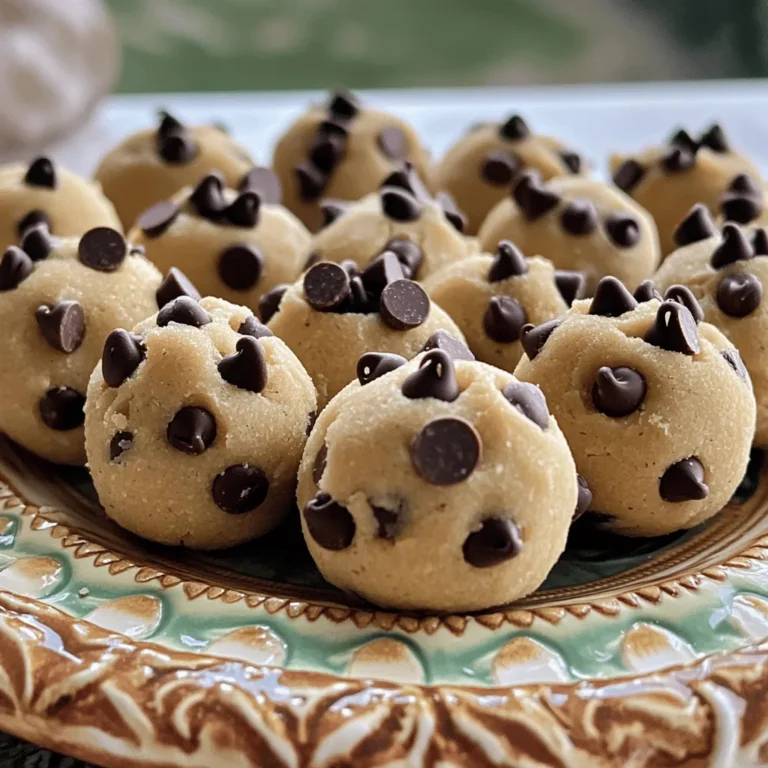 - 1 cup almond flour - 1/4 cup coconut flour - 1/4 cup maple syrup - 1/4 cup creamy peanut butter To start, almond flour gives our cookie dough a nice base. It is gluten-free and adds a nutty taste. Coconut flour helps bind the mixture and adds fiber. Maple syrup provides natural sweetness, making it a great choice. Creamy peanut butter adds richness and a lovely texture. - 1/2 cup dark chocolate chips - 1/4 teaspoon salt - 1 teaspoon vanilla extract - Optional: 1/4 cup chopped nuts (walnuts or pecans) Next, we add dark chocolate chips for that classic cookie taste. Salt enhances all the flavors, bringing them together. Vanilla extract adds a warm, sweet note. If you want extra crunch, consider adding chopped nuts like walnuts or pecans. They give a nice texture and added flavor to each bite. First, grab a mixing bowl. Add 1 cup of almond flour, 1/4 cup of coconut flour, and 1/4 teaspoon of salt. Mix them well. This blend gives our bites a nice texture and flavor. Now, it’s time for the fun part! Add 1/4 cup of maple syrup, 1/4 cup of creamy peanut butter, and 1 teaspoon of vanilla extract to the dry mix. Stir until the dough forms. This creates a sweet and rich base for the bites. Next, fold in 1/2 cup of dark chocolate chips. If you like nuts, add 1/4 cup of chopped walnuts or pecans. Mix until they are spread evenly. Using your hands, shape the mixture into small balls, about 1 inch wide. Place them on a parchment-lined baking sheet. Finally, refrigerate the bites for at least 30 minutes. This makes them firm and ready to enjoy! You can add fun flavors to your cookie dough bites. Try a pinch of cinnamon or a dash of nutmeg. Both give a warm spice note. If you like coconut, add shredded coconut for extra richness. You can also swap dark chocolate chips for white chocolate or butterscotch chips. Each choice changes the taste! To get the right texture, use fresh almond flour. Old flour can make the bites dry. Mix the dough until it holds together but does not get too sticky. If it feels too crumbly, add a bit more maple syrup or peanut butter. Chill them for at least 30 minutes. This step helps them firm up nicely. For a fun presentation, place the cookie bites on a colorful plate. You can sprinkle extra chocolate chips on top. You might also add a few chopped nuts for crunch. Serve them with a glass of milk or a scoop of ice cream for a tasty treat! {{image_2}} You can change the nut butter in this recipe. Try almond butter for a nutty twist. Sunflower seed butter works well too, giving a unique flavor. For sweeteners, swap maple syrup with honey or agave. These changes will still keep the bites tasty and sweet. If you need gluten-free bites, use certified gluten-free almond flour. The coconut flour is already gluten-free, making it simple. For a vegan option, choose agave syrup instead of honey. Ensure your chocolate chips are dairy-free to fit vegan diets. Want to add some fun? Mix in dried fruits like cranberries or raisins. Chia seeds or flax seeds can boost nutrition. You can even add a handful of shredded coconut for extra texture. These add-ins make each bite special and unique. To store cookie dough bites in the fridge, simply place them in an airtight container. Make sure they don't touch each other to keep their shape. You can enjoy them chilled or let them sit for a few minutes at room temperature before eating for a softer bite. They stay fresh in the fridge for about one week. Freezing chocolate chip cookie dough bites is easy. First, lay them out on a baking sheet and freeze until solid, about an hour. Once frozen, transfer them to a freezer-safe bag or container. This helps save space and keeps them fresh. When you're ready to enjoy, thaw them in the fridge overnight. You can also let them sit out for about 30 minutes before eating. These cookie dough bites last for up to three months when frozen. In the fridge, they keep for one week. To ensure freshness, always check for any changes in smell or texture. If they look dry or crumbly, it’s best to toss them. Enjoy the sweet taste of chocolate chip cookie dough bites while they’re fresh! Yes, you can use different flours. If you want to swap almond flour, try oat flour or whole wheat flour. For a coconut flour alternative, you can use ground flaxseed or chickpea flour. Just remember, these swaps may change the taste and texture a bit. These cookie dough bites stay fresh for about a week in the fridge. Store them in an airtight container to keep them tasty. You can also freeze them. In the freezer, they last for up to three months. Just thaw them in the fridge before eating. Yes! If you want to skip the peanut butter, almond butter or sunflower seed butter work great. You can also use tahini for a unique flavor. Just keep in mind that each option will give the bites a different taste. Yes, this recipe can be vegan-friendly. Just make sure you use maple syrup and dairy-free chocolate chips. Check the labels to ensure they are free from animal products. With these swaps, you can enjoy a tasty vegan treat! You now have a simple guide to making tasty cookie dough bites. We covered key ingredients like almond flour and creamy peanut butter. You learned how to mix dry and wet ingredients, shape the dough, and chill it. Plus, you discovered tips for flavor and texture, and different storage methods. These bites are not just delicious; they are easy to adapt. With these steps, you can enjoy a healthy treat that fits your taste. Happy cooking!