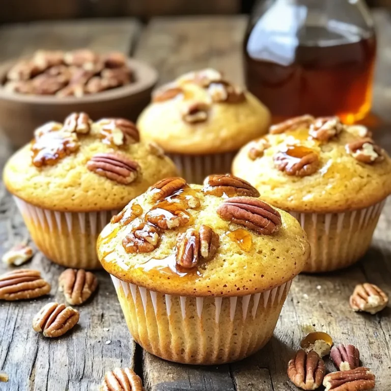 - 1 ½ cups all-purpose flour - 1 teaspoon baking powder - ½ teaspoon baking soda - ½ teaspoon salt - ½ teaspoon ground cinnamon - ⅓ cup unsalted butter, softened - ½ cup brown sugar, packed - 2 large eggs - ½ cup pure maple syrup - ½ cup buttermilk (or milk mixed with a splash of vinegar) - 1 teaspoon vanilla extract - 1 cup chopped pecans, toasted When baking, proper measuring is key. I use dry measuring cups for flour and sugar. Spoon the flour into the cup, then level it off with a knife. For liquids, use a clear liquid measuring cup. Check the measurement at eye level. This helps you avoid adding too much or too little. Accurate measurements lead to better results. For flour, I prefer King Arthur Baking Company. Their flour provides great texture. Use real maple syrup for the best flavor. Brands like Maple Grove Farms offer pure options. For butter, I choose Kerrygold; it adds rich taste. For pecans, look for Diamond or Planters. Fresh, quality ingredients make your muffins shine! First, set your oven to 350°F (175°C). This is the perfect heat for baking. Next, take a muffin tin and line it with paper liners. If you don’t have liners, grease the tin lightly with some butter. This step helps the muffins come out easily. In a mixing bowl, add 1 ½ cups of all-purpose flour. Then, add 1 teaspoon of baking powder, ½ teaspoon of baking soda, ½ teaspoon of salt, and ½ teaspoon of ground cinnamon. Whisk these dry ingredients together well. This mix will help your muffins rise and taste great. In another large bowl, place ⅓ cup of softened unsalted butter and ½ cup of packed brown sugar. Use an electric mixer to beat them together until the mixture is light and fluffy. This usually takes a few minutes. Creaming these ingredients adds air and sweetness to your muffins. Now, add 2 large eggs to the butter and sugar mix. Beat in each egg one at a time. Make sure to mix well after adding each egg. Next, pour in ½ cup of pure maple syrup, ½ cup of buttermilk, and 1 teaspoon of vanilla extract. Mix until everything is smooth. Then, slowly add the dry ingredient mix to your wet ingredients. Stir gently until just combined. It’s okay if some flour shows. Overmixing can make the muffins tough. Fold in 1 cup of chopped, toasted pecans. If you want, save a few pecans for the tops. Now, spoon the batter evenly into the muffin tin, filling each cup about three-quarters full. Sprinkle the saved pecans on top for extra crunch. Place the muffin tin in your preheated oven. Bake for 18-20 minutes. To check if they are done, insert a toothpick into the center of a muffin. If it comes out clean, they are ready! Let the muffins cool in the tin for 5 minutes before moving them to a wire rack. Enjoy the sweet aroma of your Maple Pecan Muffins! To get that soft, fluffy muffin, do not overmix. Mix the wet and dry ingredients just until they come together. Overmixing makes muffins dense. Also, use room-temperature eggs and buttermilk. This helps the batter blend better. Another tip is to fill the muffin cups about three-quarters full. This gives enough room for rising. One common mistake is not preheating your oven. This can lead to uneven baking. Always check your oven temperature with an oven thermometer. Another mistake is using cold ingredients. Cold butter or eggs can affect the batter's texture. Lastly, avoid opening the oven door too often. This causes heat loss and can lead to flat muffins. You can add more flavor with spices like nutmeg or ginger. A pinch of nutmeg pairs well with maple. You can also mix in other nuts, like walnuts or almonds, for variety. For a sweet touch, fold in chocolate chips or dried fruit. Experiment and find the blend that you love! {{image_2}} You can make these muffins gluten-free easily. Use a gluten-free flour blend instead of all-purpose flour. Look for brands with xanthan gum. This helps mimic the texture of regular flour. When you measure, make sure to spoon the flour into the cup. Do not pack it down, or your muffins may turn out dense. To make vegan maple pecan muffins, swap the eggs for flax eggs. Mix one tablespoon of ground flaxseed with three tablespoons of water. Let it sit for five minutes to thicken. Replace the buttermilk with plant-based milk and add a splash of vinegar. For the butter, use vegan margarine or coconut oil. This keeps the muffins rich and moist while being plant-based. You can mix in fruits like blueberries or bananas for a twist. They add natural sweetness and moisture. If you're a chocolate lover, fold in dark chocolate chips. This will give the muffins a rich, sweet touch. You can also add spices like nutmeg or cardamom for a warm flavor. Explore these options to find your favorite combination! To keep your Maple Pecan Muffins fresh, store them in an airtight container. This helps prevent them from drying out. Place a paper towel in the container with the muffins. The towel will absorb excess moisture. Keep the container at room temperature for up to three days. If you want to keep them longer, consider freezing. Freezing Maple Pecan Muffins is easy. First, let them cool completely. Then, wrap each muffin in plastic wrap. This prevents freezer burn. Place the wrapped muffins in a freezer bag or container. Label the bag with the date. They can stay in the freezer for up to three months. When you want one, just take it out and thaw it. To reheat your muffins, use the oven for a great texture. Preheat your oven to 350°F (175°C). Place the muffins on a baking sheet. Heat for about 10 minutes. This warms them up and keeps them soft. You can also use a microwave if you’re in a hurry. Heat for 15-20 seconds. Be careful not to overheat, or they may become rubbery. Maple Pecan Muffins stay fresh for about three days at room temperature. Store them in an airtight container. If you want them to last longer, place them in the fridge. In the fridge, they can last up to a week. For best taste, eat them within a few days. Yes, you can swap some ingredients. For all-purpose flour, try using whole wheat flour. If you don't have buttermilk, mix regular milk with a splash of vinegar. You can also use coconut oil instead of butter. Just keep in mind that these changes may alter the taste and texture. Maple Pecan Muffins pair well with coffee or tea. You can also serve them with yogurt or fresh fruit for a light breakfast. A drizzle of extra maple syrup adds more sweetness. For a special treat, enjoy them with a dollop of whipped cream. You can prepare the batter a few hours in advance. Just cover it tightly and store it in the fridge. When ready to bake, let it sit at room temperature for a bit. This helps the muffins rise better in the oven. However, for the best texture, I recommend baking the batter fresh. You now have all the tools to make delicious Maple Pecan Muffins. From gathering the right ingredients to baking tips, you can achieve the perfect muffin. Remember to measure carefully and avoid common mistakes. Explore variations for different diets or tastes. Store your muffins properly to keep them fresh. With the right approach, these muffins can become a favorite treat. Enjoy baking and sharing your creations!