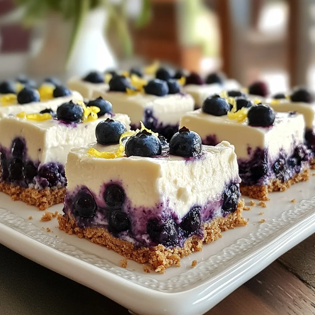 - 1 ½ cups graham cracker crumbs - 1/3 cup granulated sugar - 1/2 cup unsalted butter, melted - 16 oz cream cheese, at room temperature - 1 cup powdered sugar - 1 teaspoon vanilla extract - 1 cup heavy whipping cream - 1 ½ cups fresh blueberries - 2 tablespoons lemon juice - 1 teaspoon lemon zest Fresh blueberries are key for this recipe. They add flavor and a nice color. When you use fresh blueberries, you get a sweeter and juicier taste. Frozen blueberries can work, but they may make the filling watery. If you cannot find graham crackers, try using crushed cookies or oats. Vanilla wafers or digestive biscuits can also work as a base. Just make sure the texture is fine so it mixes well with the butter. This will help keep the crust firm. First, gather your ingredients for the crust. You will need: - 1 ½ cups graham cracker crumbs - 1/3 cup granulated sugar - 1/2 cup unsalted butter, melted In a mixing bowl, combine the graham cracker crumbs and sugar. Pour in the melted butter and mix well. The mixture should look like wet sand. This texture helps form a solid base. To achieve a firm base, press the crumb mixture into an 8x8 inch baking dish. Use a flat-bottomed glass to compact it well. Make sure it is even. Next, refrigerate the crust while you prepare the filling. Now it’s time to make the filling. You’ll need: - 16 oz cream cheese, at room temperature - 1 cup powdered sugar - 1 teaspoon vanilla extract - 1 cup heavy whipping cream In a large bowl, beat the cream cheese with a hand mixer. Mix until it is creamy and smooth. Gradually add the powdered sugar and vanilla extract. Keep mixing until everything is well combined. In another bowl, whip the heavy cream until it forms stiff peaks. Gently fold the whipped cream into the cream cheese mixture. Be careful not to lose the fluffiness. This step is key for a light texture. Now, let’s assemble your cheesecake. First, you will need: - 1 ½ cups fresh blueberries - 2 tablespoons lemon juice - 1 teaspoon lemon zest In a separate bowl, mix the fresh blueberries with lemon juice and zest. Fold about 2/3 of this blueberry mix into the cheesecake filling. Reserve the rest for later. Pour the cheesecake filling over the crust and spread it evenly. Top with the reserved blueberries to add a burst of flavor. Cover the dish and place it in the refrigerator for at least 4 hours. This time allows the cheesecake to set firmly. To avoid lumps in your cheesecake filling, make sure your cream cheese is at room temperature. Cold cream cheese is hard to beat smoothly. Use a hand mixer for the best results. Start mixing on low to combine, then increase the speed to get it creamy. For whipping cream, chill your bowl and beaters first. This helps the cream whip faster. Whip until stiff peaks form. Be gentle when folding it into the cream cheese mixture. You want it fluffy, not flat. Garnish each cheesecake bar with a fresh blueberry. Add a sprinkle of lemon zest for color. This makes each slice look bright and fresh. When serving at a party, place the bars on a white platter. It gives an elegant look. You can also cut the bars into fun shapes, like hearts, for special occasions. This adds a personal touch that everyone will love. {{image_2}} You can switch up the fruits in this recipe. Try strawberries or raspberries for a new twist. Mixing different berries gives a fun taste and pretty colors. You can also infuse flavors like chocolate or coconut. Just add cocoa powder or shredded coconut to the cream cheese mix. This adds depth and fun to the bars. If you need a gluten-free option, swap graham crackers for almond flour or gluten-free cookies. This keeps the crust tasty and safe for those who can't have gluten. For a vegan version, use dairy-free cream cheese and coconut cream instead of heavy cream. This way, everyone can enjoy these delicious bars without worry. To keep your no bake blueberry cheesecake bars fresh, store them in the fridge. Place the bars in an airtight container. You can also cover the dish tightly with plastic wrap. If you want to freeze them, slice the bars first. Wrap each piece in plastic wrap and place them in a freezer-safe bag. This way, you can enjoy them later! These cheesecake bars last about 5 to 7 days in the fridge. If stored properly in the freezer, they can last up to 3 months. Look for signs of spoilage, such as a sour smell or mold. If you see any of these signs, it’s best to toss the bars. Always trust your senses; they help keep you safe! Yes, you can make these cheesecake bars a day or two before you want to serve them. This gives the bars time to chill and set perfectly. Just store them in the fridge, covered tightly. They will taste great when you are ready to serve them. The cheesecake needs at least 4 hours in the fridge to set. I recommend waiting overnight if you can. This way, the bars will be firm and easy to slice. A well-set cheesecake gives you nice clean edges when you cut it. Yes, you can use Greek yogurt or mascarpone cheese instead of cream cheese. Both options add a unique flavor. Greek yogurt will make the cheesecake a bit tangy. Mascarpone will give it a rich and creamy texture. Just keep in mind that the taste will change slightly. You now have a complete guide to making No Bake Blueberry Cheesecake Bars. You learned about the fresh ingredients, clear instructions, and helpful tips to achieve the best results. Don't hesitate to experiment with flavors or dietary changes. Remember to store your leftovers properly to enjoy them later. With this knowledge, you can impress friends and family with your cheesecake bars. Enjoy your baking adventure and savor every bite!