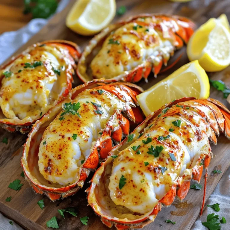 To make savory garlic butter lobster tails, gather these ingredients: - 4 lobster tails - 1/2 cup unsalted butter - 4 cloves garlic, minced - 1 tablespoon fresh parsley, chopped - 1 teaspoon lemon zest - 1/2 teaspoon paprika - Salt and pepper to taste - Lemon wedges for serving You can swap some ingredients if needed. Use salted butter for extra flavor. You can also add more herbs like thyme or basil instead of parsley. If you don’t have fresh garlic, garlic powder works well too. For a citrus twist, swap lemon zest with lime zest. Fresh lobster tails taste great, but frozen ones can be just as good. Frozen tails are often caught and frozen quickly. This way, they keep their flavor. When buying, check for a firm shell and a fresh scent. If you choose frozen tails, thaw them in the fridge overnight for best results. To start, you need to prepare the lobster tails. First, preheat your oven to 425°F (220°C). Then, grab some kitchen shears. Carefully cut the top shell of each lobster tail down the center. Stop just before you reach the tail. This step helps the heat reach the meat. Next, gently pull apart the shell to expose the flesh. This will make it easy to coat the meat with garlic butter later. Now, let’s make the garlic butter. In a small saucepan, melt 1/2 cup of unsalted butter over medium heat. Once the butter is melted, add 4 cloves of minced garlic. Sauté for 1-2 minutes. You want it fragrant, but don’t let it brown. Remove the pan from the heat. Stir in 1 tablespoon of chopped fresh parsley, 1 teaspoon of lemon zest, and 1/2 teaspoon of paprika. Season with salt and pepper to taste. This mixture will make your lobster tails taste amazing. After preparing the lobster and garlic butter, it’s time to bake. Place the lobster tails on a baking sheet, flesh side up. Generously brush the garlic butter mixture over the meat. Make sure to cover it well. Save some butter for later. Bake the lobster tails for about 12-15 minutes. They are done when the meat is opaque and cooked through. In the last few minutes, baste the lobster with the reserved garlic butter. This adds even more flavor. Once done, let them rest for a couple of minutes. Serve with fresh lemon wedges for extra zest. Choosing fresh lobster tails is key for great flavor. Look for tails with a firm shell. They should feel heavy for their size. The meat should be slightly translucent, not cloudy. Check the color; it should be bright and vibrant. Avoid tails with a strong fishy smell. Fresh tails often have a mild ocean scent. To make the garlic butter shine, use fresh garlic. Mince the garlic finely for even flavor. Don't let it brown in the pan; you want the sweet aroma. Adding fresh parsley gives a pop of color and taste. Lemon zest adds brightness. The paprika gives warmth and a touch of spice. Mix these well into the melted butter for a balanced flavor. Cooking time can change based on the size of the lobster tails. For smaller tails, check the meat around 10 minutes. Larger tails may need up to 18 minutes. The lobster is done when it turns opaque and firm. Keep an eye on it; overcooking makes it tough. Basting with garlic butter helps keep the meat juicy. {{image_2}} You can add fresh herbs to your garlic butter. Try using basil, thyme, or dill. Just chop them finely and mix them in. This adds a fresh taste and extra color. You can use any herb you enjoy. Each adds a unique flavor. Experiment with different herbs for new twists. If you like heat, add red pepper flakes to the garlic butter. Start with a pinch and taste as you go. You can also add hot sauce for more spice. This gives the dish a nice kick. It balances well with the richness of the butter. A spicy version is great for those who love bold flavors. Baking lobster tails is easy and produces tender meat. Grilling gives a smoky flavor and a nice char. Both methods work well, but they offer different tastes. Baking is more hands-off, while grilling needs attention. If you want a quick meal, bake. For a fun outdoor experience, grill. Try both to find your favorite! After you enjoy your garlic butter lobster tails, store any leftovers right away. Place the tails in an airtight container. This keeps them fresh and tasty. Store them in the fridge for up to two days. If you leave them out, they can spoil quickly. To reheat lobster tails, the oven works best. Preheat your oven to 350°F (175°C). Place the lobster tails on a baking sheet. Cover them with foil to keep them moist. Heat for about 10 minutes or until warm. You can also use a microwave. If you do, heat in short bursts to avoid overcooking. If you want to save lobster tails for later, freezing is a great option. Start by cleaning the tails and removing the meat. Wrap each tail in plastic wrap. Make sure it's tight to avoid freezer burn. Then, place the wrapped tails in a freezer bag. Squeeze out any air before sealing. You can freeze them for up to three months. When ready to use, thaw in the fridge overnight before cooking. You can tell if lobster tails are cooked by looking at the color. The meat should be opaque and white. If it is still translucent or clear, it needs more time. Also, the internal temperature should reach 140°F (60°C). Use a meat thermometer for accuracy. Cook lobster tails for about 12-15 minutes at 425°F (220°C) for best results. Basting with garlic butter helps keep them moist and adds flavor. Yes, you can use salted butter instead of unsalted. However, you may want to reduce the salt in the recipe. Unsalted butter gives you more control over the salt level. This allows you to adjust the taste to your liking. Salted butter can add a nice flavor, but be mindful of the overall saltiness in the dish. The best sides for garlic butter lobster tails include simple and fresh options. Here are a few great ideas: - Garlic bread for dipping in the butter - Steamed asparagus or green beans for color and crunch - A light salad with lemon vinaigrette for freshness - Rice or quinoa to soak up the garlic butter - Mashed potatoes for a creamy side dish These sides complement the rich flavors of the lobster tails. Cooking garlic butter lobster tails is simple and fun. We covered each step, from choosing fresh tails to baking them to perfection. Don't forget the key tips for flavor and cooking times. You can also explore variations to suit your taste. Lastly, proper storage helps keep your meal fresh for later enjoyment. Enjoy this dish as a delightful treat or a special meal. Trust that your skills will impress everyone at the table.