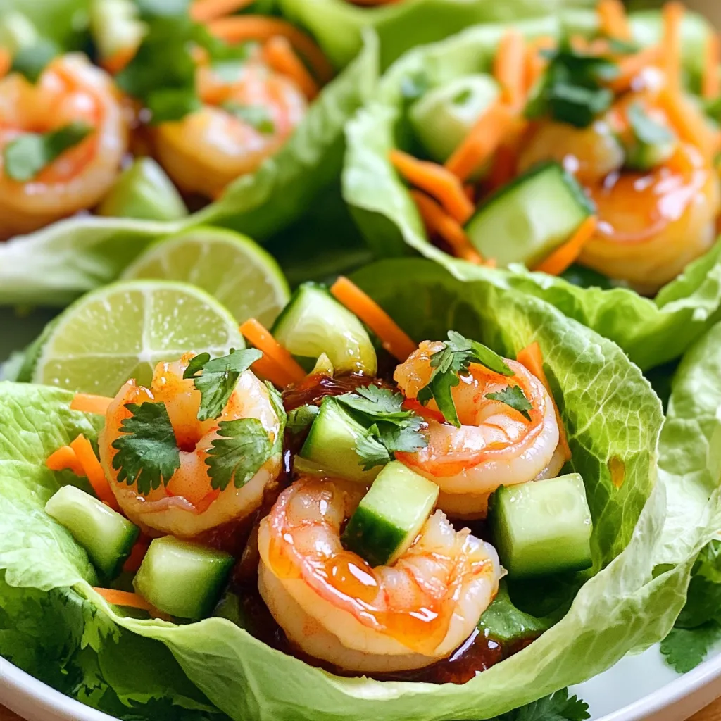 - 1 lb shrimp, peeled and deveined - 2 tablespoons honey - 2 tablespoons Sriracha sauce - 1 tablespoon soy sauce The main ingredients are simple yet bold. Shrimp is the star. It adds a nice, sweet flavor that pairs well with honey and Sriracha. Honey brings sweetness, while Sriracha adds heat. Soy sauce adds depth and saltiness. Together, they create a tasty base for the wraps. - 2 cloves garlic, minced - 1 tablespoon ginger, grated - 1 tablespoon lime juice - 1 teaspoon sesame oil - 1/2 teaspoon salt - 1/4 teaspoon black pepper Aromatics bring the dish to life. Garlic and ginger add a warm, spicy note. Lime juice adds brightness. Sesame oil gives a nutty flavor. Salt and black pepper round out the taste. These ingredients enhance the shrimp and make the wraps even better. - 1 head of iceberg lettuce, leaves separated - 1/4 cup diced cucumber - 1/4 cup grated carrots - 1/4 cup chopped cilantro - Slices of lime for garnish Fresh toppings add crunch and color. Iceberg lettuce makes a great wrap. It’s crisp and holds everything well. Cucumber adds coolness and crunch. Grated carrots bring sweetness and texture. Cilantro adds a fresh herb flavor. Lime slices give an extra zing. These toppings complete the dish and make it fun to eat. First, grab a bowl. In it, whisk together the honey, Sriracha, soy sauce, minced garlic, grated ginger, lime juice, sesame oil, salt, and black pepper. Make sure all the ingredients blend well. This mix creates a sweet and spicy sauce that packs a punch. Now, add the shrimp to the marinade. Use a spoon to coat each shrimp fully. Let them sit in the marinade for 15 to 20 minutes. This step allows the shrimp to soak up all that flavor. Next, heat a skillet over medium-high heat. Add the marinated shrimp to the skillet, but keep any leftover marinade for later. Cook the shrimp for 2 to 3 minutes on each side. They should turn pink and be cooked through. Once done, pour the reserved marinade into the skillet. Let it simmer for 1 to 2 minutes. This thickens the sauce, making it extra tasty. To put it all together, take a lettuce leaf. Fill it with a few cooked shrimp. Top with diced cucumber, grated carrots, and chopped cilantro. For a burst of flavor, squeeze fresh lime juice over the top. Serve these wraps warm for the best experience. Enjoy! To get juicy shrimp, timing and heat are key. Cook shrimp for about 2-3 minutes on each side. They should turn pink and curl slightly. Make sure your skillet is hot, but not too hot. A medium-high heat works best. Overcooking can make shrimp tough. Always check them closely to avoid this. Do you want more or less heat? You can easily adjust the Sriracha. Start with one tablespoon for a mild kick. If you love spice, try two tablespoons or more. You can also add a little honey to balance out the heat. Taste the marinade before you add the shrimp. This way, you can find your perfect spice level. Choosing the right lettuce makes your wraps fresh and fun. Iceberg lettuce is my favorite. Its leaves are crisp and hold well. Romaine is another good option if you want a bit more flavor. Butter lettuce is soft and tender, perfect for a delicate wrap. Just make sure the leaves are clean and dry. This ensures your wrap stays crunchy and tasty. {{image_2}} If you want to switch things up, try using chicken, tofu, or veggies. - Chicken: Use cooked chicken breast. Marinate the same way as shrimp. - Tofu: Choose firm tofu. Press it to remove water, then cube and marinate. - Veggies: Try bell peppers, mushrooms, or zucchini. Sauté them until tender. These swaps keep the dish fresh and fun! Adding more toppings can make your wraps even better. - Avocado: Creamy avocado adds a rich taste. - Jalapeños: For some heat, add sliced jalapeños. - Mango: Sweet mango gives a nice contrast to the spicy shrimp. Feel free to mix and match toppings to find your favorite combo! You can switch Sriracha for other sauces to change the flavor. - Chili Garlic Sauce: This gives a strong garlic flavor with heat. - Sweet Chili Sauce: This sauce offers a sweet and tangy taste. - Buffalo Sauce: For a kick, use buffalo sauce instead of Sriracha. These options let you create a new dish every time! To keep your shrimp fresh, store it properly. Place any leftover shrimp in an airtight container. Make sure it cools down to room temperature before sealing. Store the container in the fridge. Cooked shrimp can last up to three days in the fridge. Always check for any off smells before eating. When reheating shrimp, the goal is to keep it juicy. Use a skillet over medium heat. Add a splash of water or a bit of oil. This helps keep it moist. Heat for about three to four minutes, stirring gently. Avoid cooking too long, or the shrimp can become tough. If you want to save shrimp for later, freezing works well. Place the cooked shrimp in a single layer on a baking sheet. Freeze for about an hour. Once frozen, transfer the shrimp to a freezer bag. Remove as much air as possible to prevent freezer burn. To thaw, place the shrimp in the fridge overnight. For a quick thaw, run under cold water. Yes, you can prep these wraps in advance. To do this, marinate the shrimp a day before. Keep them in the fridge to soak up the flavors. You can also chop the veggies like cucumber and carrots ahead of time. Store them in airtight containers for freshness. When you're ready to eat, just cook the shrimp and assemble the wraps. This makes for a quick meal. If you need a swap for Sriracha, try these options: - Chili garlic sauce: This adds spice and a bit of garlic flavor. - Sambal oelek: A chunky chili paste that gives heat without sweetness. - Hot sauce: Any hot sauce can work, but check the heat level first. Each sauce has its own taste, so pick one that fits your liking. When buying shrimp, look for these tips: - Color: Fresh shrimp should have a clean, translucent look. Avoid any that look dull or have black spots. - Smell: Fresh shrimp should smell like the sea. If it smells strong or fishy, it’s not fresh. - Texture: The shrimp should feel firm and not sticky. If it feels mushy, skip it. Choosing the right shrimp makes your wraps taste even better. This post covered how to make delicious shrimp wraps using simple ingredients and steps. We explored the key ingredients like shrimp, honey, and Sriracha, along with fresh toppings for crunch. Cooking tips helped ensure tender shrimp and flavorful marinades. You can even adjust spice levels or swap proteins for variety. In the end, these wraps are a fun and tasty meal option. Enjoy making your own version!