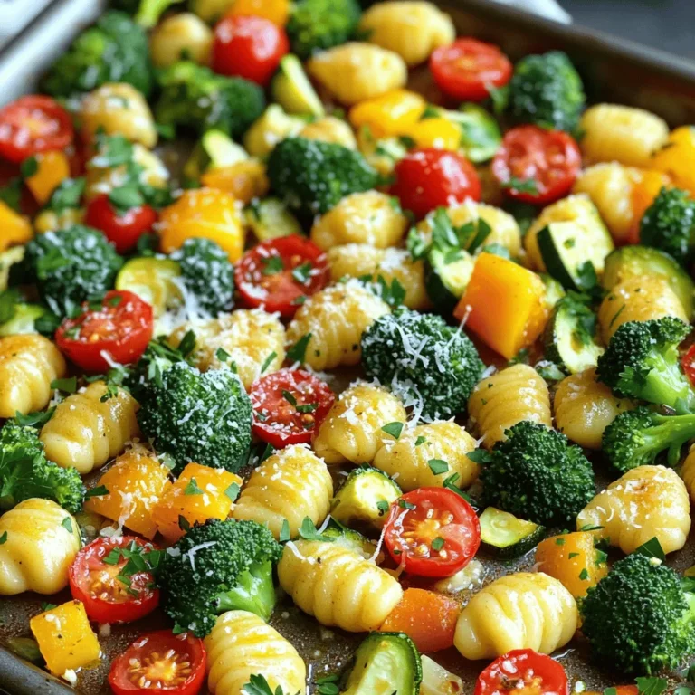 To make this delightful dish, gather these key ingredients: - 1 pound gnocchi (store-bought or homemade) - 2 cups broccoli florets - 1 cup cherry tomatoes, halved - 1 cup bell peppers, chopped (any color) - 1 medium zucchini, sliced - 4 tablespoons olive oil - 4 cloves garlic, minced - ½ cup grated Parmesan cheese - 1 teaspoon Italian seasoning - Salt and pepper to taste - Fresh parsley, chopped (for garnish) You can add a few tasty toppings to elevate your dish. Consider: - Extra Parmesan cheese for more flavor - Crushed red pepper flakes for heat - Lemon zest for a fresh zing - Toasted pine nuts for crunch Choosing fresh veggies makes a big difference. Here are some tips: - Look for bright colors. They show freshness and flavor. - Choose firm veggies. They should feel solid and not soft. - Check for blemishes. Avoid vegetables with dark spots or wrinkles. - Buy in season. Seasonal produce tastes better and is often cheaper. These tips will help you create a vibrant and tasty meal with great texture and flavor. Enjoy your cooking! 1. Start by preheating your oven to 425°F (220°C). This step is key for crispy gnocchi. 2. Grab a large mixing bowl. Toss in 1 pound of gnocchi, 2 cups of broccoli florets, 1 cup of halved cherry tomatoes, 1 cup of chopped bell peppers, and 1 medium sliced zucchini. 3. Drizzle 4 tablespoons of olive oil over the mix. Add 4 minced garlic cloves, 1 teaspoon of Italian seasoning, and salt and pepper to taste. 4. Stir well to coat everything evenly. This helps all the flavors blend together nicely. 5. Line a large sheet pan with parchment paper. Spread the mixture in a single layer on the pan. This ensures even cooking. 1. Place the sheet pan in the preheated oven. Bake for 20-25 minutes. 2. Stir the mixture halfway through. This helps the gnocchi get crispy on all sides. 3. After 20-25 minutes, check if the gnocchi are golden and the veggies are tender. 4. Once done, take the pan out. Sprinkle ½ cup of grated Parmesan cheese over the top. 1. Preheat oven to 425°F (220°C). 2. Bake for 20-25 minutes. Stir halfway for even cooking. 3. Bake for an extra 5 minutes after adding cheese. This melts it perfectly. This simple process will lead you to a tasty and colorful dish that's sure to please! To get crispy gnocchi, use a high oven temperature. Preheat your oven to 425°F (220°C). Spread the gnocchi and vegetables in a single layer on the sheet pan. This ensures they bake evenly. Stir halfway through for the best results. The gnocchi will turn golden and crunchy, making each bite a delight. You can easily switch some ingredients. If you lack gnocchi, try using pasta. For veggies, zucchini can be swapped for asparagus or green beans. If you want a dairy-free option, replace Parmesan with nutritional yeast. You can also change the herbs. Use fresh basil instead of Italian seasoning for a twist. To store leftovers, let them cool completely. Place them in an airtight container. They will stay fresh in the fridge for up to three days. Reheat in the oven for the best texture. If you're short on time, you can use the microwave, but this may make them soft. Enjoy your meal again without losing flavor! {{image_2}} You can switch up the veggies in this dish. Try using asparagus or cauliflower. Carrots add a nice crunch and color. Spinach or kale bring in great flavor. Just keep the cooking times in mind. Softer veggies need less time, while firmer ones need more. To make this dish vegan, skip the Parmesan cheese. Use nutritional yeast instead. It gives a cheesy flavor without dairy. You can also use a plant-based gnocchi. Check labels to ensure they are dairy-free. This way, everyone can enjoy the meal. Adding protein can make this dish more filling. Chicken or shrimp works well with the flavors. Tofu or chickpeas are great plant-based options. Cook the protein separately and mix it in before serving. This adds a nice boost to your meal. This dish shines when paired with a simple salad. A fresh green salad with a light vinaigrette works well. You might also enjoy a slice of crusty bread. The bread helps scoop up any extra sauce. If you love protein, try adding grilled chicken or shrimp. These options add great flavor and make the meal more filling. Roasted or sautéed vegetables complement the gnocchi and veggies. Think about serving some garlic green beans or sautéed spinach. They add color and taste to your plate. A creamy soup, like tomato basil, also pairs nicely. It warms you up and balances the meal. For a light touch, serve some sliced cucumbers or a fruit salad. They bring a refreshing crunch. To impress your guests, serve the gnocchi in individual bowls. You can sprinkle extra Parmesan on top for a gourmet look. Use fresh parsley to add a splash of color. Arrange the vegetables artfully around the gnocchi. For a fun twist, serve with colorful plates or napkins. You can also add a lemon wedge for a pop of brightness. This makes the dish feel special and inviting. Yes, you can use frozen gnocchi. Just add them directly to your bowl. They will cook well in the oven. You do not need to thaw them first. This makes it easy on busy nights. To reheat leftovers, place them in the oven. Set the oven to 350°F (175°C). Bake for about 10-15 minutes. You can also use a microwave. Just heat in short bursts, stirring often. You can prep the gnocchi and veggies ahead of time. Toss them with oil and seasonings. Store them in the fridge for up to 24 hours. When ready, just bake as normal. The best vegetables include broccoli, cherry tomatoes, and bell peppers. Zucchini works well too. You can also use asparagus, carrots, or green beans. Choose your favorites to make it your own. You now have a clear guide for making a delicious gnocchi dish. We reviewed ingredients, cooking steps, and helpful tips. Remember to choose fresh veggies for the best flavor. You can always try new toppings or make fun variations to suit your taste. Don’t forget to store leftovers properly to enjoy later. With these steps, you can serve a tasty meal that impresses. Enjoy your cooking journey and share your delicious results!