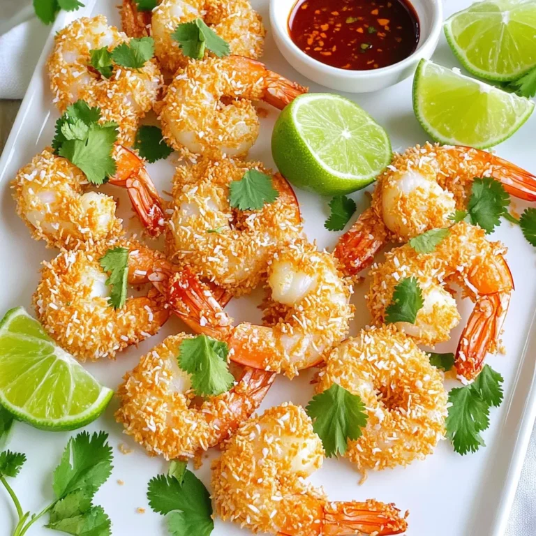 To make the best air fryer coconut shrimp, you need: - 1 pound large shrimp, peeled and deveined - 1 cup unsweetened shredded coconut - 1 cup panko breadcrumbs - 1/2 cup all-purpose flour - 2 large eggs, beaten - 1 teaspoon garlic powder - 1 teaspoon paprika - Salt and pepper to taste These ingredients come together to create a crunchy, flavorful dish. The shrimp adds protein, while the coconut and panko give it a satisfying crunch. Garlic powder and paprika add a nice flavor boost. For the sweet chili sauce, gather: - 1/2 cup sweet chili sauce - 1 tablespoon lime juice - 1 teaspoon sriracha (optional, for extra heat) This sauce brings a sweet and tangy taste. The lime juice adds freshness, while sriracha can kick up the flavor if you like a bit of heat. Use a cooking spray that fits your needs. A light olive oil spray works well. It helps the shrimp crisp up nicely in the air fryer. Just a quick spray will do the trick to avoid sticking. First, you need to prep the shrimp. Take one pound of large shrimp that is peeled and deveined. Use paper towels to pat the shrimp dry. This step is key. It removes extra moisture. A dry shrimp helps the coating stick better. Set the shrimp aside while you prepare the breading stations. Now, gather three shallow bowls. In the first bowl, place 1/2 cup of all-purpose flour. In the second bowl, beat two large eggs and pour them in. For the third bowl, mix 1 cup of unsweetened shredded coconut with 1 cup of panko breadcrumbs. Add 1 teaspoon of garlic powder, 1 teaspoon of paprika, and salt and pepper to taste. Make sure to mix this well. Each bowl will help you coat the shrimp perfectly. Before you cook, preheat your air fryer to 400°F (200°C). This usually takes about 5 minutes. While it heats up, lightly spray the air fryer basket with cooking spray. Now, take each shrimp. First, dip it in the flour and shake off any extra. Then, coat it in the egg. Finally, dredge it through the coconut panko mix. Press gently so the coating sticks. Place the shrimp in a single layer in the basket. Make sure they don’t touch each other. Cook for 8-10 minutes. Flip them halfway through. They should be golden brown and crispy when done. While the shrimp cooks, you can make the sweet chili sauce. In a small bowl, mix 1/2 cup of sweet chili sauce with 1 tablespoon of lime juice. If you like heat, add 1 teaspoon of sriracha. Taste the sauce and adjust it to your liking. This sauce is perfect for dipping your crispy shrimp. To get a crispy coconut coating, start with dry shrimp. Pat them with paper towels to remove moisture. Use unsweetened shredded coconut for a pure coconut taste. Mix panko breadcrumbs with the coconut. The panko adds crunch. Press the mixture onto the shrimp to help it stick. Lightly spray the air fryer basket with cooking spray for even crisping. Cooking time can change based on shrimp size. For large shrimp, cook for 8-10 minutes. Smaller shrimp may need less time. Always flip the shrimp halfway through cooking. This helps them cook evenly. If they look golden brown, they are ready. Check to ensure they are fully cooked inside. Serve the shrimp hot for the best taste. Pair them with sweet chili sauce for a fun dip. Add lime wedges for a fresh twist. Fresh cilantro makes a nice garnish. You can also serve them with a side of rice or a salad. Try adding pineapple salsa for extra flavor. This creates a tropical feel that everyone will love! {{image_2}} You can kick up the heat in your coconut shrimp. Just add some sriracha to the coating. Mix one teaspoon of sriracha into the coconut panko mixture. This gives an extra zing with every bite. If you want more spice, increase the amount of sriracha. You can also add a pinch of cayenne pepper to the flour for a spicy twist. While sweet chili sauce is great, you can try other dips too. A tangy mango salsa adds freshness and flavor. You can easily make it by mixing diced mango, onion, and cilantro. Another option is a creamy avocado dip. Mash one ripe avocado and mix it with lime juice and salt. This creamy dip pairs well with the crispy shrimp. If you prefer other proteins, shrimp is not the only option. Chicken tenders work well in this recipe. Just cut the chicken into strips and follow the same steps. You can use firm tofu for a vegetarian option. Press the tofu to remove moisture and slice it into bite-sized pieces. Each protein can bring a new flavor to the dish, so feel free to experiment! You might have some coconut shrimp left after a tasty meal. To store it, let the shrimp cool completely. Place them in an airtight container. They will stay fresh in the fridge for up to two days. Remember, the longer they sit, the less crispy they become. To reheat your coconut shrimp, use your air fryer. Set it to 350°F (175°C). Cook for about 5 minutes. This will help regain some of the crunch. You can also use a regular oven. Preheat it to 350°F (175°C) and bake for about 10 minutes. Avoid using a microwave, as it makes the shrimp soggy. If you want to save some shrimp for later, freezing is a great option. Place the cooled shrimp on a baking sheet in a single layer. Freeze them for about an hour. Once frozen, transfer them to a freezer bag. They can last for up to three months. When ready to eat, just reheat in the air fryer without thawing. Yes, you can use frozen shrimp. Just make sure to thaw them first. Place them in a bowl of cold water for about 15 to 20 minutes. Dry them well with paper towels before breading. This step helps the coating stick better. To make the shrimp gluten-free, swap out the all-purpose flour and panko breadcrumbs. Use a gluten-free flour blend and gluten-free breadcrumbs instead. Check labels to ensure all ingredients are gluten-free. Sweet chili sauce is a classic choice. You can also try honey mustard or a tangy mango salsa. These sauces complement the flavors of the shrimp perfectly. The shrimp should turn pink and opaque when cooked. It usually takes 8 to 10 minutes in the air fryer. Use a food thermometer if you're unsure; the internal temperature should reach 120°F (49°C). Coconut shrimp is a tasty dish made with simple, fresh ingredients. I shared steps to prepare the shrimp, create sweet chili sauce, and tips for a perfect crunch. You learned to customize the recipe with spice or different proteins. Proper storage methods help you enjoy leftovers later. Remember, using frozen shrimp is an easy option, and pairing with the right sauces makes a big difference. Enjoy your cooking adventure and impress your guests with this delightful meal!
