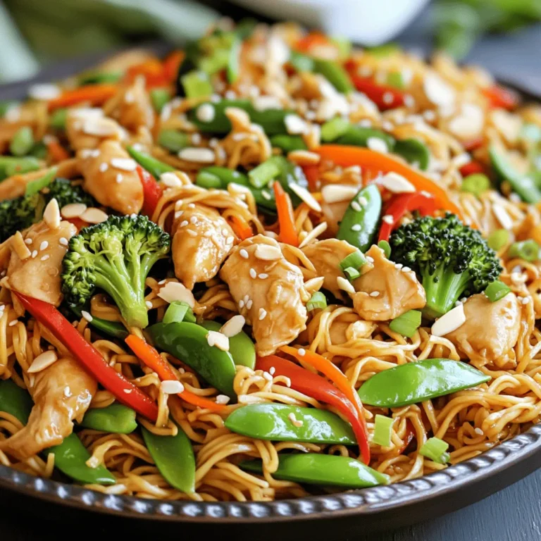 To make Chicken Chow Mein, you need these key items: - 2 cups chow mein noodles - 1 lb boneless, skinless chicken breast, sliced thin - 2 tablespoons soy sauce - 1 tablespoon sesame oil - 1 red bell pepper, julienned - 1 cup broccoli florets - 1 carrot, julienned - 1 cup snap peas - 3 green onions, sliced - 3 cloves garlic, minced - Salt and pepper to taste These ingredients create a tasty and colorful dish. The chicken gives protein, and the noodles add carbs. The veggies bring crunch and nutrients. If you want to boost the taste, consider these extras: - 1 tablespoon oyster sauce - Sliced almonds for garnish Oyster sauce adds depth and a hint of sweetness. Almonds give a nice crunch on top. You can skip these if you want a simpler dish. You can adjust for diets or taste preferences: - Use tofu instead of chicken for a vegetarian option. - Try rice noodles if you cannot find chow mein noodles. - Use low-sodium soy sauce for a healthier choice. - Swap in your favorite veggies like bell peppers or zucchini. These swaps keep the meal enjoyable for everyone. Adjust as needed to fit your lifestyle. First, you need to cook the chow mein noodles. Follow the package instructions carefully. Generally, this takes about 5-7 minutes. Once they are soft, drain them in a colander. Rinse with cold water to stop the cooking. Set the noodles aside for later. Next, grab a large skillet or wok. Heat 1 tablespoon of sesame oil over medium-high heat. Add 1 pound of thinly sliced chicken breast. Season the chicken with salt and pepper. Cook for 5-7 minutes until the chicken is golden and cooked through. Add 3 minced garlic cloves and cook for 1 more minute. This makes the kitchen smell amazing! Now it’s time for the veggies! Toss in 1 red bell pepper, 1 cup of broccoli florets, 1 julienned carrot, and 1 cup of snap peas. Stir-fry these for about 3-4 minutes. You want them tender but still crisp. Next, add the cooked chow mein noodles to the skillet. Pour in 2 tablespoons of soy sauce and 1 tablespoon of oyster sauce, if using. Mix everything well and cook for another 2-3 minutes. This helps all the flavors blend together. Finally, remove from heat and toss in sliced green onions. Serve hot and enjoy your tasty meal! To cook chow mein noodles, follow these steps: - Boil water in a pot. - Add noodles and cook as per package directions. - Stir gently to prevent sticking. - Drain the noodles and rinse with cold water. - This stops the cooking process and keeps them firm. Perfectly cooked noodles are key to a great chow mein. They should be tender but not mushy. For a great stir-fry, use a large skillet or wok. Here’s how to get it just right: - Preheat the skillet. - Use medium-high heat to keep the chicken juicy. - Add one ingredient at a time. This helps each cook well. - Stir constantly for even cooking. - Don’t overcrowd the pan. Cook in batches if needed. These tips ensure your chicken gets a nice golden color and your veggies stay crisp. Flavor is vital in chicken chow mein. Here’s how to boost it: - Use soy sauce for a salty kick. - Add oyster sauce for depth. - Sesame oil gives a nice nutty flavor. - Don’t forget salt and pepper to taste. - Fresh minced garlic adds a wonderful aroma. Incorporating these seasonings creates a rich, savory taste that elevates your chow mein. {{image_2}} You can easily make a tasty vegetarian chow mein. Simply replace the chicken with tofu. Firm tofu works best. Cut it into small cubes and stir-fry until golden. You can also use tempeh for a nutty flavor. Add more veggies like bell peppers, mushrooms, and bok choy. Don't forget to keep your soy sauce and sesame oil for flavor. If you want to switch up the protein, try shrimp or beef. Shrimp cooks quickly and adds a nice touch. Use thinly sliced beef for a heartier dish. Just like chicken, season these proteins well. Cook them until they are just done, then add the veggies. Both options will give you a different twist on the classic. Get creative with your veggies! You can add any vegetables you love. Try zucchini, corn, or even spinach. Each vegetable brings a new taste and texture. Just make sure to cut them into small pieces. This way, they cook evenly. Always aim for a mix of colors for a beautiful dish. To store leftover Chicken Chow Mein, place it in an airtight container. Make sure the dish is cool before sealing. This helps keep the flavors fresh. You can store it in the fridge for up to three days. If you want to keep it longer, consider freezing it. When reheating Chicken Chow Mein, aim for even heating. You can use the microwave or the stove. If using the microwave, cover the dish with a lid or plastic wrap. Heat it in short bursts, stirring in between. On the stove, add a splash of water to prevent drying. Heat over low heat until warm. Freezing Chicken Chow Mein is a great option for meal prep. Before freezing, allow the dish to cool completely. Place it in a freezer-safe container or bag. You can freeze it for up to three months. To thaw, move it to the fridge overnight. Reheat it before serving to enjoy its full flavor. You can serve Chicken Chow Mein with several sides. Here are some ideas: - Egg rolls for a crunchy bite. - Fried rice for extra carbs. - Steamed dumplings, which add great flavor. - A light cucumber salad to cool things down. - Hot and sour soup for a spicy kick. These sides make your meal even better. Yes, you can prepare Chicken Chow Mein ahead of time. Just follow these steps: 1. Cook the dish as normal. 2. Let it cool before storing it. 3. Place in an airtight container. It stays good in the fridge for about three days. To reheat, simply warm it in a skillet. This keeps it fresh and tasty. Chow Mein and Lo Mein are both delicious, but they differ in a few ways: - Noodles: Chow Mein uses thin, crispy noodles. Lo Mein uses soft, chewy noodles. - Cooking Method: Chow Mein gets stir-fried until crispy. Lo Mein is tossed with sauce after cooking. - Texture: Chow Mein is crunchy, while Lo Mein is soft and saucy. Both are great choices that you can enjoy in many ways! You learned about the key ingredients for Chicken Chow Mein, both essential and optional. I shared step-by-step cooking instructions, plus tips to perfect your dish. We explored variations, like vegetarian options and different proteins. Finally, I gave you storage and reheating tips for leftovers. With these tools, you can create a delicious meal tailored to your taste. Enjoy experimenting and making this dish your own. Happy cooking!