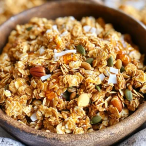 To make Pumpkin Spice Maple Granola, you need three main types of ingredients: - Rolled oats: These provide a hearty base for your granola. - Nuts and seeds: You can use almonds, pecans, or walnuts for crunch. Pumpkin seeds add extra flavor and nutrition. - Sweeteners and flavorings: Maple syrup gives sweetness, while pumpkin pie spice adds warmth and depth. Here are the exact amounts to use for each ingredient: - 2 cups rolled oats - 1 cup chopped nuts (almonds, pecans, or walnuts) - 1/2 cup pumpkin seeds - 1/2 cup unsweetened shredded coconut - 1/2 cup maple syrup - 1/4 cup melted coconut oil - 1/2 cup pumpkin puree - 2 teaspoons pumpkin pie spice - 1/2 teaspoon vanilla extract - 1/4 teaspoon salt You can customize your granola by adding dried fruits, chocolate chips, or more spices to suit your taste. This granola is not just tasty; it also packs a nutritional punch. Here are some key nutrients you get: - Fiber: Rolled oats and pumpkin seeds are high in fiber, which helps digestion. - Healthy fats: Nuts and coconut oil provide good fats that support heart health. - Vitamins and minerals: Pumpkin is rich in vitamin A, potassium, and antioxidants, which boost your immune system. Eating granola like this gives you energy and keeps you full longer. It's a smart choice for breakfast or a snack! First, preheat your oven to 350°F (175°C). This will help your granola bake evenly. Next, line a large baking sheet with parchment paper. This makes for easy cleanup and prevents sticking. In a big mixing bowl, combine 2 cups of rolled oats, 1 cup of chopped nuts (like almonds, pecans, or walnuts), 1/2 cup of pumpkin seeds, and 1/2 cup of unsweetened shredded coconut. Mix these dry ingredients well. This step is key for flavor and texture. In another bowl, whisk together 1/2 cup of maple syrup, 1/4 cup of melted coconut oil, and 1/2 cup of pumpkin puree. Add 2 teaspoons of pumpkin pie spice, 1/2 teaspoon of vanilla extract, and 1/4 teaspoon of salt. Make sure it is well blended. This mixture brings sweetness and warmth to your granola. Pour the wet mixture over the dry ingredients. Stir until all pieces get coated. Spread the granola mixture evenly on the prepared baking sheet. Bake it in the oven for 25-30 minutes. Stir halfway through to ensure even toasting. Look for a golden brown color, which means it's done. Once baked, remove the granola from the oven. Let it cool completely on the baking sheet. It will harden as it cools. After cooling, break it into clusters. Store your granola in an airtight container to keep it fresh. Enjoy your crunchy treat! To get that ideal crunch, baking time is key. Always preheat your oven to 350°F. This helps the granola cook evenly. Stir the granola halfway through baking. This ensures all parts get golden and crunchy. Let it cool completely on the sheet. This is when it firms up, creating those delightful clusters. Factors like moisture and baking time affect texture. If your granola is too soft, it may need more time in the oven. Keep an eye on it, as every oven is different. A perfect granola should feel firm and break easily. You can easily switch up spices in your granola. Try adding cinnamon or nutmeg for a new twist. You can also use ginger or allspice if you want a different kick. These spices mix well with pumpkin and enhance the flavor. If you want to adjust the sweetness, add less maple syrup. You can replace some with honey or agave syrup too. Taste the mixture before baking to find your ideal balance. Enjoy your granola in many ways! It’s great with yogurt or milk. You can sprinkle it on oatmeal for added crunch. Try it over smoothie bowls for texture and flavor. For serving ideas, drizzle extra maple syrup on top. A dollop of yogurt adds creaminess, while a sprinkle of cinnamon boosts warmth. You can also mix in fresh fruit for a colorful touch. {{image_2}} You can easily swap out nuts for seeds. Try using pumpkin seeds or sunflower seeds. They add great crunch and flavor. If you want a nut-free version, seeds are a fantastic option. You can also change the sweetener. Maple syrup is delicious, but honey or agave syrup works too. Each sweetener gives a unique taste to the granola. Just remember to use the same amount when you switch. Don’t be afraid to mix spices. Try adding cinnamon or nutmeg for extra warmth. You could also use chai spice for a unique twist. Experimenting with different spice blends makes the granola even more fun. Adding dried fruits or chocolate can enhance the flavor. Dried cranberries, raisins, or chopped dates are good choices. You can also add dark chocolate chips for a sweet treat. Just stir them in after baking for the best results. To make this granola gluten-free, use certified gluten-free oats. Always check the labels to be sure. This small change makes a big difference for those with gluten sensitivities. For a vegan version, ensure all ingredients are plant-based. Coconut oil is already vegan, so you’re good there. You can also use maple syrup as a sweetener. It is naturally vegan and adds great flavor. To keep your pumpkin spice maple granola fresh, use an airtight container. Glass jars work well. You can also use plastic containers with tight lids. Keep it in a cool, dark place. Avoid areas with strong heat or light, as they can make the granola stale. Your granola can last for about two weeks. If stored properly, it may last up to a month. Watch for signs of spoilage. If it smells off or has a soft texture, it is time to toss it. If your granola loses its crunch, don’t worry! You can restore it easily. Spread it on a baking sheet and bake at 300°F (150°C) for about 10 minutes. Keep an eye on it to avoid burning. Let it cool before storing again. Always store it in a dry place to avoid moisture. It takes about 40 minutes to make this granola. You need 10 minutes to prep and 25-30 minutes to bake. This quick process gives you tasty granola in no time. Yes, you can use quick oats. They will create a softer texture in your granola. Rolled oats give a chewier bite, while quick oats are faster to cook. Absolutely! This granola is vegan. It uses maple syrup and coconut oil, both plant-based. Enjoy it without worry if you follow a vegan diet. You can store leftover granola in an airtight container. It makes a great snack or breakfast option. Try it with yogurt, milk, or fresh fruit. You can also sprinkle it on top of desserts for added crunch. Making pumpkin spice maple granola at home is easy and fun. You learned about the essential ingredients like rolled oats, nuts, and sweeteners. I shared step-by-step instructions for preparation, baking, and cooling. You can customize your granola with flavors and textures that suit your taste. Remember to store it well for freshness. With these tips, you can enjoy a tasty, healthy snack. Now, go create your perfect granola and enjoy every crunchy bite!