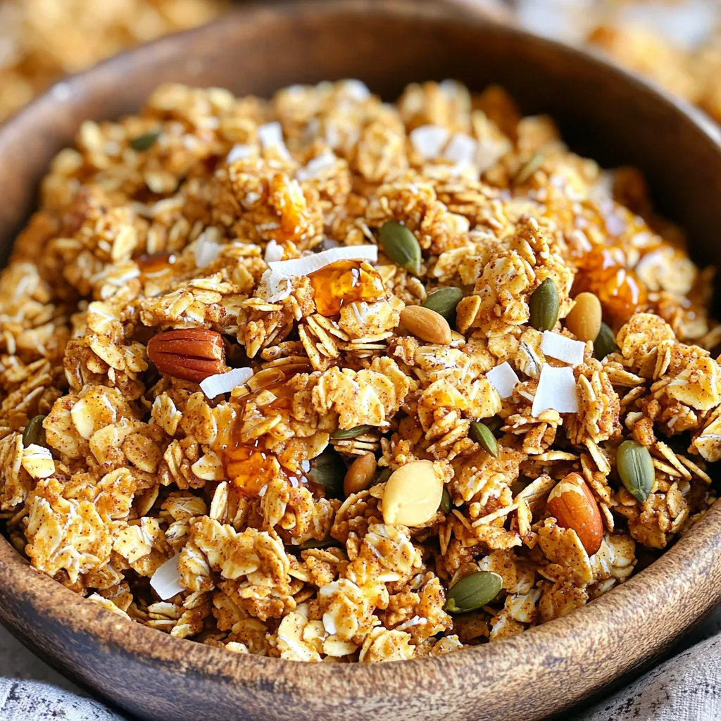 To make Pumpkin Spice Maple Granola, you need three main types of ingredients: - Rolled oats: These provide a hearty base for your granola. - Nuts and seeds: You can use almonds, pecans, or walnuts for crunch. Pumpkin seeds add extra flavor and nutrition. - Sweeteners and flavorings: Maple syrup gives sweetness, while pumpkin pie spice adds warmth and depth. Here are the exact amounts to use for each ingredient: - 2 cups rolled oats - 1 cup chopped nuts (almonds, pecans, or walnuts) - 1/2 cup pumpkin seeds - 1/2 cup unsweetened shredded coconut - 1/2 cup maple syrup - 1/4 cup melted coconut oil - 1/2 cup pumpkin puree - 2 teaspoons pumpkin pie spice - 1/2 teaspoon vanilla extract - 1/4 teaspoon salt You can customize your granola by adding dried fruits, chocolate chips, or more spices to suit your taste. This granola is not just tasty; it also packs a nutritional punch. Here are some key nutrients you get: - Fiber: Rolled oats and pumpkin seeds are high in fiber, which helps digestion. - Healthy fats: Nuts and coconut oil provide good fats that support heart health. - Vitamins and minerals: Pumpkin is rich in vitamin A, potassium, and antioxidants, which boost your immune system. Eating granola like this gives you energy and keeps you full longer. It's a smart choice for breakfast or a snack! First, preheat your oven to 350°F (175°C). This will help your granola bake evenly. Next, line a large baking sheet with parchment paper. This makes for easy cleanup and prevents sticking. In a big mixing bowl, combine 2 cups of rolled oats, 1 cup of chopped nuts (like almonds, pecans, or walnuts), 1/2 cup of pumpkin seeds, and 1/2 cup of unsweetened shredded coconut. Mix these dry ingredients well. This step is key for flavor and texture. In another bowl, whisk together 1/2 cup of maple syrup, 1/4 cup of melted coconut oil, and 1/2 cup of pumpkin puree. Add 2 teaspoons of pumpkin pie spice, 1/2 teaspoon of vanilla extract, and 1/4 teaspoon of salt. Make sure it is well blended. This mixture brings sweetness and warmth to your granola. Pour the wet mixture over the dry ingredients. Stir until all pieces get coated. Spread the granola mixture evenly on the prepared baking sheet. Bake it in the oven for 25-30 minutes. Stir halfway through to ensure even toasting. Look for a golden brown color, which means it's done. Once baked, remove the granola from the oven. Let it cool completely on the baking sheet. It will harden as it cools. After cooling, break it into clusters. Store your granola in an airtight container to keep it fresh. Enjoy your crunchy treat! To get that ideal crunch, baking time is key. Always preheat your oven to 350°F. This helps the granola cook evenly. Stir the granola halfway through baking. This ensures all parts get golden and crunchy. Let it cool completely on the sheet. This is when it firms up, creating those delightful clusters. Factors like moisture and baking time affect texture. If your granola is too soft, it may need more time in the oven. Keep an eye on it, as every oven is different. A perfect granola should feel firm and break easily. You can easily switch up spices in your granola. Try adding cinnamon or nutmeg for a new twist. You can also use ginger or allspice if you want a different kick. These spices mix well with pumpkin and enhance the flavor. If you want to adjust the sweetness, add less maple syrup. You can replace some with honey or agave syrup too. Taste the mixture before baking to find your ideal balance. Enjoy your granola in many ways! It’s great with yogurt or milk. You can sprinkle it on oatmeal for added crunch. Try it over smoothie bowls for texture and flavor. For serving ideas, drizzle extra maple syrup on top. A dollop of yogurt adds creaminess, while a sprinkle of cinnamon boosts warmth. You can also mix in fresh fruit for a colorful touch. {{image_2}} You can easily swap out nuts for seeds. Try using pumpkin seeds or sunflower seeds. They add great crunch and flavor. If you want a nut-free version, seeds are a fantastic option. You can also change the sweetener. Maple syrup is delicious, but honey or agave syrup works too. Each sweetener gives a unique taste to the granola. Just remember to use the same amount when you switch. Don’t be afraid to mix spices. Try adding cinnamon or nutmeg for extra warmth. You could also use chai spice for a unique twist. Experimenting with different spice blends makes the granola even more fun. Adding dried fruits or chocolate can enhance the flavor. Dried cranberries, raisins, or chopped dates are good choices. You can also add dark chocolate chips for a sweet treat. Just stir them in after baking for the best results. To make this granola gluten-free, use certified gluten-free oats. Always check the labels to be sure. This small change makes a big difference for those with gluten sensitivities. For a vegan version, ensure all ingredients are plant-based. Coconut oil is already vegan, so you’re good there. You can also use maple syrup as a sweetener. It is naturally vegan and adds great flavor. To keep your pumpkin spice maple granola fresh, use an airtight container. Glass jars work well. You can also use plastic containers with tight lids. Keep it in a cool, dark place. Avoid areas with strong heat or light, as they can make the granola stale. Your granola can last for about two weeks. If stored properly, it may last up to a month. Watch for signs of spoilage. If it smells off or has a soft texture, it is time to toss it. If your granola loses its crunch, don’t worry! You can restore it easily. Spread it on a baking sheet and bake at 300°F (150°C) for about 10 minutes. Keep an eye on it to avoid burning. Let it cool before storing again. Always store it in a dry place to avoid moisture. It takes about 40 minutes to make this granola. You need 10 minutes to prep and 25-30 minutes to bake. This quick process gives you tasty granola in no time. Yes, you can use quick oats. They will create a softer texture in your granola. Rolled oats give a chewier bite, while quick oats are faster to cook. Absolutely! This granola is vegan. It uses maple syrup and coconut oil, both plant-based. Enjoy it without worry if you follow a vegan diet. You can store leftover granola in an airtight container. It makes a great snack or breakfast option. Try it with yogurt, milk, or fresh fruit. You can also sprinkle it on top of desserts for added crunch. Making pumpkin spice maple granola at home is easy and fun. You learned about the essential ingredients like rolled oats, nuts, and sweeteners. I shared step-by-step instructions for preparation, baking, and cooling. You can customize your granola with flavors and textures that suit your taste. Remember to store it well for freshness. With these tips, you can enjoy a tasty, healthy snack. Now, go create your perfect granola and enjoy every crunchy bite!