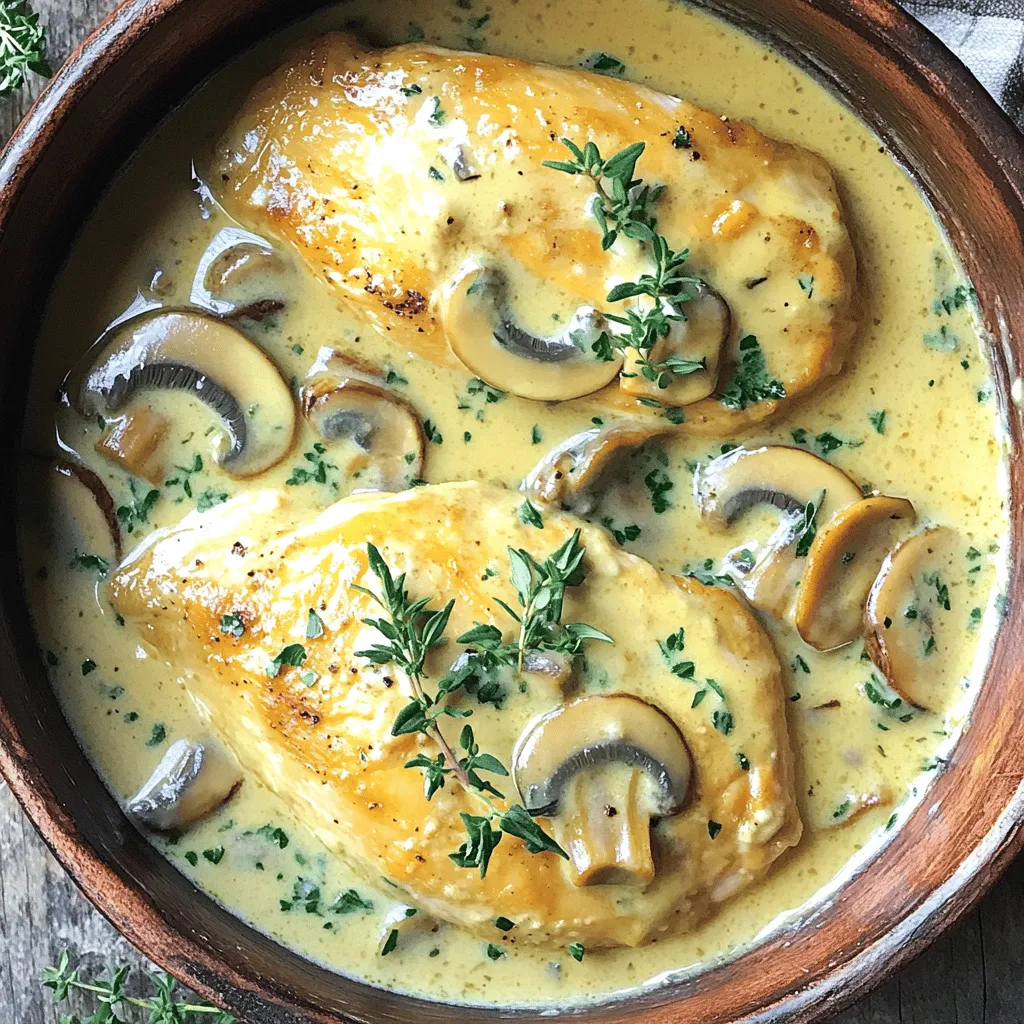 For this creamy mushroom chicken, you need: - 4 boneless, skinless chicken breasts - 1 cup chicken broth - 2 cups cremini mushrooms, sliced - 1 medium onion, finely chopped - 3 cloves garlic, minced - 1 cup heavy cream These ingredients form the heart of the dish. The chicken stays juicy while cooking. The mushrooms add a rich, earthy flavor. The garlic and onion bring out the best in the dish. To make the flavor pop, gather these herbs and seasonings: - 1 teaspoon dried thyme - 1 teaspoon dried rosemary - 1 tablespoon soy sauce - Salt and pepper to taste Thyme and rosemary are classic herbs. They add warmth and depth. The soy sauce gives a savory kick. Adjust the salt and pepper to fit your taste. To finish your dish with flair, consider these garnishes: - Fresh parsley, chopped Chopped parsley not only adds color but also freshness. It makes the dish look appealing. Plus, it adds a hint of flavor that brightens everything up. Start by placing the four boneless, skinless chicken breasts in the slow cooker. Make sure they fit snugly at the bottom. Season them with salt and pepper. This simple step adds great flavor to the chicken. In a separate bowl, mix the chicken broth, soy sauce, dried thyme, and dried rosemary. Use a whisk to blend them well. This mixture will create a savory base for your chicken. Pour this sauce over the seasoned chicken in the slow cooker. Next, add the sliced cremini mushrooms, chopped onion, and minced garlic on top of the chicken. Spread them evenly for the best flavor. Cover the slow cooker. Set it to cook on low for 6 to 7 hours or on high for 3 to 4 hours. You will know it’s done when the chicken is tender and cooked through. When the cooking time is up, carefully remove the chicken from the slow cooker. Stir in the heavy cream into the mushroom mixture. Mix it well to combine. Let it simmer on high for 10 to 15 minutes. This will thicken your sauce nicely. Finally, return the chicken to the slow cooker. Spoon some sauce over the top. Allow it to warm for another 5 minutes. Serve hot, and don’t forget to garnish with fresh parsley for a pop of color! To get that rich, creamy texture, use heavy cream. It blends well with the broth and mushrooms. Stir the cream in at the end to keep it smooth. If you want a lighter version, use half-and-half instead. For more flavor, try adding a splash of white wine before the cream. Let it simmer to thicken the sauce just right. Start with boneless, skinless chicken breasts for best results. Season them well with salt and pepper. Place them at the bottom of the slow cooker. This helps them cook evenly. Cooking on low for 6 to 7 hours gives you the most tender chicken. If you’re short on time, cooking on high for 3 to 4 hours works too. Always check that the chicken reaches an internal temperature of 165°F. Add depth to your dish by using fresh herbs. Dried thyme and rosemary are great choices. They bring out the earthy flavors of the mushrooms. For a savory kick, include soy sauce in the broth mix. You can also toss in some fresh garlic for a bolder taste. Finish with chopped parsley for a fresh, vibrant look and flavor boost. {{image_2}} You can add more veggies to your dish. Try carrots, green beans, or spinach. These add color and nutrients. Chop them into small pieces. Add them to the slow cooker with the mushrooms and onions. The cooking time will still be the same. These veggies will soak up the sauce flavors. You will enjoy a richer taste and a healthy meal. If you want to change the protein, you can. Try turkey or pork tenderloin instead of chicken. Cut them into thick slices. They will cook well in the slow cooker. You can also use firm tofu for a plant-based option. Just remember to adjust the cooking time. Tofu needs less time to cook, about 2 hours on high. To make this recipe gluten-free, swap the soy sauce for tamari. Tamari offers the same umami taste without gluten. You can also use coconut aminos as another option. These keep your dish safe for those with gluten allergies. Always check labels to ensure all ingredients are gluten-free. Enjoy a tasty meal that fits your diet. After cooking, let the chicken cool for a bit. Place it in an airtight container. You can store it in the fridge for up to three days. Make sure to keep the sauce with the chicken. This keeps it moist and tasty. If you want to save some for later, this dish freezes well. First, let it cool completely. Then, put it in a freezer-safe container. You can freeze it for about three months. To avoid freezer burn, wrap it tightly in plastic wrap before sealing. To reheat, you have a few options. The best way is to use the slow cooker. Set it on low and heat for about an hour. You can also use a microwave. Just put it in a bowl, cover it, and heat in short bursts. Stir often to ensure even warming. Yes, you can use frozen chicken. Just adjust the cooking time. If using frozen chicken, cook on high for about 4 to 5 hours. This ensures the chicken cooks through. Always check with a meat thermometer, aiming for 165°F. This step keeps the chicken safe to eat. To add heat, try these options: - Add red pepper flakes for a kick. - Mix in diced jalapeños for fresh spice. - Use spicy mustard instead of soy sauce. These changes will heat up the dish. Adjust the amount to your taste. This dish pairs well with many sides. Here are some ideas: - Steamed rice absorbs the sauce well. - Mashed potatoes create a creamy combo. - Roasted vegetables add color and crunch. - A fresh salad provides a light balance. These options make your meal complete and tasty. In this blog post, we explored how to make creamy mushroom chicken. We discussed key ingredients, tips for texture, and various tasty options. I shared step-by-step instructions for preparing the chicken and cooking it just right. You can mix in veggies or change proteins easily. Remember to store leftovers properly to enjoy them later. With these insights, you can make a dish that impresses every time. Enjoy creating and sharing this delicious meal!