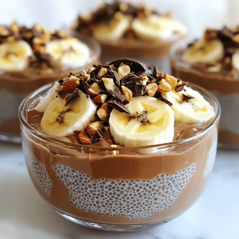 To make delicious Peanut Butter Chocolate Chia Pudding, you need simple and wholesome ingredients. Here’s what you’ll gather: - 1/2 cup chia seeds - 2 cups almond milk (or any dairy-free milk) - 1/4 cup natural peanut butter - 1/4 cup cocoa powder - 1/4 cup maple syrup (adjust to taste) - 1 teaspoon vanilla extract - A pinch of salt - Suggested toppings: sliced bananas, crushed nuts, and extra chocolate shavings These ingredients work together to create a creamy and rich pudding. Chia seeds are tiny but powerful. They absorb liquid and turn into a gel-like texture, perfect for pudding. Almond milk or any milk you prefer adds creaminess. The natural peanut butter gives it a nutty flavor, while cocoa powder brings that chocolate goodness. Maple syrup adds sweetness, and vanilla extract rounds out the flavors. Don’t forget the pinch of salt! It enhances the overall taste. For toppings, feel free to get creative. Sliced bananas add freshness, crushed nuts give crunch, and chocolate shavings add a touch of luxury. Each ingredient plays a role in making this treat not just tasty, but fun to enjoy. First, gather your ingredients. You need chia seeds, almond milk, peanut butter, cocoa powder, maple syrup, vanilla extract, and a pinch of salt. Next, in a mixing bowl, combine the chia seeds and almond milk. Add the peanut butter, cocoa powder, maple syrup, vanilla extract, and salt. Now, whisk the mixture well. Make sure all ingredients blend together. You want to eliminate any clumps of chia seeds or cocoa powder. A good mix is key to a smooth pudding. After mixing, cover the bowl with plastic wrap or a lid. This step is important. Refrigerate for at least 4 hours or overnight. This allows the chia seeds to soak up the liquid and form a pudding-like texture. When you're ready to serve, take the pudding out of the fridge. Give it a good stir to break up any clumps that may have formed. Then, spoon the pudding into individual dishes. You can use small bowls or jars for a fun presentation. For toppings, get creative! Sliced bananas add sweetness. Crushed nuts give a nice crunch, while chocolate shavings provide extra chocolate flavor. Mix and match your favorite toppings for a unique twist. The chilling time is crucial for this recipe. You need at least 4 hours for the chia seeds to absorb the almond milk. If you leave it overnight, the pudding will be even thicker. This waiting time enhances the flavors and creates a creamy texture. Enjoying a well-chilled dessert makes this pudding truly delightful. Mixing your ingredients is key to a smooth pudding. Start by adding your chia seeds, almond milk, peanut butter, cocoa powder, maple syrup, vanilla extract, and a pinch of salt into a bowl. Use a whisk to blend everything. Whisk hard until there are no clumps of chia seeds or cocoa powder. This makes your pudding creamy and rich. Maple syrup is your main sweetener here. If you like it sweeter, add more syrup. Taste as you go. You can also use less if you prefer it less sweet. Just be careful not to lose the chocolatey flavor. If almond milk is not your thing, try other dairy-free milks. Cashew milk, coconut milk, or oat milk work well too. Each adds a unique flavor to your pudding. Adjusting the milk can change the texture slightly, so find what you like best. {{image_2}} You can change the flavor of your pudding easily. Try using almond butter instead of peanut butter. It adds a nice twist. You can also switch sweeteners. Honey or agave syrup works well if you want something different. Each option gives a new taste to your pudding. Toppings can make your pudding even better. Fresh fruit like strawberries or raspberries adds color and taste. You can also use granola for a crunchy texture. Coconut flakes give a tropical feel. Mix and match toppings to find your favorite combination. If you want a vegan pudding, ensure your ingredients are plant-based. Use almond milk or any other dairy-free milk. Check that your peanut butter and sweeteners are vegan. This way, you can enjoy a rich, creamy dessert that fits your diet. To keep your peanut butter chocolate chia pudding fresh, use airtight containers. Glass jars work great. They seal tightly and let you see the pudding inside. Store the pudding in the fridge for up to five days. After that, it may lose taste and texture. You can freeze the pudding if you want to save it for later. To freeze, spoon the pudding into freezer-safe containers. Leave some space at the top, as the pudding will expand. It can stay in the freezer for up to three months. When you want to eat it, move it to the fridge overnight to thaw. You can eat the pudding cold or warm it up. To restore texture, microwave it for about 20 seconds. Stir well and check if it's warm enough. Avoid overheating, as it can change the pudding's creamy feel. Enjoy the rich taste either way! Yes, you can use regular milk in this recipe. It will change the flavor a bit. Almond milk adds a nutty taste, while regular milk gives a creamier feel. The consistency will also differ slightly. It may be thicker with regular milk, but still delicious. This recipe is great for meal prep! It stays good in the fridge for about five days. Just store the pudding in airtight containers. You can enjoy it for breakfast or as a snack anytime. To make it low-calorie, you can swap some ingredients. Use less peanut butter or choose a light version. You can also reduce the maple syrup. Try using a sugar substitute like stevia. These changes help cut down on calories and sugar while keeping it tasty! This blog post covered a tasty chia pudding recipe. We explored key ingredients and steps for perfect texture. You learned customizable options for flavor and sweetness. I shared tips on storage and meal prep for convenience. In summary, this recipe is easy to make and fun to adapt. Enjoy experimenting with toppings and flavors. Happy cooking!