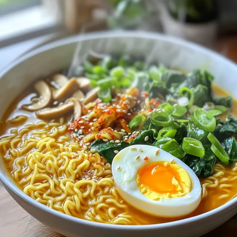 To make these tasty ramen bowls, you need a few key items: - 2 packs instant ramen noodles (discard the seasoning packets) - 4 cups vegetable broth - 4 cloves garlic, minced - 1-2 tablespoons chili paste (adjust to taste) - 1 tablespoon soy sauce - 1 teaspoon sesame oil - 1 cup sliced mushrooms (shiitake or button) - 1 cup fresh spinach leaves - 2 green onions, chopped - 1 boiled egg, halved (optional) - Sesame seeds for garnish These ingredients come together to create a warm and flavorful dish. The garlic and chili paste give it a nice kick. The spinach and mushrooms add great texture and nutrients. You can boost your ramen bowls with some fun extras. Here are a few ideas: - Tofu for added protein - Bean sprouts for crunch - Sliced carrots for sweetness - Seaweed for an umami touch - Fresh herbs like cilantro or basil for brightness Feel free to mix and match these add-ins. They can change the taste and texture of your dish. This way, you can make the ramen your own! Start by heating 4 cups of vegetable broth in a large pot. Use medium heat until it simmers. Add 4 minced garlic cloves and 1-2 tablespoons of chili paste. Stir well, then let it simmer for about 2 minutes. This step lets the flavors mix and grow. Next, stir in 1 tablespoon of soy sauce and 1 teaspoon of sesame oil. Add 1 cup of sliced mushrooms to the pot. Cook for 2-3 minutes until the mushrooms feel soft. Now, it’s time for the noodles! Add 2 packs of instant ramen noodles. Discard the seasoning packets. Cook the noodles according to the package instructions, typically 3-4 minutes. When the noodles are almost done, toss in 1 cup of fresh spinach leaves. Stir gently and let the spinach wilt. This adds color and nutrients to the dish. Once everything is cooked, take the pot off the heat. Grab your favorite bowls and divide the ramen and broth into them. If you like eggs, add a boiled egg, halved. Top each bowl with chopped green onions and a sprinkle of sesame seeds. This not only looks great but adds crunch and flavor. Enjoy your warm and tasty Minute Garlic Chili Ramen Bowls! To make the best ramen, start with good broth. Use fresh vegetable broth for rich taste. Heat it gently so it simmers, not boils. This keeps the flavors intact. Add minced garlic and chili paste early. This helps their flavors shine. Stir well to mix everything. Use a timer to cook the noodles. Follow the package time closely for best results. Overcooked noodles turn mushy. Lastly, add fresh spinach just before serving. This keeps it vibrant and fresh. Adjust the heat to your liking. Start with a small amount of chili paste. You can always add more later. For a milder dish, use just one tablespoon. If you love spice, try two tablespoons. Taste as you go to find your sweet spot. Remember, the garlic adds flavor too. It can balance out the heat. You can also add red pepper flakes for extra kick. This gives you more control over spice levels. Toppings make your ramen bowl special. Green onions add a fresh crunch. Sesame seeds give a nutty touch. A boiled egg adds creaminess and protein. You can also use sliced avocado for richness. Try adding cooked chicken or tofu for extra protein. For a tangy twist, a squeeze of lime works wonders. These toppings boost flavor and make the dish look amazing. Mix and match to find your favorite combo! {{image_2}} You can easily make Minute Garlic Chili Ramen Bowls vegan. Just skip the boiled egg. Use vegetable broth, which is vegan-friendly. All other ingredients are plant-based and packed with flavor. Enjoy the same rich taste without animal products. Feel free to swap ingredients based on what you have. If you lack chili paste, use sriracha or red pepper flakes. Instead of mushrooms, try bok choy or bell peppers. You can also switch soy sauce for tamari for a gluten-free option. These small changes can still create a tasty dish. You can change the flavor of your ramen bowls quite easily. For a tangy twist, add lime juice and cilantro. Want a smoky taste? Use smoked paprika or add some smoked tofu. For a sweeter flavor, try a splash of coconut milk. Each option gives your ramen a unique taste adventure! To store leftover ramen, first let it cool. Place the ramen and broth in separate containers. This keeps the noodles from getting soggy. Use airtight containers for best results. Store in the fridge for up to three days. When it’s time to reheat, add a little water to the broth. This helps bring back the flavor. Heat it slowly on the stove over medium heat. Stir occasionally to ensure even warming. If using a microwave, heat in short bursts. Check often to avoid overheating. For meal prep, cook the broth and store it in the fridge. You can also pre-slice the mushrooms and chop the green onions ahead. Keep the ramen noodles dry until you are ready to cook. This way, you can enjoy a quick meal any day of the week. Yes, you can use many types of noodles. You can try udon, soba, or rice noodles. Each type adds its own taste and texture. Just make sure to adjust the cooking time. Follow package instructions for the best results. The spice level depends on how much chili paste you add. One tablespoon gives a mild kick. Two tablespoons provide more heat. Start small if you’re unsure. You can always add more chili later. Yes, you can make it gluten-free. Use gluten-free ramen noodles instead of regular ones. Check the soy sauce label and opt for a gluten-free version. This way, you can enjoy the dish without worries. If you don’t have vegetable broth, use water. You can also use chicken broth for added flavor. Just remember that using water will make the dish less rich. Add extra seasoning if you use water. Making Minute Garlic Chili Ramen Bowls is simple and fun. We covered key ingredients, step-by-step instructions, and helpful tips. You can customize your dish to fit your taste and save leftovers easily. Ramen offers plenty of ways to enjoy it, whether you prefer vegan options or different flavors. Remember, cooking is about trying new things, so have fun experimenting with your own spin. Enjoy your delicious bowls!