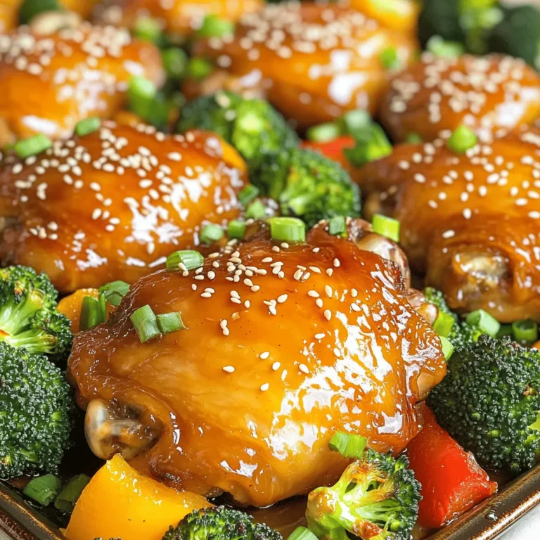 To make Sheet-Pan Sticky Orange Chicken, gather these key items: - 4 boneless, skinless chicken thighs - 1 cup orange juice (freshly squeezed for best flavor) - 1 tablespoon orange zest - 1/4 cup low sodium soy sauce - 2 tablespoons honey - 1 tablespoon sesame oil - 2 cloves garlic, minced - 1 inch ginger, minced - 1 teaspoon red chili flakes (optional for spice) - 2 cups broccoli florets - 1 red bell pepper, sliced - 1 tablespoon corn starch (optional, for thicker sauce) - Sesame seeds and green onions, for garnish You can easily swap some items in this recipe: - Chicken thighs: Use chicken breasts for a leaner option. - Orange juice: Store-bought juice works if fresh isn't available. - Soy sauce: Tamari is a great gluten-free choice. - Honey: Maple syrup can replace honey for a vegan option. - Sesame oil: Olive oil can be used if you don’t have sesame oil. - Broccoli: Cauliflower or green beans can be good substitutes. - Red bell pepper: Any color bell pepper is fine. To prepare this dish, you'll need: - A sheet pan - Parchment paper (for easy cleanup) - A mixing bowl - A whisk for mixing - A small pot for heating the marinade - A meat thermometer to check chicken doneness These ingredients and tools will help you create a flavorful and easy meal that shines on any table. Enjoy making this delightful dish! To start, you need to make the marinade. Grab a bowl and add the orange juice, orange zest, soy sauce, honey, sesame oil, minced garlic, and minced ginger. If you like some heat, add red chili flakes. Whisk all the ingredients until well mixed. This sauce will bring the chicken to life with sweet and tangy notes. Next, take your chicken thighs and put them in a resealable plastic bag or a shallow dish. Pour half of your marinade over the chicken. Make sure the chicken is covered well. This step is key for good flavor. Seal the bag or cover the dish, then place it in the fridge. Let it marinate for at least 30 minutes. For deeper flavor, you can let it sit overnight. After marinating, preheat your oven to 400°F (200°C). Line a sheet pan with parchment paper to make cleanup easy. Place the marinated chicken on one side of the pan. Pour the leftover marinade into a small pot. If you want a thicker sauce, mix corn starch with a little water and add it to the pot. Heat the marinade on medium, stirring until it thickens slightly. In a bowl, toss the broccoli florets and sliced red bell pepper with a bit of oil, salt, and pepper. Spread them out on the other side of the sheet pan next to the chicken. Bake everything in the oven for 25 to 30 minutes. Make sure the chicken reaches 165°F (74°C) inside. Halfway through, brush some thickened marinade on the chicken for extra flavor. Once done, take the pan out and let it rest for a few minutes. Slice the chicken and drizzle extra thickened marinade over it. For a nice finish, add sesame seeds and green onions on top before serving. Enjoy your meal! Marinating makes your chicken juicy and full of flavor. Use a resealable bag for easy coating. Pour half the marinade over the chicken. Seal the bag and shake gently. Let it sit in the fridge for at least 30 minutes. For even better taste, marinate overnight. The longer it sits, the more intense the flavor. Remember to reserve some marinade for later use. This helps to create a rich sauce while cooking. To bake the chicken just right, preheat your oven to 400°F (200°C). This hot temperature helps caramelize the sugars in the marinade. Place the chicken on one side of the sheet pan. Spread the veggies on the other side. This ensures even cooking for both. Bake for 25-30 minutes until the chicken reaches 165°F (74°C). Brush the chicken with the thickened marinade halfway through. This adds more flavor and keeps it moist. For a beautiful presentation, use a large platter. Place the sticky orange chicken in the center. Arrange the roasted veggies around it for color. Drizzle extra thickened sauce over the chicken for a glossy finish. Sprinkle sesame seeds and sliced green onions on top. This adds a nice crunch and fresh taste. Your dish will look as good as it tastes! {{image_2}} You can swap in any vegetables you love. Try carrots, snap peas, or zucchini. These choices add different tastes and colors. You can also use asparagus or bell peppers for a crunchy bite. Just remember to cut them into similar sizes. This helps them cook evenly with the chicken. If you want heat, add more red chili flakes. You can also use fresh jalapeños or sriracha. Mix a bit of sriracha into the marinade for a kick. This gives the dish a nice spicy twist. Be careful not to add too much spice if you prefer mild flavors. For a vegetarian twist, replace chicken with tofu or tempeh. Marinate them just like the chicken for great flavor. You can also use chickpeas if you want protein. Toss in more veggies, like bell peppers or cauliflower, to make it hearty. Just bake until everything is tender and golden. After your meal, let the sticky orange chicken cool. Place it in an airtight container. Make sure to store it in the fridge. Leftovers can last up to four days. Keep the chicken and veggies together for best flavor. To reheat, use your oven or microwave. If using an oven, preheat it to 350°F (175°C). Place the chicken and veggies on a baking sheet. Cover with foil to keep moisture in. Heat for about 15 minutes or until warmed through. In a microwave, place your food in a microwave-safe dish. Heat in short intervals, stirring in between, until hot. If you want to freeze your leftovers, do it right away. Place cooled chicken and veggies in a freezer-safe bag. Squeeze out as much air as possible before sealing. Label the bag with a date. You can freeze them for up to three months. To use, thaw in the fridge overnight before reheating. Yes, you can use many cuts of chicken. Chicken breasts work well, too. They will cook faster, so check them earlier. Bone-in chicken adds flavor but takes longer to cook. Adjust cooking time based on the cut you choose. To thicken the sauce, use corn starch. Mix one tablespoon of corn starch with water. Add this mix to your sauce while heating it. Stir well until it thickens. You can also simmer the sauce longer to reduce it. This will deepen the flavor and make it thicker. Great sides include steamed rice or quinoa. They soak up the sauce well. Roasted or sautéed vegetables like green beans and carrots are tasty too. A simple salad adds freshness and crunch. Choose sides that balance the sweet and savory flavors of the chicken. This blog post covered the key steps for making sticky orange chicken. We talked about ingredients, how to marinate, and cook the dish. I shared tips for a great bake and ideas for variations. Remember to store leftovers properly to enjoy later. This dish is fun to make and serves well. Try it out and adjust as you like. You’ll impress your family and friends with tasty food!