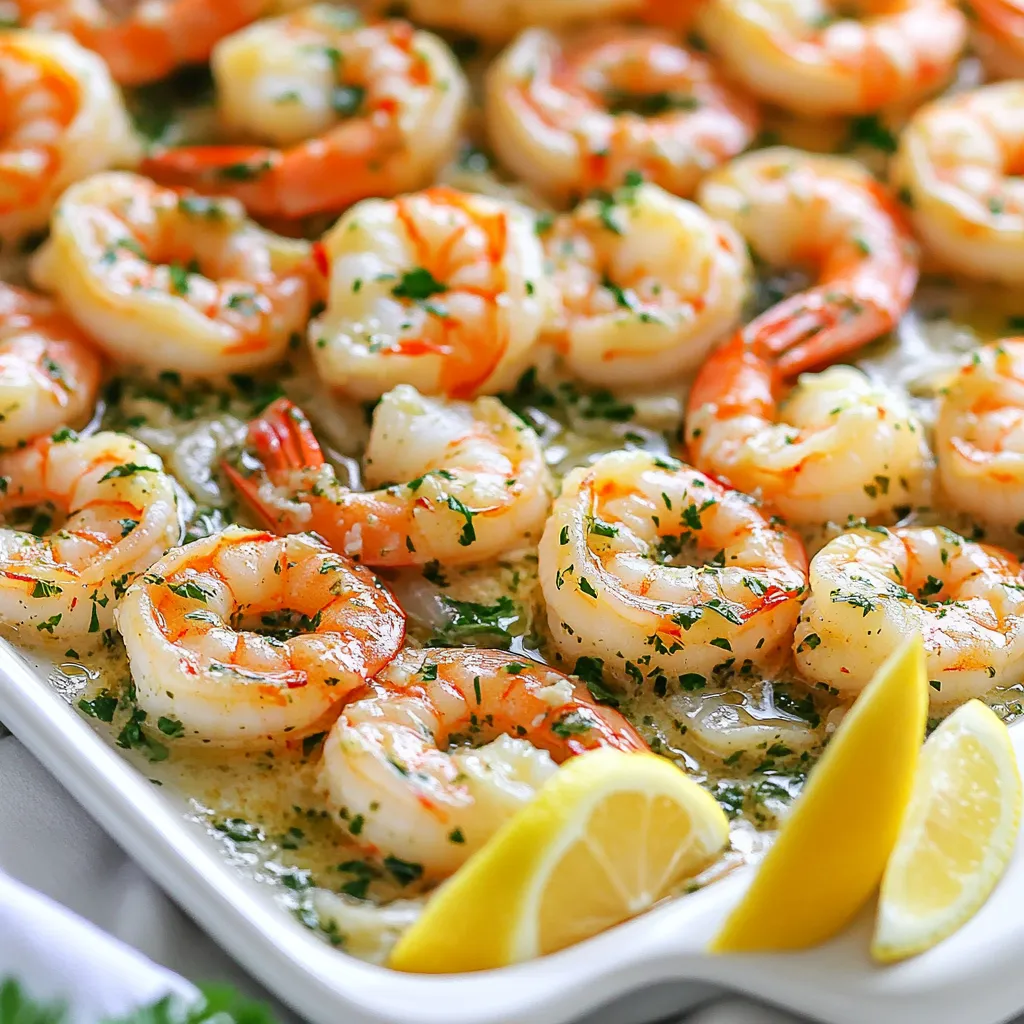 - 1 pound large shrimp, peeled and deveined - 6 cloves garlic, minced - 1/4 cup unsalted butter, melted - 1/4 cup olive oil - 1 teaspoon red pepper flakes (adjust to taste) - 1 lemon, zested and juiced - 1/4 cup fresh parsley, chopped - 1 teaspoon dried oregano - Salt and pepper to taste - 8 ounces linguine or spaghetti - Lemon wedges, for serving The main ingredients in this dish are simple but vital. Large shrimp bring a sweet and tender taste. The garlic adds a strong flavor that pairs well with the shrimp. Butter and olive oil create a rich sauce that coats every bite. Seasonings and additions ignite the dish. Red pepper flakes add a kick, while lemon gives a fresh brightness. Fresh parsley adds color and a mild herb flavor. Oregano rounds out the dish with its earthiness. Don’t forget to season with salt and pepper. This balance enhances the shrimp's natural flavor. Optional ingredients like linguine or spaghetti can turn this dish into a full meal. If you serve it with lemon wedges, it adds a nice touch. You can squeeze fresh lemon juice over the shrimp before eating. This step brightens the dish further and makes it even more delicious. These ingredients together create a delightful meal. You can mix and match based on what you have at home. Feel free to get creative! - Preheat your oven to 400°F (200°C). - In a large mixing bowl, combine garlic, butter, olive oil, and spices. - Add shrimp to the bowl and coat well with the garlic herb sauce. - Spread the shrimp on a sheet pan and bake for 8-10 minutes. - Toss cooked pasta with leftover sauce and serve shrimp over it. - Garnish with parsley and lemon wedges. This recipe is simple and quick. You can have a delicious meal ready in just 20 minutes. The garlic herb sauce adds great flavor. The shrimp cooks fast and stays juicy. You can serve it over pasta or on its own. The fresh lemon and parsley brighten the dish. Enjoy this tasty shrimp scampi any night of the week! - Use large shrimp for best results and even cooking. They cook evenly and look great. - Avoid overcrowding the shrimp on the sheet pan to ensure proper roasting. This helps them brown nicely. - Customize spice levels by adjusting red pepper flakes. More flakes mean more heat! - Add a splash of white wine to the sauce for an extra layer of flavor. It gives the dish a nice zing. - Drizzle with additional olive oil before serving. This adds shine and richness. - Serve directly from the sheet pan for a rustic touch. It makes for a fun and casual meal. {{image_2}} - Use shrimp alternatives like scallops or fish. - Substitute butter for vegan margarine for a dairy-free option. You can easily swap the shrimp for scallops or firm fish. This gives a new flavor and texture. Vegan margarine works well instead of butter. It keeps the dish creamy without dairy. - Experiment with different herbs like basil or thyme. - Add vegetables such as cherry tomatoes or bell peppers to the sheet pan. Herbs change the taste of the dish. Basil or thyme can create a fresh twist. Adding veggies like cherry tomatoes or bell peppers makes it colorful and tasty. They roast well and add sweetness. - Grill shrimp for a smoky flavor if not using a sheet pan. - Prepare on the stovetop for a quicker option. Grilling shrimp gives a nice smoky taste. If you want a faster meal, cook on the stovetop. Just make sure to stir often for even cooking. - Store leftover shrimp in an airtight container for up to 2 days. - Keep pasta separate from shrimp to maintain texture. When you have extra shrimp scampi, make sure you refrigerate it right. Place the shrimp in a clean container. A glass or plastic container works best. Seal it tight. This keeps the shrimp fresh. Remember to eat it within two days for the best taste. If you have pasta, store it separately. This helps keep the pasta from getting soggy. - Freeze cooked shrimp in an airtight container for up to 1 month. - Thaw in the refrigerator before reheating. If you want to save shrimp for later, freezing works great. Use an airtight container to prevent freezer burn. The shrimp can stay frozen for up to one month. When you are ready to eat, take the container out. Place it in the fridge overnight to thaw. This keeps the shrimp safe and tasty. - Reheat in the oven at 350°F (175°C) until warmed through. - Avoid microwave to maintain shrimp's texture. When it’s time to enjoy your shrimp again, use the oven. Set it to 350°F (175°C). Place the shrimp on a baking sheet. Heat until they are warm, about 10 minutes. This method keeps the shrimp juicy. Avoid the microwave. It can make shrimp rubbery. Enjoy your meal just as good as the first time! Yes, you can use frozen shrimp. Just make sure they are thawed and pat them dry before cooking. This helps the shrimp cook evenly and absorb the garlic herb sauce better. I like to place them in the fridge overnight. If you're in a hurry, run them under cold water for a few minutes. Bake the shrimp for 8 to 10 minutes. You want them to turn pink and look opaque. This means they are cooked through. Keep an eye on them so they don't overcook. Overcooked shrimp can turn rubbery, and nobody likes that! Absolutely! Adding vegetables is a great way to make the dish even better. Bell peppers, asparagus, or zucchini work well with this dish. Just chop them into bite-sized pieces and mix them with the shrimp. They will roast nicely and add color and flavor. Enjoy the extra crunch! This dish features simple steps and fresh ingredients for a tasty shrimp meal. You learned to prep large shrimp with garlic, butter, and spices. Remember, don’t overcrowd the shrimp for even cooking. Feel free to change the ingredients, add veggies, or try a different cooking method. With these tips, you can enjoy your meal today and even store leftovers for later. Try it out, and you'll impress everyone at your table. Happy cooking!