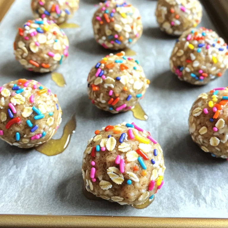 - 1 cup rolled oats - 1 cup vanilla protein powder - 1/2 cup almond butter (or nut butter of choice) - 1/4 cup honey or maple syrup - 1/4 cup unsweetened almond milk (or any milk substitute) - 1/2 cup colorful sprinkles - 1 teaspoon vanilla extract - Pinch of salt These ingredients create a fun and tasty treat. I love using rolled oats as a base. They add great texture and fiber. Vanilla protein powder gives these balls a protein boost. It also adds a sweet touch. You can choose your favorite nut butter, too. Almond butter is my go-to, but any nut butter works well. Honey or maple syrup acts as the sweetener. Both give a nice flavor. Unsweetened almond milk or any milk substitute keeps the mixture moist. The colorful sprinkles make these balls festive and fun. They add a pop of color and joy. Finally, a pinch of salt enhances all the flavors. Each ingredient plays a key part in making these no-bake birthday cake protein balls delicious. It’s a simple list, but together they create a delightful treat you can enjoy anytime. Start by taking a large bowl. Add 1 cup of rolled oats. Then, mix in 1 cup of vanilla protein powder. Make sure to blend them well. This step helps to spread flavors evenly. Next, add in 1/2 cup of almond butter. You can use any nut butter you like. Then, pour in 1/4 cup of honey or maple syrup. This gives sweetness. Add 1/4 cup of unsweetened almond milk and 1 teaspoon of vanilla extract. Don't forget a pinch of salt to enhance the taste. Stir all the wet and dry ingredients together. Now, use a spatula or your hands to mix everything. You want a dough-like consistency. If it feels dry, add a splash of almond milk. If it’s too wet, sprinkle in a bit more oats. Keep mixing until it all comes together. Once mixed, fold in 1/2 cup of colorful sprinkles. Make sure they are spread evenly. Then, refrigerate the mixture for about 15 minutes. This helps it firm up. After chilling, scoop tablespoon-sized portions and roll them into balls. Place them on a parchment-lined sheet. If you want, roll the balls in more sprinkles for fun. Finally, chill them for an extra 30 minutes to set. Enjoy these tasty bites! To get the best texture for your protein balls, focus on moisture. If your mix feels too dry, add more almond milk a little at a time. If it feels too wet, sprinkle in more rolled oats. The right balance makes the balls easy to roll and eat. You can change the flavor with different protein powders or nut butters. Try chocolate protein powder for a richer taste. Sunflower seed butter works well for a nut-free option. Each change adds a fun twist to your protein balls. Enjoy these protein balls straight from the fridge. They make a great snack on the go. You can also pair them with yogurt or fruit for a fun dessert. Roll them in more sprinkles for an extra treat. {{image_2}} You can make these protein balls fit your needs. For gluten-free options, use gluten-free oats. This simple swap keeps the recipe safe for those with gluten issues. For vegan substitutions, swap honey for maple syrup. Also, choose a plant-based protein powder. These changes help everyone enjoy the treat. Want to mix it up? Add chocolate chips, nuts, or dried fruit for new flavors. Chocolate chips bring a sweet touch. Nuts add a nice crunch. Dried fruit gives a chewy texture. Each addition creates a unique twist that makes the protein balls even more fun. Sprinkles are a great way to celebrate. Use seasonal or holiday-themed toppings for a festive flair. For example, red and green sprinkles work well for Christmas. Use pastel colors for Easter. This fun touch makes the protein balls look special and adds to the joy of sharing them. To keep your No Bake Birthday Cake Protein Balls fresh, use airtight containers. They help keep moisture out, which is key. You can store them in the fridge for easy snacking. If you want to save them longer, consider freezing them. Just place them in a freezer-safe bag or container. This way, you can enjoy these treats for weeks. These protein balls can last about one week in the fridge. If you freeze them, they can stay good for up to three months. Just remember to label the container with the date. This helps you track how long they’ve been stored. You don’t need to reheat these protein balls. If you find them a bit hard after freezing, let them sit at room temperature for a few minutes. This helps them soften a bit. If they dry out, a splash of almond milk can help refresh them. Just mix it in lightly. Enjoy your tasty treat! Yes, you can use any nut butter you like. Peanut butter, cashew butter, or sunflower seed butter all work well. Each nut butter adds its own taste. Almond butter gives a nice, mild flavor. Peanut butter adds a richer taste. Experiment to find your favorite! The total time is about one hour. It takes just 15 minutes to mix and prep the dough. Then, you chill it for 15 minutes. Finally, shape the balls and chill again for 30 minutes. This quick recipe fits into any busy day! Yes, you can skip the protein powder. Simply add more oats for texture. You can also use ground flaxseed or chia seeds for added nutrition. The flavor will change a bit, but they will still taste great! Adjust the sweetness if needed. Absolutely! These protein balls are a fun and healthy snack for kids. They are easy to make and packed with good ingredients. The colorful sprinkles make them exciting. Plus, they are a great way to fuel active kids. Enjoy making them together! These protein balls are easy to make and fun to customize. You learned about the key ingredients, step-by-step instructions, and helpful tips. You can personalize these snacks with flavors and ingredients you love. Don’t forget to store them right for freshness. Experiment and enjoy these treats anytime! Healthy snacks can be both tasty and simple. Dive into making them your own and share with friends. These protein balls might just become your new favorite snack!
