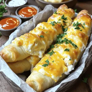 - 2 cups shredded cooked chicken - 1 package (8 oz) cream cheese, softened - 1/2 cup buffalo sauce - 1/2 cup shredded cheddar cheese For these breadsticks, I love using shredded cooked chicken. You can use rotisserie chicken for ease. Cream cheese adds a rich, smooth texture. The buffalo sauce gives a nice spicy kick. I like to mix in shredded cheddar for extra flavor and gooeyness. - 1/4 cup blue cheese crumbles - Fresh parsley for garnish Blue cheese crumbles add a bold taste. If you are not a fan, you can skip it. Chopped parsley makes a fresh, colorful touch on top of the breadsticks. It adds flavor and makes the dish look pretty. - 1 package (1 lb) pizza dough - 1 tablespoon olive oil - 1 teaspoon garlic powder - 1/2 teaspoon onion powder - 1/4 teaspoon salt - 1/4 teaspoon pepper I use pizza dough for a soft and chewy base. Olive oil helps to brown the breadsticks nicely. Garlic powder and onion powder bring out great flavors. A little salt and pepper help balance everything out. This dough is key to making these tasty treats! To make the filling, start with shredded chicken. In a large bowl, mix the chicken with softened cream cheese. Then, add buffalo sauce and stir well. This gives the mixture a spicy kick. Next, fold in shredded cheddar cheese for creaminess. If you like blue cheese, add the crumbles too. This step makes the filling rich and flavorful. Now, let’s roll out the pizza dough. On a floured surface, stretch the dough into a rectangle. Aim for about 1/4 inch thick. This thickness helps the breadsticks cook evenly. Once you have a nice rectangle, cut the dough into strips. Each strip should be about 2 inches wide and 6 inches long. This is where the fun starts! Take a dough strip and place about 2 tablespoons of the buffalo chicken mixture on one end. Carefully roll the dough over the filling. Tuck in the sides as you roll to seal the filling inside. Pinch the ends to keep everything secure. After you finish rolling all the breadsticks, brush the tops with olive oil. This adds a lovely shine and helps them crisp up in the oven. Place the breadsticks on a baking sheet lined with parchment paper. Bake them at 375°F for 15-20 minutes. Watch for a golden brown color. Once done, let them cool for a few minutes. Enjoy your warm, cheesy breadsticks! - Ensuring the perfect dough consistency Use room temperature pizza dough. This makes it easy to roll. If it feels sticky, add a sprinkle of flour. Aim for a smooth surface, about 1/4 inch thick. This will help the breadsticks bake evenly. - How to achieve a golden brown finish Brush the tops with olive oil before baking. This gives them that nice, golden color. Bake them in a preheated oven at 375°F for 15 to 20 minutes. Watch them closely. When they are golden brown, they are ready! - Best dips to serve with breadsticks Serve these breadsticks warm with extra buffalo sauce. Ranch or blue cheese dressing pairs great, too. These dips add extra flavor and creaminess that everyone loves! - Presentation tips for a rustic look Use a basket lined with parchment paper to serve. This adds charm and keeps the breadsticks warm. Garnish with fresh parsley for a pop of color. It makes the dish look fresh and inviting. - Prepare and freeze for later use You can make these breadsticks ahead of time. Stuff and roll them, then place them on a baking sheet. Freeze until solid, then transfer to a bag. They can last up to three months in the freezer. - Reheating instructions for best results To reheat, bake from frozen at 375°F for about 20 to 25 minutes. Check until they’re hot and golden brown. This keeps them crispy on the outside and warm on the inside. {{image_2}} You can spice up your buffalo chicken dip by adding more heat. Use extra buffalo sauce or add diced jalapeños for a kick. To mix up the flavors, try different cheeses too. Instead of cheddar, use Monterey Jack or pepper jack. The creaminess changes the taste and makes it fun. Dip your breadsticks in ranch or blue cheese dressing. Ranch gives a creamy touch, while blue cheese adds a bold flavor. You can also try other sauces like honey mustard or barbecue. Each sauce brings its own twist to your experience. If you need gluten-free options, choose gluten-free pizza dough. Many brands offer tasty choices that work well. For vegetarian friends, swap the chicken with beans or roasted veggies. This way, everyone can enjoy these stuffed breadsticks! To keep your leftover breadsticks fresh, wrap them tightly in plastic wrap or aluminum foil. Place them in an airtight container. This helps keep the moisture in and the breadsticks soft. They can stay fresh in the fridge for up to three days. Make sure to eat them before they dry out! If you want to save breadsticks for later, freezing is a great option. First, let them cool completely. Then, wrap each breadstick in plastic wrap and place them in a freezer-safe bag. They can last in the freezer for up to three months. When you’re ready to eat, take them out and thaw them in the fridge overnight. To reheat, bake them at 375°F (190°C) for about 10-15 minutes. This will make them warm and crispy again. Check your breadsticks for signs of spoilage before eating. If they smell sour or have a strange color, it’s best to throw them away. Also, feel for any slimy texture. Always follow food safety rules to stay safe! Yes, you can use store-bought buffalo chicken dip. It saves time and effort. But homemade dip tastes fresher. Store-bought dips may have less control over spice and flavor. If you love a kick, check the label. Choose one that suits your taste. Shredded rotisserie chicken works best for this recipe. It is already cooked and full of flavor. Just shred the chicken into small pieces. You can use leftover chicken too. Any cooked chicken works well, but rotisserie makes it easy. To make them veggie-friendly, replace chicken with cooked veggies. You can try mushrooms, bell peppers, or spinach. Mix these with the cream cheese and buffalo sauce. This gives you a tasty veggie dip. You can adjust the spices for more flavor. Yes, you can bake them from frozen. Preheat your oven to 375°F (190°C). Place frozen breadsticks on a baking sheet. Bake for about 20-25 minutes. Check if they are golden brown and hot inside. Let them cool a bit before serving. In this post, we explored how to make Buffalo Chicken Dip Stuffed Breadsticks. We covered the main ingredients, along with optional items for extra flavor. I shared step-by-step instructions for preparation, cooking tips, and creative serving suggestions. You can also find ways to store and modify the recipe for different tastes. These breadsticks are a fun and tasty treat. Try them out at your next gathering or snack time!