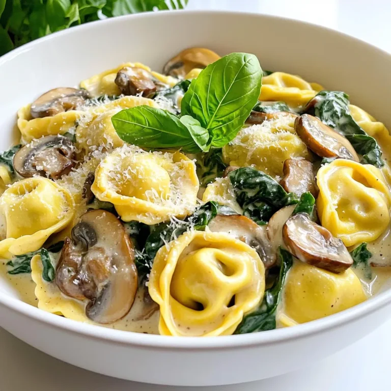 - 10 oz fresh or frozen cheese tortellini - 2 tablespoons olive oil - 1 small onion, finely chopped - 3 garlic cloves, minced - 8 oz button mushrooms, sliced - 4 cups fresh spinach - 1 cup vegetable broth - 1 cup heavy cream - ½ cup grated Parmesan cheese - 1 teaspoon dried Italian herbs - Salt and pepper to taste - Fresh basil leaves for garnish These ingredients create a rich and creamy dish. The tortellini is the star here, soaking up all the flavors. I love using fresh spinach for its vibrant color and taste. The mushrooms add a nice earthiness, while the cream and cheese create a luscious sauce. - 1 cup cooked chicken or shrimp - 1 cup cherry tomatoes, halved - 1 teaspoon red pepper flakes - Fresh lemon juice You can add cooked chicken or shrimp for extra protein. Cherry tomatoes bring a burst of freshness. Red pepper flakes add heat for those who enjoy a spicy kick. A squeeze of lemon juice brightens the dish, balancing the creaminess. - Use coconut cream instead of heavy cream - Replace Parmesan cheese with nutritional yeast - Choose gluten-free tortellini if needed These swaps make the dish friendly for dairy-free and vegan diets. Coconut cream gives a rich texture, while nutritional yeast adds a cheesy flavor without dairy. Gluten-free tortellini ensures everyone can enjoy this meal. Start by heating 2 tablespoons of olive oil in a large pot over medium heat. Add 1 small onion, finely chopped, and sauté it for about 3-4 minutes. You want the onion to become soft and translucent. Next, stir in 3 minced garlic cloves and 8 ounces of sliced button mushrooms. Cook them together for another 5 minutes. This step brings out the great flavors. Now it's time to add 1 cup of vegetable broth to the pot. Bring it to a light simmer. Once it bubbles, gently add 10 ounces of fresh or frozen cheese tortellini. Cook according to the package instructions, usually about 5-7 minutes. As the tortellini cooks, stir in 4 cups of fresh spinach. Let the spinach wilt for about 2 minutes. This adds color and nutrients to your dish. Once the tortellini is cooked, lower the heat. Pour in 1 cup of heavy cream and add ½ cup of grated Parmesan cheese. Stir everything well until the cheese melts, making the sauce creamy. Season with 1 teaspoon of dried Italian herbs, salt, and pepper to your taste. If the sauce seems too thick, add a splash of vegetable broth to reach your desired thickness. Finally, let the pot sit for a couple of minutes before serving. Enjoy a delicious meal! To boost flavor in your creamy mushroom spinach tortellini, use fresh herbs. Fresh basil adds a bright taste. You can also sprinkle some chopped parsley on top. Dried herbs like oregano, thyme, and basil work too. They bring warmth and depth to your dish. Just remember to add them during cooking for the best flavor. When cooking tortellini, follow package instructions for the best results. Use a large pot with plenty of water. This helps prevent sticking. Salt the water to enhance the pasta flavor. Stir gently as it cooks. This keeps the tortellini from clumping together. Taste a piece before draining to ensure it's tender. Garnishing makes your dish look pretty and inviting. Try adding fresh basil leaves on top. They add color and a lovely aroma. You can also sprinkle extra Parmesan cheese for a rich touch. A drizzle of olive oil gives it shine. Serve in deep bowls to show off the creamy sauce. {{image_2}} You can add proteins to your creamy mushroom spinach tortellini for a heartier meal. Chicken works well. Cook diced chicken in the pot before adding onions. Shrimp is another great choice. Add shrimp when you stir in the tortellini to keep them tender. This adds flavor and makes the dish more filling. Feel free to mix in other vegetables. Bell peppers add sweetness and color. Just slice them thin and sauté with the onions. Zucchini adds a nice texture. You can cube it and add it with the mushrooms. This way, you boost nutrition while keeping the dish exciting. If you need gluten-free options, choose gluten-free tortellini. Many brands offer tasty alternatives made from rice or chickpeas. You can also make your own tortellini if you’re feeling adventurous. Just use gluten-free flours to create a dough. This way, everyone can enjoy this creamy delight! To store leftovers, let the tortellini cool down. Use an airtight container to keep it fresh. Place the container in the fridge. It will stay good for 3 to 4 days. If you want to keep it longer, consider freezing it. When you are ready to eat, take the tortellini out of the fridge. Put it in a pot over low heat. Add a splash of vegetable broth or cream to help it heat evenly. Stir often until warm. You can also use the microwave. Heat in short bursts, stirring in between. Ensure it is hot all the way through before serving. To freeze this dish, make sure it is completely cool. Portion it into freezer-safe bags or containers. Remove as much air as you can before sealing. Label the bags with the date. It can stay good in the freezer for up to 3 months. When you're ready to eat, thaw it in the fridge overnight. Reheat it as mentioned above. Yes, you can use frozen tortellini. Just add it directly to the pot. There’s no need to thaw first. It cooks well right from frozen. This saves you time and makes meal prep easier. Just follow the cooking time on the package, usually around 5 to 7 minutes. To add some heat, try adding red pepper flakes. Start with a pinch and taste as you go. You can also add diced jalapeños for a fresh kick. If you like, use spicy sausage instead of the regular one. This adds flavor and warmth to the dish. For a lighter option, use coconut cream. It works well and gives a nice flavor. You can also try using cashew cream for a rich taste. If you want a non-dairy option, almond milk or oat milk can work in a pinch. Just note that they may change the texture slightly. This blog post covered the key ingredients and steps for making creamy mushroom spinach tortellini. I shared tips for flavor and variations to fit your needs. Don’t forget about storage and reheating for leftovers. Cooking should be fun, and this dish is easy to customize. Enjoy making it your own, and savor every bite. Remember, you can always adjust it to your taste or dietary needs. Happy cooking!