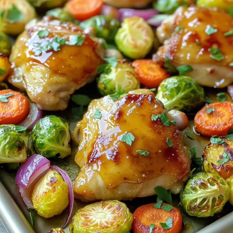 - 4 boneless, skinless chicken thighs - 2 cups Brussels sprouts, halved - 1 cup baby carrots - 1 bell pepper, sliced (any color) - 1 red onion, cut into wedges For the marinade, you will need: - 1/4 cup pure maple syrup - 3 tablespoons Dijon mustard - 1 tablespoon olive oil - 2 cloves garlic, minced - 1 teaspoon fresh rosemary, chopped (or 1/2 teaspoon dried) - 1 teaspoon smoked paprika - Salt and pepper to taste - You can swap vegetables based on what you have. Try zucchini, sweet potatoes, or green beans. - Feel free to add herbs like thyme or oregano. A pinch of cayenne adds heat. - To serve more people, double the chicken and veggies. - For fewer servings, halve the recipe. This dish is easy to scale up or down. First, you need to preheat your oven to 425°F (220°C). This high heat helps cook everything quickly and gives the chicken a nice crust. Next, prepare the marinade. In a medium bowl, whisk together 1/4 cup of pure maple syrup, 3 tablespoons of Dijon mustard, 1 tablespoon of olive oil, 2 minced garlic cloves, 1 teaspoon of chopped fresh rosemary, 1 teaspoon of smoked paprika, and a pinch of salt and pepper. Mix it well until you have a smooth blend. To marinate properly, take 4 boneless, skinless chicken thighs and place them in a large resealable bag or bowl. Pour half of your marinade over the chicken. Make sure each piece is well coated. Seal the bag or cover the bowl tightly. Let the chicken marinate in the fridge for at least 30 minutes. If you want more flavor, you can let it sit for up to 2 hours. While the chicken marinates, prep your veggies. Take 2 cups of halved Brussels sprouts, 1 cup of baby carrots, 1 sliced bell pepper, and 1 red onion cut into wedges. In a large bowl, toss the veggies with the remaining marinade. Make sure they are evenly coated. For even cooking, cut the vegetables into similar sizes. This way, they will cook at the same rate. Now it’s time to arrange your dish on the sheet pan. Line a large sheet pan with parchment paper for easy clean-up. Place the marinated chicken on one side of the pan. Spread the veggies on the other side in a single layer. Avoid crowding them to ensure even cooking. Place the pan in your preheated oven and roast everything for 25 to 30 minutes. The chicken should reach an internal temperature of 165°F (74°C) and the veggies should be tender and caramelized. You may want to broil them for the last 2-3 minutes to add extra crispiness. Once everything is cooked, let the dish rest for about 5 minutes before serving. This helps the juices settle. For a beautiful presentation, you can serve directly from the sheet pan or transfer it to a large platter. Drizzle any remaining pan juices over the dish for added flavor. Garnish with fresh herbs for a pop of color. Enjoy your meal! To make the marinade even better, add some orange juice or a splash of soy sauce. These flavors give a nice twist. You can also try adding a bit of ginger for warmth. Balancing sweetness and tang is key. Use more mustard if you like it tangy, or more maple syrup if you prefer sweetness. To ensure even cooking, cut the veggies to a similar size. This helps them roast at the same rate. Place the chicken and veggies in a single layer on the sheet pan. Use a meat thermometer to check the chicken. The safe internal temperature is 165°F (74°C). This step keeps your meal safe and tasty. For easy sheet pan clean-up, line your pan with parchment paper. It catches drips and makes washing up simple. After cooking, let the pan cool before washing. For storage, use airtight containers. Store leftovers in the fridge for up to three days. This keeps your meal fresh and ready to enjoy again. {{image_2}} You can switch the chicken thighs for other meats. Try turkey thighs for a leaner choice. They cook similarly, so the recipe works well. You could also use chicken breasts. Just remember, they cook faster. So keep an eye on them. For a vegetarian option, use tofu or tempeh. Marinate them just like the chicken. They soak up the flavors well. Another choice is chickpeas; they are hearty and filling. Using seasonal veggies can change the dish's taste. In spring, try asparagus or snap peas. They add a fresh crunch. In summer, use zucchini or cherry tomatoes for bright colors. In the fall, sweet potatoes or butternut squash are perfect. They bring sweetness and warmth. For winter, consider root veggies like parsnips or rutabagas. They roast beautifully and add depth. Spices can really change this dish. Try adding cumin for a warm flavor. Or use curry powder for a fun twist. If you like heat, add red pepper flakes for a kick. You can also play with sauces. Instead of maple syrup, try honey or agave. For a tangy twist, mix in balsamic glaze or soy sauce. Each option gives a unique flavor to your meal. To keep your Maple Mustard Chicken and veggies fresh, store them in an airtight container. This helps lock in flavor and moisture. Place the container in the fridge. Your leftovers will last for about three to four days. For meal prep, you can freeze the chicken and veggies. Let them cool before packing. Use freezer bags or containers for best results. Label them with the date. When ready to eat, thaw them overnight in the fridge. Reheat in the oven at 350°F (175°C) until warmed through. Don't let your leftovers go to waste! Toss leftover chicken into salads or wraps. You can also make a tasty stir-fry with any extra veggies. If you have leftover marinade, use it to create a dipping sauce or glaze for your next dish. Yes, you can use frozen chicken thighs. First, thaw them safely in the fridge overnight. If you're short on time, use the cold water method. Place the chicken in a sealed bag and submerge it in cold water. Change the water every 30 minutes until thawed. Once thawed, marinate the chicken as the recipe directs. Marinate for at least 30 minutes for the best flavor. If you have time, marinate for up to 2 hours. This dish pairs well with a variety of sides. Consider serving it with: - Brown rice or quinoa for a hearty base. - Garlic bread for a crunchy addition. - A fresh green salad for a light touch. - Mashed potatoes for comfort food lovers. These sides will complement the sweet and tangy flavors of the chicken. Check the chicken's internal temperature using a meat thermometer. It should read 165°F (74°C). If you don't have a thermometer, look for these signs of doneness: - The juices should run clear when pierced. - The meat should no longer be pink near the bone. - The chicken should feel firm to the touch. Make sure to test the thickest part of the thigh. Yes, you can prepare this dish in advance. Marinate the chicken and chop the veggies a day before. Store them in the fridge until you're ready to cook. This saves time on busy days. You can also cook the entire dish ahead of time. Just reheat it in the oven at 350°F (175°C) until warmed through. Absolutely! The sweet maple and tangy mustard mix appeal to many kids. If your child prefers milder flavors, reduce the Dijon mustard. You can also swap the veggies for their favorites, like peas or corn. The easy prep makes this recipe fun to cook together as a family. This recipe for Maple Mustard Chicken shows how easy tasty meals can be. We covered key ingredients, marinating tips, and cooking steps. I shared ways to customize flavors and prep for larger servings. Remember, cooking should be fun. Use fresh veggies and spices to make each dish unique. With practice, you’ll create meals your family will love. Now, grab your ingredients and start cooking! Enjoy your delicious creation!