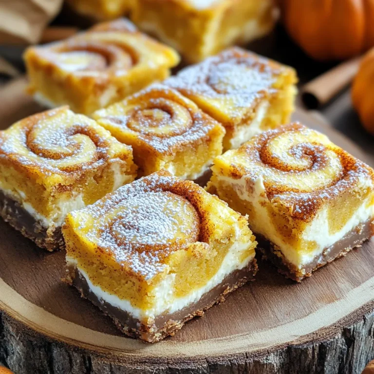 To make delicious pumpkin cinnamon roll blondies, you need the following ingredients: - 1 cup pumpkin purée - 1 cup brown sugar - 1/2 cup granulated sugar - 1/2 cup unsalted butter, melted - 2 large eggs - 2 teaspoons vanilla extract - 1 1/2 cups all-purpose flour - 1 teaspoon baking powder - 1/2 teaspoon baking soda - 1 teaspoon ground cinnamon - 1/2 teaspoon ground nutmeg - 1/4 teaspoon salt - 1/2 cup cream cheese, softened - 1/4 cup powdered sugar - 1 tablespoon milk - 1 teaspoon vanilla extract (for frosting) Fresh pumpkin purée is key. It gives the blondies a rich flavor and moist texture. Canned pumpkin can work, but fresh often tastes better. Use pure pumpkin purée, not pumpkin pie filling. This ensures you control the sweetness and spices. You can take these blondies to the next level with a few optional add-ins: - Nuts: Chopped pecans or walnuts add crunch. - Chocolate: Swirl in dark chocolate chips for added sweetness. - Spices: Try adding ground ginger or cloves for a spicier kick. These enhancements let you customize the flavor. Mix and match to find your perfect blend. Experimenting with spices and add-ins keeps your baking fun and exciting. 1. Preheat the oven: First, set your oven to 350°F (175°C). This helps get the heat just right. 2. Prepare your pan: Grease a 9x9-inch baking dish. You can also line it with parchment paper for easy cleanup. 3. Mix wet ingredients: In a large bowl, combine 1 cup of pumpkin purée, 1 cup of brown sugar, 1/2 cup of granulated sugar, and 1/2 cup of melted butter. Whisk until it looks smooth. 4. Add eggs and vanilla: Crack 2 large eggs into the bowl. Pour in 2 teaspoons of vanilla extract. Whisk again until the mixture is smooth. 5. Mix dry ingredients: In another bowl, sift together 1 1/2 cups of all-purpose flour, 1 teaspoon of baking powder, 1/2 teaspoon of baking soda, 1 teaspoon of ground cinnamon, 1/2 teaspoon of ground nutmeg, and 1/4 teaspoon of salt. 6. Combine mixtures: Gradually fold the dry ingredients into the wet mixture. Be gentle! Mix just until you see no more flour. This keeps your blondies soft and fluffy. 1. Make the cream cheese mix: In a small bowl, blend 1/2 cup of softened cream cheese, 1/4 cup of powdered sugar, 1 tablespoon of milk, and 1 teaspoon of vanilla extract. Mix until smooth. 2. Dollop the cream cheese mix: Pour half of the blondie batter into your prepared pan. Spread it out evenly. 3. Swirl it: Spoon the cream cheese mix on top of the batter. Use a knife to gently swirl it in. Be careful not to overmix; you want a nice marbled look. 1. Pour the remaining batter: Pour the rest of the blondie batter over the cream cheese swirl. Spread it carefully to cover it completely. 2. Bake: Place the dish in the oven and bake for 25-30 minutes. Keep an eye on it! 3. Check for doneness: To see if the blondies are done, insert a toothpick into the center. If it comes out clean, they are ready. If not, bake a few more minutes. 4. Cool down: Let the blondies cool completely in the pan. This makes slicing easier. Once cool, cut them into squares and enjoy! To make the best pumpkin cinnamon roll blondies, follow these tips: - Avoid Overmixing: Mix the wet and dry ingredients just until combined. Overmixing can make your blondies tough. - Ensure Even Baking: Use an oven thermometer to check the temperature. This helps avoid underbaked or overbaked blondies. You want your blondies to look great! Here are some ideas: - How to Decorate and Serve: Dust cooled blondies with powdered sugar for a chic look. - Garnishing Ideas for a Festive Look: Add a drizzle of cream cheese frosting on top. Sprinkle cinnamon for extra flair. Pair your blondies with these tasty options: - Ideal Accompaniments for the Blondies: Serve with a scoop of vanilla ice cream or whipped cream. - Pairing with Drinks or Desserts: Enjoy with a cup of warm spiced chai or apple cider for a cozy touch. {{image_2}} You can change up the flavor of your pumpkin cinnamon roll blondies. Try adding new spices like ginger or cloves. These spices bring a warm and cozy taste to your treat. You can also experiment with frostings. For example, a maple glaze or a simple vanilla icing works great. Each option can give your blondies a fun twist. If you need gluten-free options, use almond flour or a gluten-free blend. This will keep the texture soft and moist. For a vegan version, replace the butter with coconut oil. You can use flax eggs instead of regular eggs. Mix one tablespoon of ground flaxseed with three tablespoons of water. Let this sit for a few minutes. This mix will act as a binder in your recipe. You can make these blondies more festive by adding seasonal flavors. Apples or maple syrup can enhance the taste and aroma. For a holiday theme, consider adding a sprinkle of chopped nuts or cranberries. These add both flavor and a pop of color. Enjoy these twists during fall or winter for a special treat! To keep your pumpkin cinnamon roll blondies fresh, store them in an airtight container. Make sure to let them cool completely before sealing. This prevents moisture buildup and keeps them soft. Use a glass or plastic container with a tight lid for best results. If you have a large batch, you can layer them with parchment paper to prevent sticking. If you want to save some for later, freezing is easy. Cut the blondies into squares and wrap each piece in plastic wrap. Then, place them in a freezer-safe bag or container. They can last up to three months in the freezer. When you're ready to enjoy them, let them thaw in the fridge overnight or at room temperature for a few hours. This keeps their yummy taste and texture. At room temperature, the blondies last about three days. If you store them in the fridge, they can last up to a week. To check freshness, look for any changes in smell or texture. If they feel dry or hard, it’s better to toss them. Enjoy your blondies while they are fresh for the best taste! You can check if your blondies are done by looking for a few signs. First, the edges should be slightly golden brown. The center should look set and not jiggly. Use a toothpick to test the middle. If it comes out clean or with just a few moist crumbs, they are ready. If it has wet batter on it, bake for a few more minutes. Be careful not to overbake, as they can get dry. Yes, you can use canned pumpkin. Canned pumpkin is often more convenient. It can save time and effort. However, fresh pumpkin can give a slightly different taste and texture. Fresh pumpkin may also have more moisture. If you use canned, make sure it is pure pumpkin and not pumpkin pie filling, which has added sugar and spices. Absolutely! You can make these blondies a day or two ahead of time. Just let them cool completely and store them in an airtight container. This helps keep them fresh. If you want to make them even earlier, you can freeze them. Wrap the cooled blondies tightly in plastic wrap, then place them in a freezer bag. They will stay good for up to three months. When ready to serve, thaw them in the fridge overnight. You now have all the tools to make delicious Pumpkin Cinnamon Roll Blondies. From the essential ingredients to baking tips, each step improves your results. Using fresh pumpkin purée brings out the best flavors. Remember, you can tweak the recipes with nuts or extra spices. These blondies are perfect for any season. Store them well and enjoy their taste for days. Baking can be fun and creative. Get ready to impress everyone with your tasty treats!