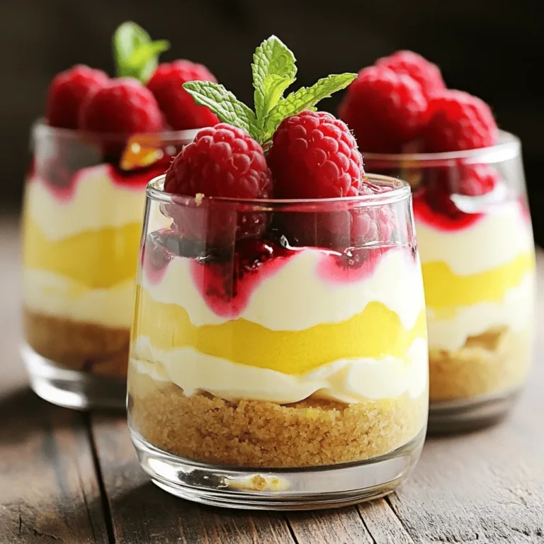 - 1 cup graham cracker crumbs - 4 tablespoons unsalted butter, melted - 8 oz cream cheese, softened - 1/2 cup powdered sugar - 1 teaspoon vanilla extract - 1 lemon, zested and juiced - 1 cup heavy whipping cream - 1 cup fresh raspberries - 2 tablespoons honey (optional, for sweetness) In this recipe, I use simple and fresh ingredients. Graham cracker crumbs make the crust tasty and crunchy. I always melt unsalted butter to bind the crumbs together. Cream cheese gives the parfait its rich and creamy texture. I mix in powdered sugar for sweetness and vanilla extract for flavor. Fresh lemon zest and juice add brightness. Heavy whipping cream is key for a fluffy texture. Fresh raspberries provide vibrant color and flavor. You can add honey for extra sweetness if you like. - Mixing bowls - Electric mixer - Rubber spatula - Serving glasses or bowls To create these parfaits, I recommend using a few handy tools. Mixing bowls help you combine ingredients easily. An electric mixer makes beating the cream cheese quick and smooth. A rubber spatula is great for folding in the whipped cream without losing air. Finally, serving glasses or bowls show off the beautiful layers of your dessert. Having the right tools makes the process easier and more fun. Enjoy crafting these delightful parfaits! To start, grab a bowl. Mix 1 cup of graham cracker crumbs with 4 tablespoons of melted butter. Stir until all crumbs get coated. This mix gives your parfait a nice crunch. Next, press the crumb mixture into the bottom of your serving containers. You can use glasses or small bowls. Make sure to pack it down well. This crust will hold everything together. Now, let’s make the creamy layer. In a separate bowl, beat 8 oz of softened cream cheese with an electric mixer. You want it to be really smooth. Then, add in 1/2 cup of powdered sugar, 1 teaspoon of vanilla extract, and the zest and juice of 1 lemon. Mix everything until it’s well blended. This mixture adds a tangy, sweet flavor to the parfait. Next, we will whip the cream. Take 1 cup of heavy whipping cream and pour it into a clean bowl. Use your mixer to whip the cream until stiff peaks form. This means the cream should hold its shape. Once it’s ready, gently fold the whipped cream into the cream cheese mixture. Be careful not to deflate the cream. It should stay light and fluffy. Now it’s time to layer. Start with a layer of your graham cracker crust at the bottom of each glass. Then, add a layer of the cream cheese mixture. Top it off with a layer of fresh raspberries. Repeat these layers until your glass is full. End with the cream cheese mixture and add a few raspberries on top for a pretty finish. Cover the parfaits with plastic wrap. Place them in the fridge for at least 2 hours. This chilling time helps all the flavors blend. When you are ready to serve, take them out and remove the wrap. For a nice touch, drizzle a bit of honey on top. You can also add a mint sprig for a fresh look. Enjoy your delicious no bake raspberry lemon cheesecake parfaits! - Use cream cheese at room temperature. Cold cream cheese clumps up and does not mix well. - To achieve stiff peaks with heavy cream, whip it until you see peaks hold their shape. This makes the dessert light and airy. - Drizzle honey on top before serving. It adds a nice touch of sweetness. - Garnish with fresh mint sprigs. They make the parfaits look pretty and fresh. - Avoid overmixing the cream cheese mixture. This can make it dense and heavy. - Chill the parfaits long enough. If you don’t chill them, they won’t set properly. Aim for at least two hours in the fridge for the best results. {{image_2}} You can change the flavor of your parfaits by using different berries. Strawberries or blueberries work great. Each berry adds its own taste and charm. Another fun idea is to add a layer of chocolate. You can use melted chocolate or chocolate pudding. This twist makes the dessert richer. If you need a gluten-free option, use gluten-free graham crackers. They taste just as good. You can also swap out sweeteners. Instead of honey, try agave or maple syrup. These options will still give you that sweet touch without using sugar. For a vegan version, try plant-based cream cheese. It works well in this recipe. Use coconut whipped cream instead of heavy whipping cream. This keeps the dessert creamy and light. These changes let everyone enjoy this tasty treat. You can store your No Bake Raspberry Lemon Cheesecake Parfaits in the fridge for up to three days. This time frame keeps the flavors fresh and tasty. To keep them fresh, use airtight containers or cover them tightly with plastic wrap. This way, they won’t absorb other odors in your fridge. If you want to freeze these parfaits, follow these easy steps. First, assemble the parfaits in your serving glasses. Then, cover them with plastic wrap or foil. Place them in the freezer for up to a month. When you are ready to eat, move them to the fridge to thaw overnight. Expect some texture change when they thaw. The crust may become softer, and the cream may lose some fluffiness. However, the flavor will still be delightful! These parfaits last about 3 to 5 days in the fridge. Store them in airtight containers. If you want to freeze them, they can last for about 2 months. However, freezing may change the texture of the cream. Yes, you can make these parfaits a day in advance. This helps the flavors blend well. Just keep them in the fridge until you are ready to serve. You can use crushed cookies or nuts for a crust. Almonds or oats work well for gluten-free options. Try using crushed gluten-free cookies for a tasty alternative. Yes, you can use frozen raspberries. They may be a bit softer than fresh ones. The flavor will still be great, but the texture might change a little. If you use frozen, let them thaw before layering. These no-bake raspberry lemon cheesecake parfaits are simple to make and tasty. We covered the essential ingredients, tools, and step-by-step instructions. Remember to chill them for the best flavor. You can also try different flavors or make them vegan. With these tips, you'll avoid common mistakes and impress everyone. Enjoy creating this treat!