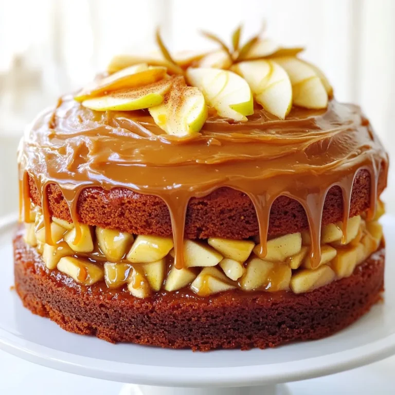 - 2 cups all-purpose flour - 1 teaspoon baking powder - 1/2 teaspoon baking soda - 1 teaspoon ground cinnamon - 1/2 teaspoon salt - 1 cup unsalted butter, softened - 1 cup granulated sugar - 1 cup packed light brown sugar - 3 large eggs - 1 teaspoon vanilla extract - 2 cups apples, peeled, cored, and diced (about 2 medium apples) - 1/2 cup caramel sauce To create this delightful cake, you need simple yet tasty ingredients. The apples give it a soft, moist base. The brown sugar adds a warm, rich flavor that pairs perfectly with the caramel. - 1/2 cup unsalted butter, softened - 1 cup packed light brown sugar - 1/4 cup milk - 1 teaspoon vanilla extract - 2 cups powdered sugar The brown sugar frosting brings a sweet finish. The butter makes it creamy. Adding milk helps to get the right texture. - Thin apple slices - Ground cinnamon - Extra caramel sauce To make it extra special, consider garnishing with thin apple slices and a sprinkle of cinnamon. A drizzle of extra caramel sauce adds an appealing touch too. Food should look as good as it tastes! Start by preheating your oven to 350°F (175°C). Grease and flour two 9-inch round cake pans. In a medium bowl, mix together 2 cups of flour, 1 teaspoon of baking powder, 1/2 teaspoon of baking soda, 1 teaspoon of cinnamon, and 1/2 teaspoon of salt. Set this dry mix aside. In a large mixing bowl, cream together 1 cup of softened butter, 1 cup of granulated sugar, and 1 cup of brown sugar until it’s light and fluffy. Add in 3 large eggs, one at a time, mixing well each time. Stir in 1 teaspoon of vanilla extract. Gradually mix in the dry ingredients until just combined. Finally, fold in 2 cups of diced apples and 1/2 cup of caramel sauce. Divide the batter evenly between the two prepared pans. Bake in your preheated oven for 25 to 30 minutes. To check if they are done, insert a toothpick into the center; it should come out clean. Once baked, allow the cakes to cool in the pans for 10 minutes. After that, transfer them to a wire rack to cool completely. In a saucepan over medium heat, add 1/2 cup of softened butter and 1 cup of brown sugar. Stir until the butter melts and the mixture boils. Remove the saucepan from heat and let it cool for about 5 minutes. After cooling, stir in 1/4 cup of milk and 1 teaspoon of vanilla extract. Whisk until smooth. Gradually add 2 cups of powdered sugar while mixing, until you reach your desired frosting consistency. Once the cakes are completely cool, take one layer and spread a nice amount of brown sugar frosting on top. Place the second layer on top of the first. Now, frost the top and the sides with the remaining frosting. For a sweet touch, drizzle extra caramel sauce on top. You can also decorate with thin apple slices and a sprinkle of cinnamon for a lovely finish. To bake the perfect Caramel Apple Cake, follow these steps: - Use Room Temperature Ingredients: This helps the butter and sugars mix well. - Measure Flour Correctly: Spoon it into the cup and level it off. This prevents a dense cake. - Don’t Overmix: Mix just until combined. Overmixing can make the cake tough. - Check for Doneness: Use a toothpick; it should come out clean to know when it’s ready. For the brown sugar frosting, you want it creamy and spreadable. Here’s how: - Melt Butter and Brown Sugar: Heat them until bubbly, then cool slightly. This helps blend well. - Add Milk Gradually: This ensures you don’t make it too runny. - Whisk in Powdered Sugar: Add it slowly until you reach the right thickness. If it’s too thick, add a bit more milk. Make your cake look as good as it tastes with these ideas: - Decorate with Apple Slices: Thin slices add a fresh look. - Sprinkle Cinnamon: Just a dash on top gives a lovely touch. - Drizzle Extra Caramel: A drizzle on the plate makes it fancy. - Use Decorative Plates: Serve on pretty plates to impress your guests. {{image_2}} You can change the flour for a gluten-free version. Use almond or coconut flour instead. You can also swap the apples for pears or peaches. This keeps the cake fresh and fun. If you want a richer taste, add a splash of maple syrup. It blends well with caramel. Nuts can add a nice crunch. Try walnuts or pecans for a great texture. You can also mix in dried fruits like cranberries or raisins. This adds a sweet twist to each bite. For extra flavor, fold in chocolate chips. They melt and create gooey pockets of joy. Making this cake gluten-free is easy. Use a good gluten-free flour blend. For a dairy-free option, replace butter with coconut oil. Almond milk or oat milk works well for the frosting. You can still enjoy the same great taste with these swaps. Everyone can have a slice, no matter their diet! To keep your caramel apple cake fresh, wrap it well. Use plastic wrap or foil. Store it in the fridge for up to five days. This method keeps the cake moist and tasty. Make sure to cover the frosting too. If you want to store the cake whole, place it in an airtight container. You can freeze your caramel apple cake for later enjoyment. First, let the cake cool completely. Slice it into pieces or leave it whole. Wrap each piece in plastic wrap, then place them in a freezer bag. Label the bag with the date. The cake can stay frozen for up to three months. To thaw, place it in the fridge overnight. When you're ready to enjoy your cake again, reheat it gently. Preheat your oven to 350°F (175°C). Place the cake in the oven for about 10-15 minutes. This warms the cake without drying it out. You can also microwave individual slices for about 15-20 seconds. Enjoy your warm cake with a drizzle of caramel sauce! Yes, you can use different types of apples. I like using Granny Smith for a tart flavor. Honeycrisp adds sweetness and crunch. Feel free to mix them for a balanced taste. Just make sure to peel and core them before dicing. The cake stays fresh for about 3-4 days at room temperature. Store it in an airtight container. If you refrigerate it, it may last up to a week. Just let it reach room temperature before serving for the best taste. Yes, you can make the frosting in advance. Store it in the fridge for up to one week. When ready to use, let it sit at room temperature to soften. Whisk it again for a smooth texture before spreading. If the cake is too dry, you can add more caramel sauce between the layers. This adds moisture and flavor. You can also serve it with whipped cream or ice cream for extra creaminess. If you bake it again, check for doneness earlier to avoid dryness. This blog post covered how to make a delicious caramel apple cake. You learned about the key ingredients, like apples and brown sugar frosting. I shared step-by-step instructions to guide you through baking and assembling the cake. We talked about tips for a perfect bake and tasty variations to try. Lastly, I provided storage methods to keep your cake fresh. Making this cake can be fun and rewarding. Enjoy the process and share it with others!