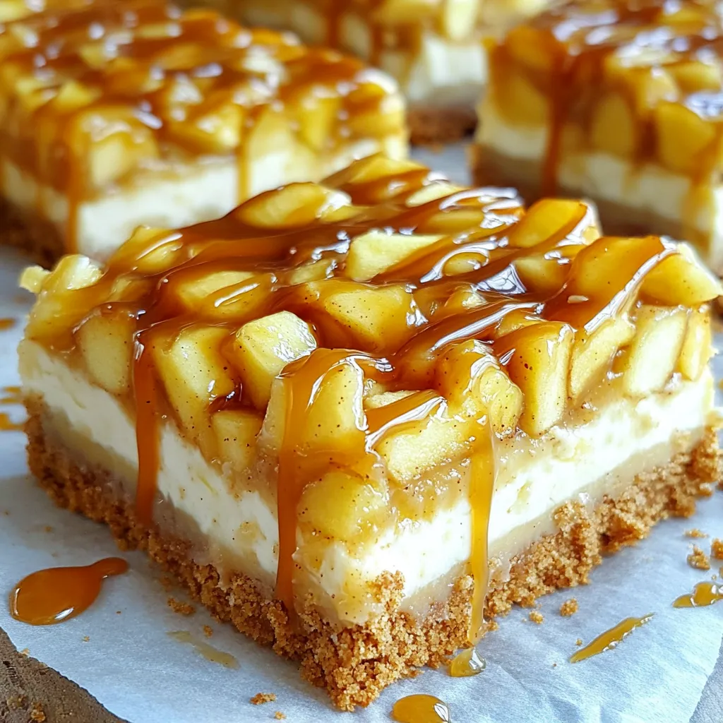 To make caramel apple cinnamon cheesecake bars, you need simple ingredients. Here’s what you’ll need: - 2 cups graham cracker crumbs - 1/2 cup unsalted butter, melted - 1 tablespoon sugar - 1 (8 oz) package cream cheese, softened - 1/2 cup granulated sugar - 1 teaspoon vanilla extract - 1 egg - 2 cups apples, peeled and diced (about 2 medium apples) - 1 tablespoon lemon juice - 1 teaspoon ground cinnamon - 1/4 cup caramel sauce, plus extra for drizzling - Pinch of salt Choosing the right apples makes a big difference. I suggest using tart apples like Granny Smith. They balance the sweet cream cheese and caramel. You could also use Honeycrisp for a sweeter bite. Always peel and dice your apples for even cooking. This way, they mix well with the filling. If you don’t have graham cracker crumbs, you can use crushed cookies. Vanilla wafers or digestive biscuits work well. For a dairy-free option, try vegan cream cheese. You can swap eggs for flaxseed meal mixed with water if you want to make it egg-free. Always taste your filling, and adjust the sugar if needed. Preheating and preparing the baking pan First, preheat your oven to 350°F (175°C). Take an 8x8-inch baking pan and line it with parchment paper. Make sure to leave some paper hanging over the edges. This helps when you want to lift the bars out later. Making the crust and baking In a bowl, mix together 2 cups of graham cracker crumbs, 1/2 cup of melted unsalted butter, and 1 tablespoon of sugar. Stir until it feels like wet sand. Press this mixture firmly into the bottom of the pan. Bake the crust for 8-10 minutes until it turns a light golden color. Once done, take it out and let it cool slightly. Mixing cream cheese and other ingredients In a large bowl, use an electric mixer to beat 1 (8 oz) package of softened cream cheese until smooth. Add in 1/2 cup of granulated sugar, 1 teaspoon of vanilla extract, and 1 egg. Mix these well until they blend together nicely. Incorporating apples and caramel Next, peel and dice 2 medium apples, tossing them in a bowl with 1 tablespoon of lemon juice, 1 teaspoon of ground cinnamon, and a pinch of salt. Gently fold these apple pieces into the cream cheese mixture. Then, pour in 1/4 cup of caramel sauce, stirring lightly to mix it in. Assembling and final baking Pour the apple cream cheese filling onto the pre-baked crust. Smooth the top with a spatula. Drizzle the remaining caramel sauce on top. Use a knife to swirl the caramel through the filling, creating a marbled look. Bake this in the oven for 30-35 minutes. The edges should be set, but the center should still jiggle a bit. After baking, let it cool at room temperature. Refrigerate for at least 4 hours or overnight to set completely. To make a tasty crust, start with fresh graham cracker crumbs. I recommend crushing them well for a fine texture. Mix the crumbs with melted butter and sugar until it feels like wet sand. Press it firmly into the pan. Bake it until golden. This helps to keep the crust firm and adds a nice crunch. The cream cheese needs to be soft before mixing. I suggest letting it sit at room temperature for about 30 minutes. This helps it blend smoothly with sugar, vanilla, and the egg. Mix until creamy and smooth. Fold in the diced apples gently. You want to keep some texture, so don’t overmix. Drizzle the caramel sauce over the filling before baking. Use a knife to swirl gently through the mixture. This creates a beautiful marbled look. Be careful not to mix too much, or you will lose the swirl effect. Just a few gentle strokes is all you need for a stunning finish. {{image_2}} You can switch up the flavors in these cheesecake bars. For a nutty twist, add 1/2 cup of finely chopped nuts. Pecans or walnuts work great. If you love pumpkin spice, mix in 1/2 cup of pumpkin puree. Add 1 teaspoon of pumpkin pie spice to the filling. These changes give the bars a new, fun taste. If you need a gluten-free version, swap the graham cracker crumbs for gluten-free crumbs. You can find these at most grocery stores. Make sure the caramel sauce is also gluten-free. This way, everyone can enjoy these delicious bars without worry. Serve these cheesecake bars chilled for a refreshing treat. Top them with whipped cream for extra creaminess. A sprinkle of cinnamon or additional diced apples can add a nice touch. For a party, cut the bars into small squares. This makes them easy to share and enjoy with friends. To keep your caramel apple cinnamon cheesecake bars fresh, store them in the fridge. Use an airtight container to prevent them from drying out. If you want to keep them longer, wrap them tightly in plastic wrap first. This helps lock in moisture and flavor. Always try to eat them within a week for the best taste. You can freeze these cheesecake bars for up to three months. First, let them cool completely. Then, cut them into squares. Wrap each square in plastic wrap, then place them in a freezer bag. Be sure to remove as much air as you can. When you're ready to eat them, just move them to the fridge to thaw overnight. If you want to warm up these bars, preheat your oven to 300°F (150°C). Place the bars in an oven-safe dish. Cover them with foil to keep them from drying out. Heat them for about 10-15 minutes. You can also enjoy them cold straight from the fridge or at room temperature. Just add a drizzle of caramel sauce to make them extra special! To keep your crust crisp, avoid using too much liquid. Bake it first for 8-10 minutes. This helps set the crust. Always let it cool slightly before adding the filling. You can also use a thicker layer of graham cracker crumbs. This helps absorb moisture from the filling. Yes, you can make these cheesecake bars ahead of time. They store well in the fridge for 3-5 days. Just cover them tightly with plastic wrap. For a longer life, freeze them for up to three months. Thaw them in the fridge before serving. You can add many delicious toppings. Try whipped cream for a light touch. Chopped nuts like pecans or walnuts add crunch. You can drizzle more caramel sauce on top. A sprinkle of cinnamon or a pinch of sea salt can enhance the flavor. Enjoy experimenting with various choices! You’ve learned how to make delicious cheesecake bars from scratch. We covered the key ingredients, specific types, and easy substitutions. The step-by-step guide helps you prepare the crust, mix the filling, and bake perfectly. I shared tips for a great texture and creative variations to try. Finally, we discussed storage methods to keep your treats fresh. Enjoy making these bars and share them with friends or family. Happy baking!