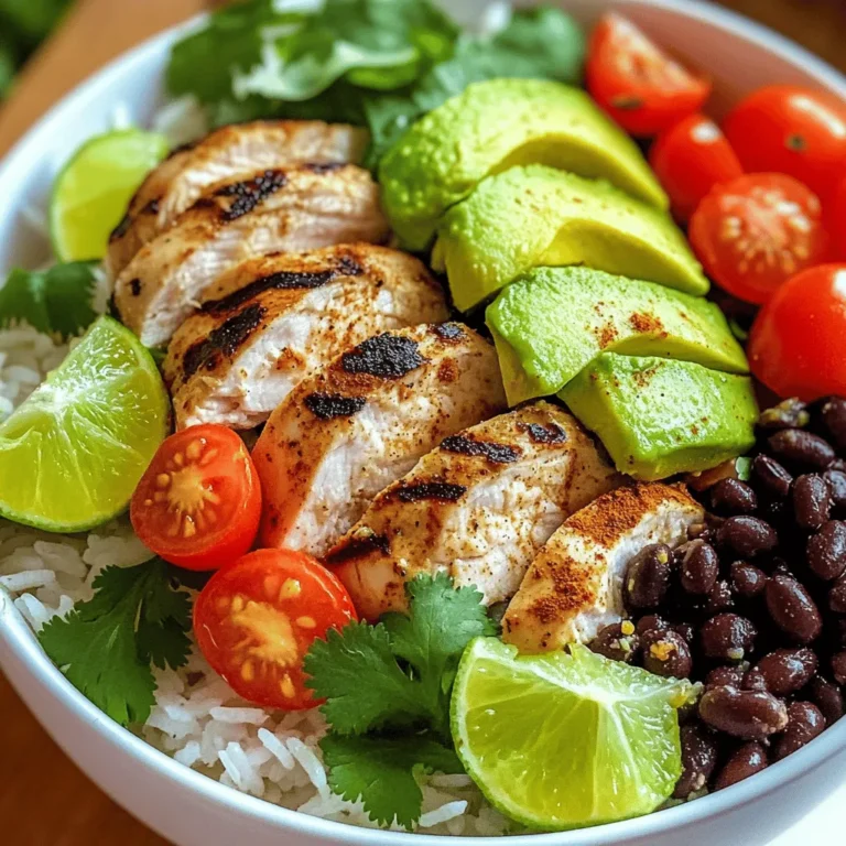 - 2 boneless, skinless chicken breasts - 1 cup jasmine rice - 2 cups chicken broth - 1 tablespoon olive oil - 2 cloves garlic, minced - Zest and juice of 2 limes - 1/2 cup fresh cilantro, chopped - 1 teaspoon cumin - 1 teaspoon chili powder - Salt and pepper to taste - 1 cup cherry tomatoes, halved - 1/2 cup black beans, rinsed and drained - 1 avocado, sliced - Lime wedges for serving The main ingredients come together to create a bright and fresh dish. The chicken provides protein and holds the marinade well. Jasmine rice adds softness and a slight sweetness. Chicken broth ensures the rice absorbs rich flavor. Olive oil helps to sauté the garlic, which adds depth. Lime juice and zest give that zesty kick, while fresh cilantro adds a burst of herbaceous taste. Cumin and chili powder round out the flavor with warmth. - Additional cilantro - Sliced jalapeños - Sour cream or yogurt These optional garnishes can elevate your bowls even more. Extra cilantro adds freshness. Sliced jalapeños provide heat for those who like spice. A dollop of sour cream or yogurt balances the lime's acidity. Feel free to mix and match based on your taste! To marinate the chicken, mix lime zest, lime juice, olive oil, minced garlic, cumin, chili powder, salt, and pepper in a bowl. Add the two chicken breasts, making sure they are fully coated in the marinade. I recommend letting the chicken marinate for at least 30 minutes. If you have more time, marinate it for up to 2 hours in the fridge. This helps the chicken soak in all the great flavors. Start by rinsing one cup of jasmine rice under cold water. Rinse it until the water runs clear. In a saucepan, combine the rinsed rice with two cups of chicken broth. Bring it to a boil, then reduce the heat. Cover and let it simmer for 15 minutes. After cooking, let the rice rest for 5 minutes, still covered. This resting time makes the rice fluffy. Once marinated, heat a grill pan or skillet over medium-high heat. Cook the chicken for about 6 to 7 minutes on each side. The chicken should no longer be pink in the center. To check doneness, use a meat thermometer. The ideal temperature is 165°F. After cooking, let the chicken rest for a few minutes before slicing it. Resting keeps the chicken juicy. To assemble your bowls, start with a layer of fluffy jasmine rice. Next, add sliced grilled chicken on top. Then, sprinkle halved cherry tomatoes, black beans, and sliced avocado. Make sure to create colorful layers. This not only looks nice but also adds different textures and flavors. Finish your bowls by garnishing them with chopped cilantro. Squeeze fresh lime juice over the top for a burst of flavor. Serve the bowls with lime wedges on the side. These add even more zest and a fresh touch to each bite. Enjoy! To boost the taste of your cilantro lime chicken rice bowls, try adjusting the spices. If you like heat, add more chili powder or a pinch of cayenne. For a deeper flavor, mix in smoked paprika or even a dash of chipotle powder. Adding more veggies can also elevate your dish. Consider bright bell peppers, sweet corn, or diced zucchini. These will add color and texture, making your bowls more vibrant and fun. If you want to swap out chicken, consider using shrimp or firm tofu. Both options soak up the marinade well and offer a different taste. For a plant-based meal, tempeh works great too. For rice, jasmine is lovely, but you can use brown rice or quinoa. These grains will add fiber and nutrients while still pairing well with the other flavors. You can grill or use a skillet to cook your chicken. Grilling gives it a smoky flavor and nice char marks. If you use a skillet, you can achieve a great crust with just a little olive oil. To get the best char on your chicken, ensure your grill or skillet is hot. Sear the chicken for 6-7 minutes on each side. Look for a nice brown color to know it’s getting that perfect char. Use a meat thermometer to check for doneness; the center should reach 165°F. {{image_2}} For a vegetarian twist, you can swap chicken for tofu or tempeh. Both options absorb flavors well. To prepare tofu, press it to remove excess moisture. Cut it into cubes and marinate it just like the chicken. Use the same marinade, but consider adding a dash of soy sauce for depth. For tempeh, slice it thin and marinate it as well. Both options take on the tasty cilantro and lime flavors. Cook them in a skillet until golden brown. This gives you a hearty base for the rice bowl. You can easily customize your rice bowls by adding seasonal veggies. Think fresh bell peppers, zucchini, or corn. Just sauté or roast these veggies to enhance their texture and flavor. You can mix and match to suit your taste. Also, consider customizing toppings. For crunchy texture, add sliced radishes or crispy onions. If you love heat, sprinkle on some jalapeños. You can also use different sauces, like sriracha or a creamy dressing, to switch things up. To bring in international flavors, think about adding spices from various cuisines. For an Asian twist, use ginger and sesame oil in your marinade. You can also sprinkle sesame seeds on top for a nice finish. If you prefer a Mexican flair, add smoked paprika or diced jalapeños. You could also mix in some corn and black beans for a more traditional feel. These small changes can turn your cilantro lime chicken rice bowls into a global delight. You can store leftovers in the refrigerator. Place the chicken and rice in a sealed container. They will stay fresh for about three to four days. Keep the chicken and rice separate if possible. This helps maintain texture and flavor. To freeze the components, let them cool first. Place chicken and rice in separate airtight bags. Remove as much air as possible to prevent freezer burn. You can freeze the chicken for up to three months. For the rice, it lasts about one month. To defrost, place in the fridge overnight. You can also use a microwave for quick defrosting. The best way to reheat chicken is in the oven. Preheat your oven to 350°F. Place the chicken on a baking sheet. Heat for about 15 minutes or until warm. For rice, use a microwave. Add a splash of water to keep it moist. Cover the bowl with a damp paper towel. This will help keep the rice fluffy. Remember to taste and adjust seasoning if needed. Marinate the chicken for 30 minutes for good flavor. You can go up to 2 hours in the fridge for even more zest. This time lets the lime and spices soak in. You can use brown rice or quinoa. Both are great options. Brown rice adds more fiber, while quinoa is gluten-free. If you need a low-carb choice, try cauliflower rice. Yes! You can prep these bowls ahead of time. Cook the chicken and rice, then store them in airtight containers. Keep the toppings like avocado fresh until you serve. This makes meal prep easy. To add heat, mix in some jalapeños or red pepper flakes. You can also use a spicy sauce like sriracha. Adjust it to fit your taste and enjoy the extra kick. Consider serving corn salsa or a simple green salad. These sides add freshness. You can also pair it with tortilla chips for crunch. They complement the chicken rice bowls well. In this post, we explored a tasty chicken bowl recipe. We covered key ingredients, step-by-step instructions, and tips to enhance flavor. Remember, marinating the chicken is key for great taste. You can customize your bowls with various toppings and spices. For leftovers, store and reheat properly to keep them fresh. This dish is fun to make and easy to adjust. Enjoy creating your perfect bowl!