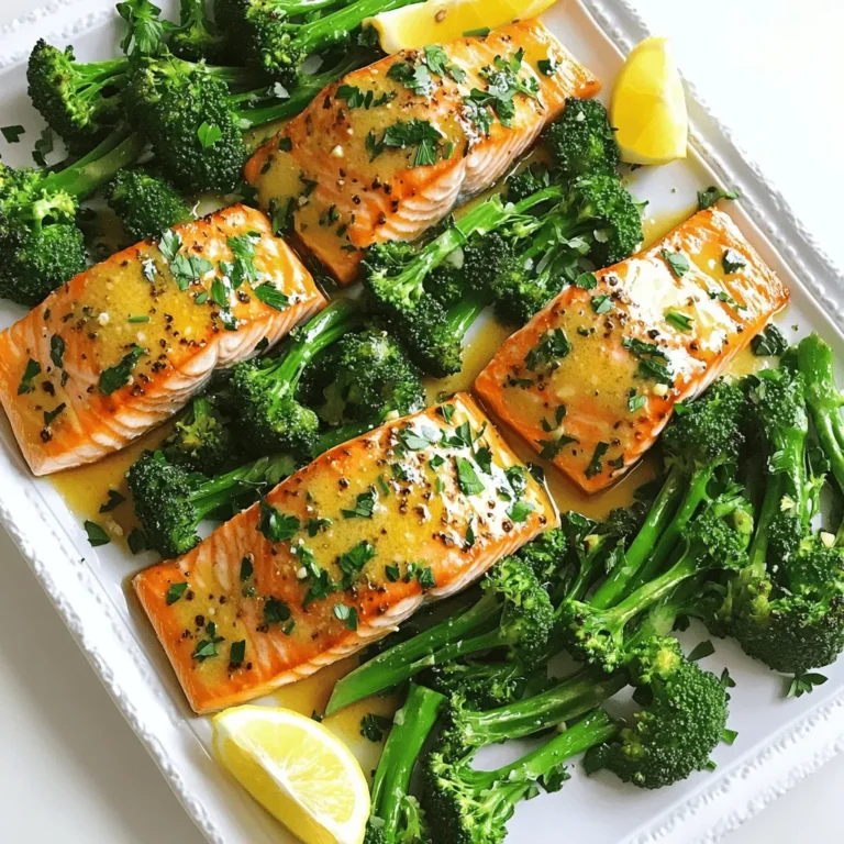 - 4 salmon fillets (about 6 ounces each) - 1 bunch of broccolini, trimmed - 4 tablespoons unsalted butter, melted - 4 cloves garlic, minced The key to this dish is the salmon and broccolini. Salmon is rich in omega-3 fatty acids, great for your health. Broccolini adds a nice crunch and bright color. The melted butter and garlic create a rich sauce that makes everything taste better. - 1 tablespoon fresh lemon juice - Zest of 1 lemon - 1 teaspoon dried oregano - Salt and pepper, to taste The seasoning brings the dish to life. Fresh lemon juice adds brightness. The zest gives a nice citrus flavor. Dried oregano adds depth. Always use salt and pepper to enhance the taste. - Lemon wedges, for serving - Optional garnishes Lemon wedges are a must. They add a fresh kick when served. You can also use fresh parsley or extra lemon zest for a pop of color. This makes your dish look and taste amazing. Start by preheating your oven to 400°F (200°C). This temperature helps the salmon cook evenly. Next, grab a large sheet pan and line it with parchment paper. This step makes cleanup easy and helps prevent sticking. In a small bowl, mix together melted butter, minced garlic, lemon juice, lemon zest, dried oregano, salt, and pepper. Use a whisk to combine these ingredients well. This garlic butter mixture adds rich flavor to your salmon and broccolini. Place the salmon fillets on one side of the lined sheet pan. Ensure they have space between them for even cooking. Brush the garlic butter mixture generously over the salmon. On the other side of the pan, arrange the broccolini in a single layer. Drizzle any remaining garlic butter over the broccolini. Sprinkle with salt and pepper for extra taste. Roast the sheet pan in the preheated oven for about 12-15 minutes. The salmon is done when it flakes easily with a fork. Check the broccolini; it should be tender-crisp. When finished, take it out and squeeze fresh lemon juice over everything for a bright finish. Enjoy your meal! To keep your salmon moist and tasty, brush it with garlic butter before cooking. The butter keeps it juicy. Roast it at 400°F for 12-15 minutes. Check for doneness by using a fork. If it flakes easily, it's done. For the broccolini, roast it alongside the salmon. It should cook for the same time. You want it tender yet crisp. Plating is key to making your dish look great. Place the salmon and broccolini on a white platter. This makes the colors pop. Add lemon wedges for a bright touch. A sprinkle of fresh parsley adds a nice green contrast. Arrange everything neatly for an appealing look. Serve it hot for the best experience. If you don’t have salmon, try trout or cod. Both have a nice flavor and cook well. For the broccolini, you can use asparagus or green beans. These veggies roast nicely and taste great. Seasonal vegetables can add variety. Think about using zucchini or bell peppers in summer. They will make your dish fresh and fun. {{image_2}} You can make this dish even tastier. Try adding spices or herbs. For some heat, add red pepper flakes. Fresh herbs like dill or parsley also work well. They bring a bright flavor. You can also use different citrus options. For instance, swap lemon for lime or orange. Each brings its own unique twist to the dish. Broccolini shines in this recipe, but other vegetables are great too. Asparagus, green beans, or bell peppers add color and flavor. Root vegetables like carrots or sweet potatoes can work too. They add sweetness and texture. You can also use seasonal vegetables. In fall, try Brussels sprouts or squash. In summer, zucchini or corn can be lovely options. You don't have to roast the salmon and broccolini. Grilling adds a smoky flavor that many love. The grill caramelizes the salmon and crisp up the broccolini. Broiling is another choice. It cooks the salmon quickly and gives a different texture. It makes the top crispy while keeping the inside tender. To store your leftover salmon and broccolini, place them in the fridge. Use airtight containers. This keeps the food fresh and safe to eat. Make sure to cool the food to room temperature first. Label the container with the date. You can keep leftovers for up to three days. You have two main options for reheating: the microwave or the oven. The microwave is quick but may not keep the salmon's texture. If you want the best taste, use the oven. Preheat it to 350°F (175°C). Place the salmon and broccolini on a baking sheet. Heat for about 10 minutes. This keeps the flavors intact and warms the food evenly. If you have more leftovers than you can eat, freezing is a great option. Wrap each salmon fillet tightly in plastic wrap. Place the broccolini in a freezer bag. Make sure to remove any air. Label them with the date. You can freeze them for up to three months. When you are ready to eat, thaw the salmon overnight in the fridge. Then, reheat it in the oven for the best results. This method helps maintain the flavors and texture. Cooking salmon on a sheet pan usually takes about 12 to 15 minutes. The exact time depends on the thickness of your salmon fillets. For fillets that are 1 inch thick, aim for 12 minutes. If your fillets are thicker, add a few extra minutes. Always check if the salmon flakes easily with a fork. This shows it is done and ready to eat. Yes, you can use frozen salmon. Just make sure to thaw the salmon fully before cooking. You can do this overnight in the fridge or place it in cold water for quicker thawing. Once thawed, you can follow the same steps as the fresh salmon. The cooking time may be similar, but check for doneness to be sure. Sheet-pan salmon goes well with many sides. Here are some tasty options: - Rice or quinoa for a healthy base - Roasted potatoes for a filling option - A fresh green salad for a light touch - Grilled asparagus for more veggies - Garlic bread for a comforting side Feel free to mix and match these sides to create a meal you love! This recipe offers a simple way to enjoy salmon and broccolini. We explored main ingredients, seasonings, and easy cooking steps. You learned helpful tips for cooking and serving. Try variations to keep meals interesting and fresh! Remember, proper storage keeps leftovers tasty for later. Whether you reheat or freeze, do it right. Enjoy your delicious, healthy dish tonight!