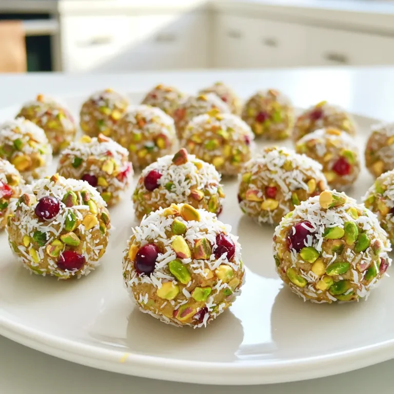 - 1 cup raw pistachios, shelled - 1 cup dried cranberries - 1 cup rolled oats - 1/2 cup almond butter (or any nut butter of choice) - 1/4 cup honey or maple syrup - 1 tsp vanilla extract - 1/2 tsp cinnamon - 1/4 cup unsweetened shredded coconut (for coating) When making No-Bake Pistachio Cranberry Bliss Bites, each ingredient plays a key role. The pistachios give a nice crunch and a rich flavor. Dried cranberries add sweetness and chewy texture. Rolled oats provide a base and help bind everything together. Almond butter, or your choice of nut butter, adds creaminess and healthy fats. Honey or maple syrup sweetens the mix and brings all the flavors together. Vanilla extract offers a warm aroma, while cinnamon enhances the taste. Lastly, shredded coconut adds a delightful coating. - Alternatives for nut butter: You can use peanut butter, sunflower seed butter, or cashew butter. - Options for sweeteners: Agave syrup or brown rice syrup work well if you want a different taste. - Non-dried fruit mix-ins: Try using raisins, chopped dates, or even small pieces of apricot for a fun twist. These substitutions make the recipe flexible and cater to different taste preferences. Feel free to mix and match based on what you have at home! First, chop the raw pistachios. Use a food processor and pulse them. Aim for a fine chop, but keep some pieces chunky. This adds nice texture. Next, measure the other ingredients carefully. You’ll need dried cranberries, rolled oats, almond butter, honey, vanilla extract, and cinnamon. Now, combine the chopped pistachios, cranberries, oats, and nut butter in the food processor. Add honey or maple syrup, vanilla, and cinnamon. Pulse until the mixture is sticky and well blended. Make sure it’s not too smooth; you want some texture. If you need a smoother mix, add a touch more nut butter. To roll the bites, lightly grease your hands with almond butter or coconut oil. Take about a tablespoon of the mixture. Roll it into a small ball. Keep your bites uniform in size for even cooking. Repeat this step until you use all the mixture. Next, spread shredded coconut on a shallow dish. Roll each bliss bite in the coconut until fully coated. This gives a nice look and flavor. Finally, place the coated bites on a parchment-lined baking sheet. Refrigerate them for at least 30 minutes. This helps the bites set well. Enjoy your delicious no-bake treats! Fresh ingredients make a big difference. Always choose high-quality pistachios and cranberries. They add rich taste and nutrients. If you want a twist, add spices like nutmeg or cardamom. These will give your bliss bites a unique kick. For gatherings, present the bliss bites on a colorful plate. You can also use a glass jar for a fun display. Sprinkle crushed pistachios on top for added flair. Pair these bites with herbal tea or sparkling water. The flavors blend well and create a delightful treat. Pistachios and cranberries are superfoods. Pistachios are full of protein, fiber, and healthy fats. Cranberries bring antioxidants and vitamins. Oats provide fiber and keep you full longer. Nut butter adds healthy fats and helps bind the bites together. These ingredients make your snacks both tasty and nutritious. {{image_2}} You can easily add a chocolate layer to your bliss bites. Just melt some dark or milk chocolate. Once melted, dip each bite halfway in the chocolate. Place them on parchment paper to cool. The chocolate adds a rich, sweet touch that pairs well with the pistachios and cranberries. You can also sprinkle sea salt on top for a nice contrast. If you have nut allergies, you can still enjoy these treats. Use sunflower seed butter instead of almond butter. For the pistachios, try pumpkin seeds or sunflower seeds. They give a nice crunch without nuts. The flavor stays rich and tasty with these swaps, so you won't miss the nuts. Want to mix it up? You can add other dried fruits like apricots or raisins. They will add a new twist to the bites. For spices, try ginger or nutmeg. These flavors can brighten the bites even more. Feel free to be creative with what you have at home! To keep your bliss bites fresh, use an airtight container. A glass jar works well. You can also use plastic containers, but glass keeps the bites fresher. Store them in the fridge. This helps maintain their taste and texture. Avoid storing them in warm areas. Heat can make them sticky and spoil faster. How long do bliss bites last? If stored properly, they can last up to one week in the fridge. You can freeze them for longer storage. Frozen bliss bites can last for about three months. Signs of spoilage include a change in smell or texture. If they feel sticky or look dull, it’s best to toss them. Preparing in advance is easy with these bliss bites. Make a big batch and store them. This way, you have a healthy snack ready. You can also freeze them after forming the bites. Place them on a baking sheet to freeze individually. Once frozen, transfer them to a container. This makes snacking quick and easy. Yes, you can use other dried fruits. Try chopped apricots, raisins, or figs. Each fruit adds its own taste and texture. Just make sure they are chopped small enough to blend well. To make these bites vegan, replace honey with maple syrup. This keeps the sweetness and makes it plant-based. Ensure your nut butter has no animal products as well. If the mixture feels dry, add a bit more nut butter or sweetener. This helps bind the ingredients better. You can also add a splash of water or plant milk if needed. Absolutely! Adding protein powder can boost the nutritional value. Start with one to two tablespoons. Blend it in with the other ingredients for a healthy snack. Serve the bliss bites on a nice plate or in a jar. You can add a sprinkle of crushed pistachios on top for color. They also look great next to fresh fruits or a dip. These bliss bites are easy to make and taste great. You only need a few key ingredients, like pistachios, oats, and nut butter. I shared step-by-step instructions to help you in the kitchen. Remember to use fresh ingredients for the best flavor. You can also mix and match flavors to suit your taste. With proper storage, these treats can last a while. Enjoy making and serving them at your next gathering. They are fun, healthy, and sure to please everyone!