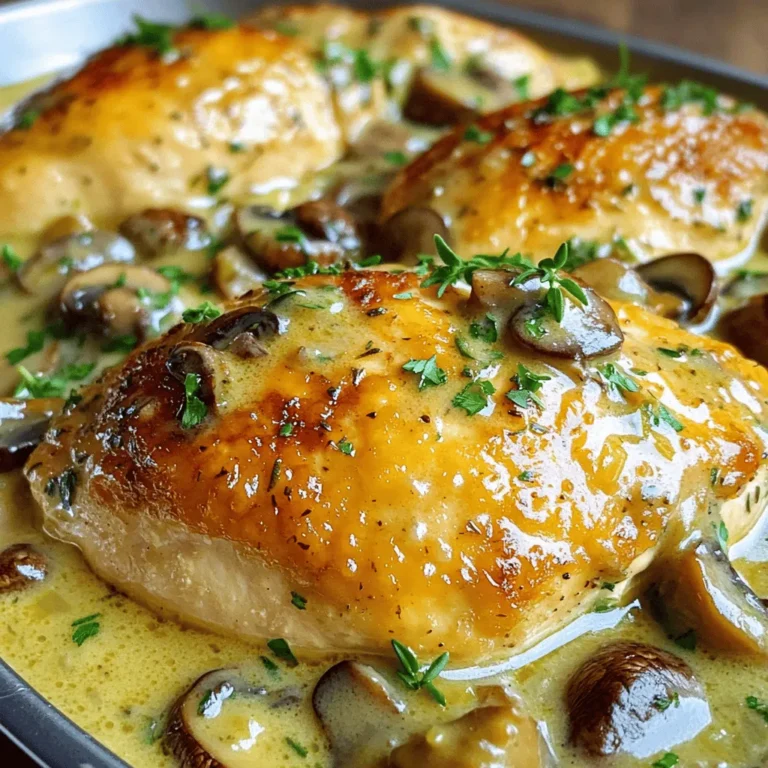 - 4 boneless, skinless chicken breasts - 2 cups mushrooms, sliced (button or cremini) - 1 medium onion, finely chopped - 3 cloves garlic, minced - 1 cup chicken broth - 1 cup heavy cream - 2 tablespoons fresh thyme leaves (or 1 tablespoon dried thyme) - 2 tablespoons olive oil - Salt and pepper to taste - Fresh parsley, chopped When making Creamy Mushroom Thyme Chicken, you’ll want to gather all your ingredients first. This makes cooking smooth and fun. Start with the chicken. I like to use boneless, skinless chicken breasts for their ease and tenderness. Next, pick your mushrooms. Button or cremini mushrooms work great here. They add a nice earthy flavor. Chop a medium onion finely. This adds a sweet taste to the dish. Don't forget the garlic! Mince three cloves. Garlic gives a lovely aroma and depth. Now, for the sauce, you’ll need chicken broth and heavy cream. The broth adds flavor, while the cream brings richness. Thyme is key, too. Fresh thyme leaves are best, but dried thyme will work if that's what you have. Finally, grab olive oil for cooking. You’ll use it to sear the chicken. Salt and pepper will help bring all the flavors together. If you want a nice touch at the end, have fresh parsley on hand. It looks pretty and adds a fresh taste. With all these ingredients, you’re ready to create a tasty dinner that everyone will love! First, season the chicken breasts. Use salt and pepper on both sides. This adds flavor to the meat. Once seasoned, set the chicken aside. Letting it rest helps the flavors soak in. Next, heat olive oil in a large skillet over medium-high heat. Sear the chicken for about 5 to 7 minutes on each side. You want it golden brown. Once done, remove the chicken from the skillet and set it aside. In the same skillet, add the chopped onion and sliced mushrooms. Sauté them for about 5 minutes. You want the mushrooms to soften and the onion to turn translucent. Then, stir in the minced garlic. Cook it for 1 more minute until you smell its wonderful aroma. Now it's time to make the sauce. Pour in the chicken broth. Scrape any bits stuck to the skillet. Let it simmer for about 2 minutes. This helps build flavor. Reduce the heat to low, and stir in the heavy cream and thyme. Allow this mixture to simmer for 3 to 4 minutes. It should thicken slightly. Next, return the seared chicken to the skillet. Make sure to coat it well with the creamy sauce. Let it simmer for another 5 to 7 minutes. This will ensure the chicken is fully cooked and the sauce is creamy. Finally, taste the sauce. Adjust the seasoning with salt and pepper if needed. Your dish is now ready to enjoy! To get that nice golden crust, heat your skillet to medium-high. This helps lock in the juices. Make sure not to overcrowd the skillet. If you add too many chicken breasts, they will steam instead of sear. You want them to have some space to brown well. Want to add more depth to your dish? Consider adding a splash of white wine or a squeeze of lemon juice. These will brighten the flavors. Always taste as you go. This helps ensure the seasoning is just right. A little salt can make a big difference, so adjust as needed. Watch for signs that the sauce is ready. You want it to thicken slightly and coat the back of a spoon. If it seems too thin, you can add more cream to thicken it. Alternatively, if it’s too thick, add a little chicken broth to reach your desired texture. {{image_2}} You can switch chicken breasts with chicken thighs or turkey. Chicken thighs add more flavor and stay juicier. Turkey also works great and is leaner. For a vegetarian twist, try using tofu or extra mushrooms. Tofu absorbs flavors well and gives a nice texture. You can use various mushrooms for this dish. Shiitake, portobello, or oyster mushrooms add unique flavors. If you want a deep taste, opt for dried mushrooms. Just soak them in warm water first to rehydrate. Consider adding veggies to boost nutrition. Spinach, peas, or bell peppers pair well with the creamy sauce. Use seasonal vegetables for freshness. In summer, zucchini or asparagus work nicely. In fall, try adding kale or butternut squash for a comforting touch. To keep your creamy mushroom thyme chicken fresh, use airtight containers. Glass containers work great. They help you see the food and don’t stain. Store chicken in the fridge for up to four days. If you plan to eat it later, freeze it. When reheating, use a low heat setting on the stove. This helps keep the cream nice and smooth. Stir often to avoid lumps. If using a microwave, heat in short bursts. This way, you reduce the chance of the cream separating. To freeze, first allow the chicken to cool completely. Place it in a freezer-safe container. You can also use freezer bags; just remove as much air as you can. This helps prevent freezer burn. When ready to eat, defrost it overnight in the fridge. Reheat gently to enjoy a creamy dish again. Yes, you can prepare this dish ahead. Cook the chicken and sauce, then store them separately. The chicken stays juicy this way. You can make the sauce a day before. Just reheat it before serving. This saves time on busy nights. If you want to save even more time, chop your onions and mushrooms in advance. Store them in the fridge with a bit of lemon juice to keep them fresh. You have many options for sides. Here are some great ideas: - Rice: White or brown rice soaks up the creamy sauce well. - Pasta: Serve it over fettuccine or penne for a filling meal. - Mashed Potatoes: Creamy potatoes match the rich sauce perfectly. - Steamed Vegetables: Broccoli or green beans add color and crunch. - Salad: A fresh green salad balances the richness of the dish. You can use low-fat cream, but the sauce will be thinner. Heavy cream gives a rich and creamy texture. Low-fat options can still taste good but may lack some flavor. If you're cutting calories, try half-and-half for a better balance. It gives a nice creaminess without the full fat. Just keep in mind, the sauce may not be as thick or rich as using heavy cream. This blog post covered a tasty Creamy Mushroom Thyme Chicken dish. We looked at the main ingredients, from juicy chicken breasts to flavorful mushrooms. The step-by-step instructions made cooking easy. Tips on searing and sauce consistency helped enhance flavor. In my opinion, trying variations keeps this dish fresh. Don't be afraid to experiment with different vegetables or proteins. Enjoy cooking and make this dish your own!