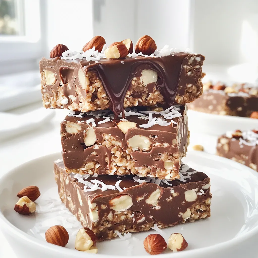 To make No-Bake Chocolate Hazelnut Energy Bars, gather these ingredients: - 1 cup rolled oats - 1 cup hazelnuts, chopped - 1/2 cup almond butter - 1/2 cup cocoa powder - 1/3 cup honey or maple syrup - 1 teaspoon vanilla extract - 1/4 teaspoon salt - 1/2 cup dark chocolate chips (dairy-free if preferred) - 1/4 cup unsweetened shredded coconut (optional) These simple ingredients create a tasty and healthy snack. You can make swaps if needed: - Use peanut butter instead of almond butter for a different taste. - Swap hazelnuts with almonds or walnuts if you prefer. - If you want it sweeter, add a bit more honey or maple syrup. - For a nut-free option, use sunflower seed butter. - Try adding protein powder for an extra boost. These variations let you customize the bars to fit what you like. When choosing your ingredients, keep these tips in mind: - Look for oats that are whole and unprocessed. This gives the best texture. - Choose hazelnuts that are firm and not soft or shriveled. - Select almond butter that has no added sugars or oils. Pure is best. - Pick cocoa powder that is dark and rich for a more intense chocolate flavor. - Opt for honey or maple syrup that is pure and organic if possible. Using fresh ingredients makes a big difference in flavor and nutrition. Start with a large mixing bowl. Add 1 cup of rolled oats and 1 cup of chopped hazelnuts. Mix them well so they spread out evenly. In another bowl, take 1/2 cup of almond butter, 1/2 cup of cocoa powder, 1/3 cup of honey or maple syrup, 1 teaspoon of vanilla extract, and 1/4 teaspoon of salt. Whisk these ingredients together until the mixture is smooth and creamy. Once your wet mix is ready, pour it over the dry ingredients. Use a spatula or spoon to mix well. Make sure everything blends together well. If you want to add 1/4 cup of unsweetened shredded coconut, fold it in gently. Then, add 1/2 cup of dark chocolate chips. Mix again until all ingredients are combined. Line an 8x8 inch baking dish with parchment paper. This step helps with easy removal later. Press the mixture firmly into the dish. Spread it evenly to form a compact layer. Now, place the dish in the refrigerator for at least 2 hours. This helps the energy bars to set. After they firm up, remove the bars from the dish using the parchment paper. Cut them into bars or squares. Store them in an airtight container in the fridge. To make the best no-bake chocolate hazelnut energy bars, use fresh ingredients. Fresh hazelnuts add a nice crunch. Choose high-quality almond butter for a creamier texture. You can also try different sweeteners. Maple syrup gives a rich flavor. Add a pinch of cinnamon for warmth. You can mix in a little sea salt to boost the chocolate flavor. If you want more texture, toss in seeds like chia or flax. These add crunch and nutrients. For a fun twist, try different nut butters. Peanut butter or cashew butter work well too. Serve your energy bars stacked on a nice plate. Drizzle melted dark chocolate over them for a treat. Sprinkle extra chopped hazelnuts on top for a decorative touch. You can also wrap them in parchment paper for a great grab-and-go snack! {{image_2}} You can switch up the nut butter for a new taste. Try peanut butter instead of almond butter. Cashew butter adds a creamy twist. Each nut butter brings a unique flavor to the bars. If you need gluten-free options, use gluten-free oats. This makes the bars safe for those with gluten allergies. You can also swap honey for agave syrup if you want a vegan choice. They will taste just as good! Feel free to add seeds or dried fruits for extra nutrition. Chia seeds or flaxseeds boost fiber and omega-3s. Dried cranberries or raisins add sweetness and chewiness. These add-ins make the bars even more delightful and healthy. To keep your no-bake chocolate hazelnut energy bars fresh, store them in an airtight container. This helps to lock in their taste and texture. Make sure to place a piece of parchment paper between layers. This prevents them from sticking together. Keep the container in the fridge for best results. These energy bars last for about one week in the fridge. If you want to keep them longer, freezing is a great option. Wrap each bar in plastic wrap or foil. Then place them in a freezer bag. They can stay fresh for up to three months in the freezer. When you are ready to eat, just thaw them at room temperature. To maintain their flavor, avoid exposure to heat and moisture. Keep them in a cool area if you are not using the fridge or freezer. If you add coconut, it might get soggy over time. So, eat those bars first if you choose to add it. These simple tips will help you enjoy your energy bars for longer! Yes, you can use different nuts. Almonds, walnuts, or pecans work great too. Just chop them up, and mix them in. Each nut adds a unique flavor and crunch. Feel free to experiment with any nut you enjoy. These energy bars last about one week in the fridge. Store them in an airtight container to keep them fresh. You can also freeze them for up to three months. Just wrap each bar in plastic wrap before freezing. You can use agave syrup, brown rice syrup, or date syrup. Each gives a different taste and texture. Adjust the amount based on your preference. If you want a lower sugar option, try using mashed bananas or applesauce. In this blog post, we explored how to make energy bars. You learned about key ingredients and their substitutes. I shared step-by-step instructions to create tasty bars. We discussed tips for perfecting your recipe and creative flavor variations. You also found advice on storing your energy bars for freshness. In summary, making your own energy bars is easy and fun. Enjoy trying new flavors and sharing with friends! These bars can boost your energy and keep you satisfied.