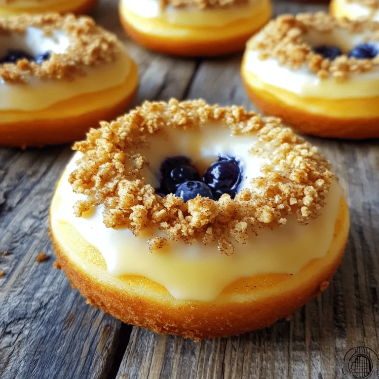 To make Lemon Blueberry Crumble Donuts, gather these simple ingredients: - 1 cup all-purpose flour - 1/2 cup granulated sugar - 1/2 tsp baking powder - 1/2 tsp baking soda - 1/4 tsp salt - 1/2 cup buttermilk - 1 large egg - 1/4 cup unsalted butter, melted - 1 tsp vanilla extract - Zest of 1 lemon - 1 cup fresh blueberries - 1/4 cup rolled oats - 1/4 cup brown sugar - 1/4 cup flour (for crumble) - 1/4 tsp cinnamon These ingredients work together to create moist donuts with a sweet and tangy flavor. The fresh blueberries add bursts of juicy goodness. The lemon zest brightens each bite, while the crumble topping adds a lovely crunch. You can find most of these items in your pantry or local grocery store. When picking blueberries, look for firm, plump ones. They should be deep blue and free from any green spots. Fresh blueberries will make your donuts taste the best! First, set your oven to 350°F (175°C). This temperature helps the donuts rise well. While the oven warms up, grease your donut pan with non-stick spray. This step keeps the donuts from sticking. In a large bowl, take 1 cup of all-purpose flour. Add 1/2 cup of granulated sugar. Now, add 1/2 teaspoon of baking powder, 1/2 teaspoon of baking soda, and 1/4 teaspoon of salt. Whisk everything together until it looks nice and fluffy. This mix creates a good base for the donuts. In another bowl, combine 1/2 cup of buttermilk and 1 large egg. Next, pour in 1/4 cup of melted unsalted butter and 1 teaspoon of vanilla extract. Add the zest of 1 lemon for a bright taste. Whisk these wet ingredients together until smooth. This mix will keep the donuts moist. Now, carefully pour the wet mix into the dry mix. Gently stir until just combined. It’s okay if some dry bits remain. Over-mixing can make the donuts tough. Finally, fold in 1 cup of fresh blueberries. These berries add a burst of flavor to each bite. Take another bowl and mix 1/4 cup of rolled oats, 1/4 cup of brown sugar, 1/4 cup of flour, and 1/4 teaspoon of cinnamon. Add about 1 tablespoon of melted butter. Mix until it forms small crumbs. This crumble will give a nice, crunchy top to your donuts. Spoon the batter into your greased donut pan. Fill each cavity about two-thirds full. This amount allows room for the donuts to rise without spilling over. Evenly sprinkle the crumble mixture over the batter in each cavity. This adds a delightful crunch and extra flavor. Make sure you cover the batter well for the best results. Place the donut pan in the preheated oven. Bake for 15 to 18 minutes. Check if the tops are golden and use a toothpick to test. If it comes out clean, the donuts are ready. After baking, let the donuts cool in the pan for about 5 minutes. Then, transfer them to a wire rack to cool completely. Enjoy them as is, or drizzle a lemon glaze for extra sweetness later. To make fluffy donuts, use fresh baking powder and baking soda. These help the donuts rise well. Avoid over-mixing your batter. Mixing too much makes the donuts dense. Stir just until you no longer see dry flour. This keeps them light and airy. Always mix dry and wet ingredients in separate bowls first. This helps blend the flavors evenly. When you combine them, fold gently. Use a spatula to lift and turn the batter. This technique keeps air in and ensures a soft texture. Use fresh blueberries for the best flavor. Look for firm, plump berries with a deep color. Rinse them gently in cold water. Dry them on a paper towel before adding them to the batter. This prevents excess moisture from making the donuts soggy. Make your crumble topping special by mixing in nuts or spices. Chopped walnuts or pecans add a nice crunch. You can also change the spices. Try nutmeg or ginger for a unique twist. The crumble can be sweet or savory, depending on your taste. {{image_2}} You can switch up the fruit in these donuts. Try raspberries or strawberries instead of blueberries. Both fruits add a new twist. You can even mix fruits for extra flavor. Just keep the same amount of fruit. This way, you still get that yummy taste and texture. A glaze can add sweetness and shine to your donuts. You can make a simple lemon glaze using powdered sugar and lemon juice. Just mix until smooth. You could also try a vanilla glaze. Use vanilla extract in place of lemon juice. This gives a sweet touch that pairs well with the fruit. You can make these donuts vegan by swapping a few ingredients. Use almond milk instead of buttermilk. Replace the egg with a flax egg or applesauce. For a gluten-free option, use a gluten-free flour blend. Make sure the blend has a good rise. This way, everyone can enjoy these tasty treats! To keep your leftover donuts fresh, place them in an airtight container. A simple plastic or glass container works well. You can also wrap them in plastic wrap for extra protection. Store them at room temperature for up to two days. If you want them to last longer, consider refrigerating them. When you're ready to enjoy your donuts again, reheating is easy. Preheat your oven to 350°F (175°C). Place the donuts on a baking sheet and warm them for about 5-7 minutes. This method keeps the texture soft and the crumble topping nice and crunchy. Avoid using a microwave, as it can make the donuts chewy. If you want to save some donuts for a later date, freezing is a great option. First, allow the donuts to cool completely. Then, wrap each one tightly in plastic wrap. Place the wrapped donuts in a freezer-safe bag or container. They can stay in the freezer for up to three months. To enjoy, thaw them in the fridge overnight, then reheat as needed. Yes, you can use frozen blueberries. They will add moisture to the donuts. However, be careful when mixing them in. Stir gently to avoid breaking the blueberries too much. This keeps your batter from turning blue. To make a lemon glaze, mix 1 cup of powdered sugar with 2 tablespoons of lemon juice. Stir until smooth. Adjust the thickness by adding more sugar or juice. Drizzle this glaze over your cooled donuts for a tasty finish. Use a standard 6-cavity donut pan. This size works well for the recipe. A non-stick pan helps the donuts release easily after baking. You can find these pans in most kitchen supply stores. The donuts are done when they turn golden brown on top. You can also insert a toothpick into the center. If it comes out clean, the donuts are ready. This usually takes 15-18 minutes. Yes, you can double the recipe. Just use double the ingredients for each one. Make sure to bake in batches if you don’t have two pans. This way, you can enjoy more lemon blueberry crumble donuts! This blog post covered how to make delicious blueberry donuts. We discussed ingredients, step-by-step instructions, and handy tips. I shared ways to customize your donuts and how to store leftovers. Remember, these easy recipes can bring joy to your kitchen. Enjoy baking and sharing these treats with friends and family. You will love the taste and smell of fresh donuts!