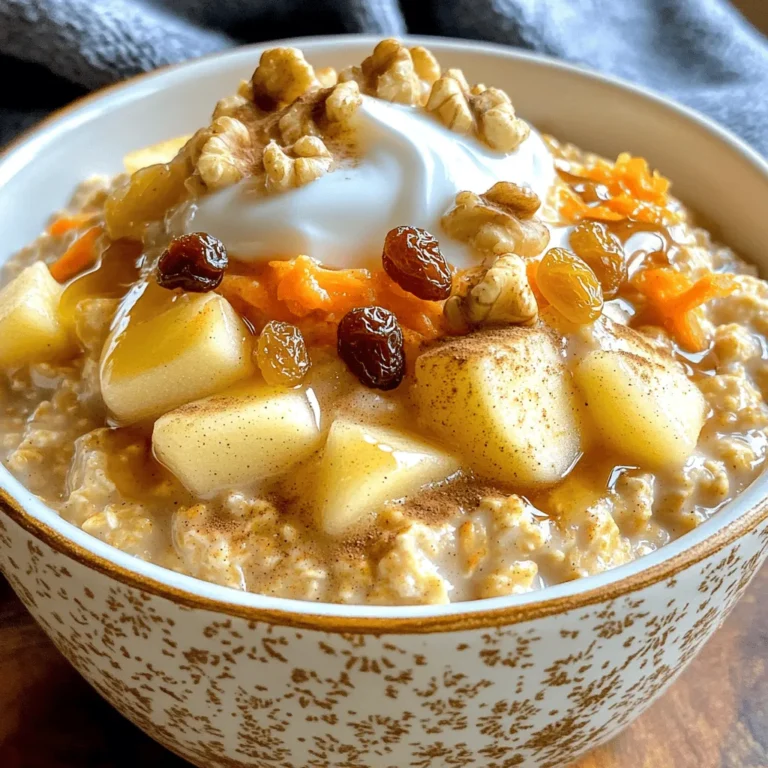 To make Maple Glazed Carrot Cake Oatmeal, you will need: - 1 cup rolled oats - 2 cups water or milk (dairy or non-dairy) - 1 medium carrot, grated - 1/2 cup diced apples (preferably a sweet variety) - 1/4 cup raisins or dried cranberries - 1 teaspoon ground cinnamon - 1/2 teaspoon ground nutmeg - 1/4 teaspoon salt - 2 tablespoons pure maple syrup - 1 tablespoon chopped walnuts or pecans (for topping) - Optional: Greek yogurt or dairy-free yogurt for serving If you lack an ingredient, here are simple swaps: - Use steel-cut oats instead of rolled oats for more chew. - Swap water for almond milk or oat milk for creaminess. - Replace raisins with chopped dates for a sweeter touch. - Use pumpkin spice if you lack cinnamon and nutmeg. - Choose sunflower seeds instead of walnuts for a nut-free option. When picking your ingredients, focus on freshness: - Choose rolled oats with a good smell and no off-color. - Look for firm, unblemished carrots; they should be bright orange. - Pick apples that feel crisp; avoid soft or mushy ones. - Select raisins or cranberries that are plump and moist. - Check nuts; they should smell nutty, not rancid. These tips ensure a tasty and vibrant oatmeal dish. Start by grabbing a medium saucepan. Add 1 cup of rolled oats and 2 cups of water or milk. I prefer milk for creaminess. Place the saucepan over medium heat. Stir gently as it heats. Watch for a gentle boil, which should happen quickly. Once boiling, add the fun stuff! Toss in the grated carrot, diced apples, and raisins. These add sweetness and texture. Next, sprinkle in 1 teaspoon of ground cinnamon, 1/2 teaspoon of nutmeg, and 1/4 teaspoon of salt. Mix well. These spices make it taste like carrot cake! Now, reduce the heat to low. Let it simmer for 5-7 minutes. Stir occasionally to keep it creamy. The oats should soak up the liquid and soften. When it's thick and creamy, stir in 2 tablespoons of pure maple syrup for sweetness. Taste it to see if you want more syrup. If it looks too thick, add a splash of milk. Let it sit for a minute to thicken more before serving. To boost flavor in your Maple Glazed Carrot Cake Oatmeal, use spices. Ground cinnamon gives warmth and sweetness. Nutmeg adds a nice depth. You can also try ginger for a spicy kick. Start with the amounts in the recipe. Adjust to your taste as you cook. A pinch of allspice can also create a unique twist. Remember, spices can change the whole dish! Sweetness is key in this oatmeal. The recipe calls for two tablespoons of maple syrup. This amount works well, but you might want more or less. Taste your oatmeal before serving. If it needs more sweetness, add more syrup. For a different flavor, consider honey or agave syrup. You can also use mashed banana for natural sweetness. Each option brings its own charm to the dish. A beautiful presentation makes meals more enjoyable. Serve the oatmeal in vibrant bowls for a pop of color. Top with chopped walnuts or pecans for crunch. A dollop of Greek yogurt adds creaminess and looks great. You can also sprinkle some extra cinnamon on top. For added fun, place a few slices of apple on the side. These simple touches elevate your breakfast and make it feel special. {{image_2}} You can easily make this oatmeal gluten-free. Just use certified gluten-free oats. For a dairy-free version, use almond milk, oat milk, or coconut milk instead of regular milk. Both options taste great and keep the dish creamy. Get creative with toppings! You can add fresh fruit like bananas or berries for a burst of flavor. Chia seeds or flaxseeds add nutrition and crunch. Try coconut flakes or even dark chocolate chips for a sweet twist. Each topping brings a new taste to your bowl. You can change this recipe with the seasons. In spring, add fresh strawberries or rhubarb. During summer, mix in peaches or plums. Fall is perfect for pumpkin puree and spices like ginger. In winter, try adding dried fruits like apricots or figs for warmth and comfort. Each season gives you a new way to enjoy your oatmeal. To keep your Maple Glazed Carrot Cake Oatmeal fresh, let it cool down first. Once cool, transfer it to an airtight container. Store it in the fridge for up to three days. Keeping it sealed helps prevent it from drying out. You can also place a piece of plastic wrap over the top before sealing for extra freshness. When you’re ready to eat your oatmeal again, scoop out a portion and place it in a bowl. Add a splash of water or milk to help it rehydrate. Microwave it on high for one to two minutes. Stir halfway through to heat evenly. You can also reheat it on the stove over low heat, stirring until warm. If you want to keep it longer, consider freezing your oatmeal. Portion it into freezer-safe containers. It can last up to three months in the freezer. When you want to enjoy it, thaw it overnight in the fridge. Reheat it as mentioned before. This way, you can enjoy a warm, tasty breakfast even on busy days! Yes, you can use quick oats. They cook faster than rolled oats. Quick oats will give a softer texture. Just reduce the cooking time to about 1-2 minutes. This helps keep the oatmeal creamy. To make this oatmeal vegan, swap dairy milk for a plant-based milk. Almond, oat, or soy milk works well. Use maple syrup for sweetness, which is already vegan. You can also skip yogurt or choose a plant-based yogurt. You can add many fruits for extra flavor. Bananas, berries, or pears are great choices. Diced peaches or mango also work well. Feel free to mix and match to find your favorite. This blog post covered everything you need to make delicious Maple Glazed Carrot Cake Oatmeal. We listed key ingredients, offered smart substitutes, and shared tips for picking fresh produce. You learned step-by-step instructions, cooking tips, and ways to boost flavor. We highlighted gluten-free and dairy-free options, plus storage practices for your tasty leftovers. In short, this oatmeal recipe is flexible and fun. Enjoy trying all the variations and flavors. It's a tasty treat for any time of the year!