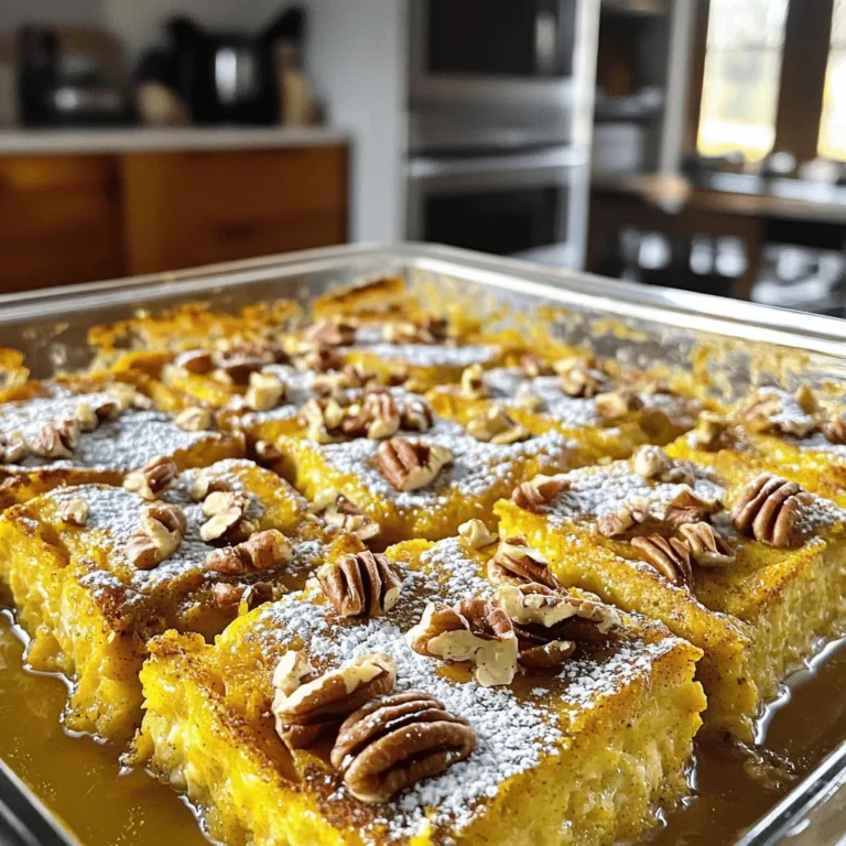 To make a great Pumpkin Spice French Toast Casserole, gather these key ingredients: - 1 loaf of challah bread, cut into 1-inch cubes - 4 large eggs - 2 cups milk (dairy or non-dairy) - 1 cup pumpkin puree - 1/2 cup brown sugar - 1 teaspoon vanilla extract - 1 tablespoon pumpkin spice mix (or a mix of cinnamon, nutmeg, and ginger) - 1/2 teaspoon salt These ingredients combine for a creamy and spiced flavor that makes this dish so special. The challah bread adds a soft texture that soaks up all the goodness. You can make this casserole even better with some optional add-ins: - 1/2 cup chopped pecans - Chocolate chips - Raisins or dried cranberries Adding chopped pecans gives a nice crunch. Chocolate chips add sweetness, while raisins bring a chewy texture. Feel free to mix and match based on what you like. If you want a vegan version, swap out a few ingredients: - Use 4 flax eggs instead of regular eggs (1 tablespoon ground flaxseed mixed with 2.5 tablespoons water for each egg) - Use almond milk, oat milk, or coconut milk instead of dairy milk - Replace brown sugar with coconut sugar These swaps keep the recipe tasty and friendly for everyone. You won’t lose the rich flavor or creamy texture, and it will still be delightful! First, set your oven to 350°F (175°C). This temperature will cook the casserole evenly. Next, take a 9x13 inch baking dish and grease it well. You can use butter or cooking spray. This step keeps the casserole from sticking. In a large bowl, crack four large eggs. Add two cups of milk, either dairy or non-dairy. Mix in one cup of pumpkin puree for that great fall flavor. Then, pour in half a cup of brown sugar. This adds a nice sweetness. Don’t forget one teaspoon of vanilla extract. Finally, stir in one tablespoon of pumpkin spice mix and half a teaspoon of salt. Whisk it all together until smooth. Now, take your loaf of challah bread and cut it into one-inch cubes. Gently add the bread cubes into the egg mixture. Use a spatula to fold the bread into the mixture. Make sure each piece gets coated well. If you want some crunch, fold in half a cup of chopped pecans. Pour the bread and egg mixture into the greased baking dish. Spread the mixture out evenly. Cover the dish with aluminum foil. Let it sit for about 20-30 minutes. This soaking time helps the bread absorb the flavors. After soaking, uncover the dish and place it in the oven. Bake for 45-50 minutes. You know it’s done when the top is golden brown and the casserole is set. Let it cool for a few minutes before you serve it. To get the best flavor, soak the bread well. After mixing the egg and pumpkin, fold in the bread gently. Make sure each piece is coated. Cover the dish and let it sit for 20-30 minutes. This helps the bread absorb all those tasty flavors. For a beautiful top, bake the casserole uncovered. This allows it to brown nicely. Keep an eye on it during the last 10 minutes. If it looks dark but is not set, cover it with foil. This way, you avoid burning while the inside cooks. Cut the casserole into squares for serving. Drizzle warm maple syrup on top for sweetness. A sprinkle of powdered sugar adds a nice touch. If you want extra creaminess, add a dollop of whipped cream. Serve it warm to enjoy the best flavors! {{image_2}} You can use different types of bread for your casserole. Challah is soft and sweet, but other options work too. Try brioche for a rich flavor. Sourdough adds a nice tang. Whole wheat gives a hearty touch. Gluten-free bread is also an option for those who need it. Pumpkin spice is great, but you can mix it up! Add more cinnamon for a warm kick. Nutmeg brings a cozy feel. Consider cardamom for a unique twist. For extra sweetness, toss in some chocolate chips or dried fruit. These flavors can make your casserole special. To make this dish gluten-free, choose gluten-free bread. There are many brands available. You can also use cornbread for a different taste. Just make sure all other ingredients are gluten-free. This way, everyone can enjoy your casserole without worry. To keep your pumpkin spice French toast casserole fresh, let it cool first. Once cool, cover it tightly with plastic wrap or aluminum foil. You can also use an airtight container. Store it in the fridge for up to three days. If you want to enjoy it later, freezing is a great option. When you’re ready to eat the leftovers, take the casserole out of the fridge. Preheat your oven to 350°F (175°C). Place the casserole in an oven-safe dish. Cover it with foil to prevent drying out. Heat it for about 20-25 minutes. For a bit of extra warmth, you can microwave individual pieces for about 30 seconds, checking to see if it's warmed through. To freeze the casserole, cut it into portions. Wrap each piece tightly in plastic wrap, then place them in a freezer bag. Be sure to label the bag with the date. The casserole can stay in the freezer for up to three months. When you’re ready to eat, thaw it in the fridge overnight. Then reheat it as mentioned above. Enjoy your cozy treat anytime! Yes, you can prepare this casserole the night before. Just mix the ingredients and pour them over the bread. Cover it and place it in the fridge. This allows the bread to soak overnight. In the morning, just pop it in the oven. It saves time and makes mornings easier. If you don't have challah, you can use brioche or any thick bread. French bread also works well. Just make sure the bread is sturdy enough to hold the egg mixture. This helps to get a nice texture in the casserole. The casserole can last up to four days in the fridge. Just store it in an airtight container. When ready to eat, you can warm it up in the oven or microwave. This makes for an easy breakfast or snack! Yes! You can use non-dairy milk instead of regular milk. Almond milk or oat milk works great. You can also use a dairy-free butter for greasing the dish. This way, everyone can enjoy this tasty casserole. This blog post walks you through making a tasty Pumpkin Spice French Toast Casserole. We covered key ingredients, step-by-step instructions, and helpful tips. I shared variations, storage methods, and answered common questions. This casserole is easy to make and fun to share. Don't be afraid to get creative with flavors or ingredients. Enjoy every bite of your delicious creation!